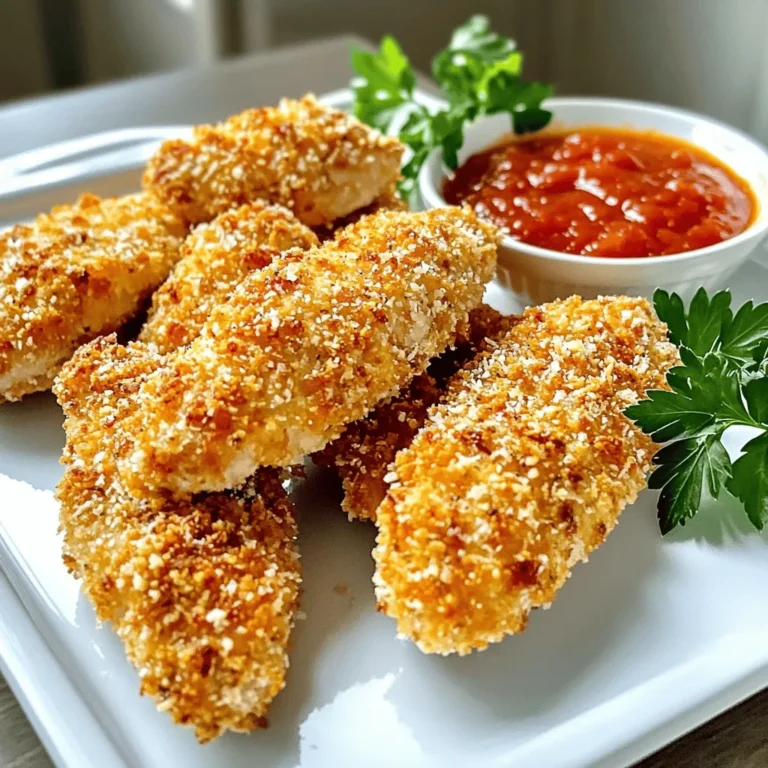 - 1 pound chicken tenders - 1 cup panko breadcrumbs - 1/2 cup freshly grated Parmesan cheese The main components of this dish are simple yet crucial. Chicken tenders serve as the protein base, providing a tender, juicy bite that pairs perfectly with the crispy coating. I always choose panko breadcrumbs for their light texture and crunch. The freshly grated Parmesan cheese adds a rich, savory layer that enhances the flavor. - 1 teaspoon garlic powder - 1 teaspoon onion powder - 1 teaspoon dried Italian seasoning - Salt and freshly ground black pepper Seasonings transform ordinary chicken into something special. Garlic powder lends a warm, aromatic touch. Onion powder adds sweetness and depth. Dried Italian seasoning gives a hint of herbs that ties everything together. Don’t forget to use salt and freshly ground black pepper to bring out all the flavors. - 2 large eggs - 1 tablespoon Dijon mustard - Cooking spray or olive oil for greasing Binding ingredients are essential for holding the coating onto the chicken. Eggs create a sticky surface that helps the breadcrumbs adhere. Adding Dijon mustard gives a subtle tang that complements the chicken. Finally, using cooking spray or olive oil ensures your tenders bake up nice and crispy. For the complete recipe, check the Full Recipe section. - Preheat the oven to 425°F (220°C). - Line a baking sheet with parchment paper. This makes cleanup easy and keeps the tenders from sticking. - In a shallow dish, combine 1 cup of panko breadcrumbs, 1/2 cup of grated Parmesan cheese, 1 teaspoon of garlic powder, 1 teaspoon of onion powder, 1 teaspoon of dried Italian seasoning, and salt and pepper. Mix it well. - In another shallow bowl, whisk together 2 large eggs and 1 tablespoon of Dijon mustard. This will bind the coating to the chicken. - Take each chicken tender and dip it into the egg mixture. Make sure to let the excess drip off. - After that, coat the tender in the breadcrumb mixture. Press gently to ensure it sticks. Lay the breaded tenders on the prepared baking sheet. - Lightly spray or drizzle olive oil on top of the chicken tenders. This helps them crisp up nicely. - Bake for 15-20 minutes. Check for a golden brown color and an internal temperature of 165°F (74°C). - For an extra crunch, you can broil the tenders for the last 2-3 minutes. Just watch closely so they don’t burn. These steps will give you oven-baked crispy Parmesan chicken tenders that are sure to impress. For the full recipe, please refer to the above section. To get that perfect crunch, use panko breadcrumbs. They are lighter and crispier than regular breadcrumbs. This gives your chicken tenders a delightful texture. Lightly oiling the tenders helps too. A quick spray of cooking oil or a drizzle of olive oil keeps the breading from getting soggy and promotes golden-brown color. Want more flavor? Try adding spices like smoked paprika or cayenne pepper. These can bring a nice kick to your chicken. You can also mix in some herbs, like dried oregano or thyme, for extra taste. Pair your chicken tenders with dipping sauces. Marinara sauce or honey mustard work great. They add a nice touch and complement the flavors well. When serving, arrange the chicken tenders on a nice platter. You can place a small bowl of sauce next to them for dipping. A sprinkle of fresh parsley or basil on top adds color and a fresh aroma. This makes the dish look appealing and inviting. For a fun twist, serve them with crunchy veggies or a side salad for a complete meal. {{image_4}} You can change the texture by using different breadcrumbs. Regular breadcrumbs make a fine coating. Panko breadcrumbs, however, give a crunchier texture. You can also spice up the breading. Adding herbs like oregano or basil brings fresh flavor. You could even try a dash of paprika for a subtle kick. Chicken tenders are great, but you can switch things up! Chicken breasts or thighs work well too. They offer a bit more juiciness. If you want a vegetarian option, try using tofu. Press the tofu to remove moisture, then cut it into strips. This makes for a solid base to soak up all those delicious flavors. Don’t be afraid to play with flavors! Different cheeses can add a unique twist. Try using mozzarella or cheddar for a gooey texture. You can also add zest from a lemon or lime for a bright taste. This simple addition can elevate the dish and brighten up each bite. For the full recipe, check out the detailed instructions above. To keep your leftovers fresh, store them in an airtight container. Place the chicken tenders in the fridge right after they cool down. They will stay tasty for up to three days. Make sure not to leave them out at room temperature for more than two hours. This helps avoid spoilage. Freezing chicken tenders is a great way to save them for later. First, let them cool completely. Then, place them in a freezer-safe bag or container. Try to remove as much air as possible to prevent freezer burn. They can last for up to three months in the freezer. To reheat, bake them in the oven at 375°F (190°C) until heated through. This keeps the outside crispy and the inside juicy. In the refrigerator, chicken tenders last about three days. Signs of spoilage include a sour smell, slimy texture, or discoloration. If you notice any of these, it’s best to toss them out. Always trust your senses when it comes to food safety. Enjoy your Oven-Baked Crispy Parmesan Chicken Tenders with confidence, knowing they are stored properly! For the full recipe, refer to the main article. To make chicken tenders crispy, use panko breadcrumbs. They give a great crunch. Lightly oil the chicken tenders before baking. This helps them brown nicely. Bake at 425°F for 15-20 minutes. For extra crispiness, broil for the last few minutes. Watch closely to avoid burning. Yes, you can prepare chicken tenders ahead of time. Bread the tenders and place them on a baking sheet. Cover them with plastic wrap and store in the fridge. They can stay fresh for up to 24 hours. Just bake them when you're ready to eat. Parmesan chicken tends to pair well with many sauces. Here are some great options: - Marinara sauce - Honey mustard - Barbecue sauce - Ranch dressing You can also make a quick dipping sauce by mixing yogurt with herbs. Explore these flavors to find your favorite! For the full recipe, check out the link. You now have a simple way to make tasty Parmesan chicken tenders. We covered the main ingredients, cooking steps, tips for crispiness, and how to store leftovers. Don’t forget, you can mix up the recipe by using different proteins or spices. Whether for a family meal or a fun snack, these tenders are a hit. Enjoy the process and feel free to get creative as you cook! You will impress everyone with your delicious results.