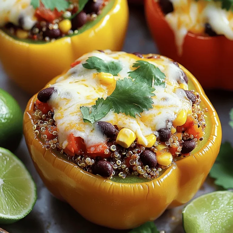 To make stuffed bell peppers, you need a few key items. Here’s what you’ll need: - 4 medium bell peppers (I like to use a mix of colors for fun) - 1 cup cooked quinoa (red or white quinoa both work great) - 1 can (15 oz) black beans, drained and rinsed - 1 cup corn kernels (fresh or frozen is fine) - 1 cup diced tomatoes (you can use canned or fresh) - 1 teaspoon ground cumin - 1 teaspoon smoked paprika - 1 teaspoon garlic powder - Salt and freshly ground black pepper to taste These ingredients create a tasty base for your stuffed peppers. The quinoa and black beans give protein and fiber, while the bell peppers add crunch and flavor. You can change the taste with some extra ingredients. Here are some ideas: - ½ cup shredded cheddar cheese (for a cheesy topping) - ¼ cup fresh cilantro, chopped (adds fresh flavor) - Lime wedges (for serving, adds a zesty kick) Feel free to mix and match these options to make the dish your own! Stuffed bell peppers can fit many diets. Here are a few options: - Vegetarian: Use all plant-based ingredients. - Vegan: Skip the cheese and use plant-based toppings. - Gluten-free: All the ingredients here are gluten-free. Nutritionally, this dish is full of vitamins and minerals. It's a healthy choice for meals. You can enjoy these stuffed peppers without worry. If you want detailed nutritional info, check out the full recipe! To start, take your bell peppers and cut off the tops. Use a sharp knife for this task. Be careful not to cut too deep. After that, scoop out the seeds and membranes inside the peppers. You want them empty for stuffing. Next, brush the outside of each pepper with olive oil. This adds flavor and helps them roast well. Make sure to coat them lightly but evenly. Set them aside as we prepare the filling. In a large bowl, combine the cooked quinoa with the black beans. Add in the corn and diced tomatoes, mixing well. This base is both filling and healthy. Now, season the mixture. Sprinkle in the ground cumin, smoked paprika, and garlic powder. Add salt and pepper to taste. Stir everything together until the spices coat each ingredient. This balance of flavors makes each bite delicious. Time to fill the peppers! Spoon the quinoa mixture into each pepper. Press down gently to pack it in. You want to fill them well without overflowing. If you like cheese, sprinkle some shredded cheddar on top of each pepper. This adds a tasty melted layer. Next, place the stuffed peppers upright in a baking dish. Pour a splash of water into the dish to create steam while baking. Cover the dish with aluminum foil. Bake in a preheated oven at 375°F (190°C) for 25 minutes. After that, remove the foil and bake for another 10 minutes. This will make the peppers tender and, if you used cheese, melty. Once done, take the peppers out of the oven. Let them cool for a few minutes. Add fresh cilantro on top before serving. Enjoy your colorful and tasty stuffed bell peppers! For the full recipe, click [Full Recipe]. When picking bell peppers, look for bright colors. Red, yellow, and orange peppers are sweeter. Green peppers are less sweet but still tasty. Check the skin; it should be smooth and shiny. Firmness matters too. A firm pepper will stay fresh longer. Avoid any with soft spots or wrinkles. This ensures the best flavor and texture for your stuffed bell peppers. You can cook stuffed bell peppers in different ways. The oven method is popular and easy. Just follow the [Full Recipe] for a great bake. If you prefer using a slow cooker, it works well too. Set your cooker to low for about 4 hours. This method gives you a softer pepper and a warm, hearty meal. You can also grill them for a smoky flavor. Just wrap them in foil and place them on the grill for about 20 minutes. Experiment with these methods to find your favorite! Stuffed bell peppers pair well with a variety of sides. Try serving them with a light salad. A fresh green salad or a tangy coleslaw complements the dish nicely. Rice or quinoa on the side can add more texture. For garnishes, fresh herbs like cilantro or parsley enhance the look. A squeeze of lime adds a zesty touch that brightens the flavors. Enjoy your stuffed peppers with these tasty sides! {{image_4}} For meat lovers, stuffed bell peppers can be filled with ground beef or turkey. These proteins add a hearty touch and boost flavor. When using meat, cook it first. Brown the meat in a pan and drain excess fat. Then mix it with your other filling ingredients. This step makes sure the meat is safe to eat and fully cooked. You can also add spices like chili powder or onion for extra taste. If you prefer plant-based meals, try lentils or mushrooms as your filling. Cooked lentils provide protein and fiber while mushrooms add a rich texture. For a tasty plant-based experience, sauté the mushrooms before mixing them in. This step enhances their flavor and makes them tender. You can also toss in spinach or zucchini for added nutrients. Season well to ensure every bite is packed with flavor. Stuffed bell peppers can explore different cuisines. Try adding spices like cumin, curry powder, or taco seasoning. These spices create a unique twist. You can also use ingredients from various cultures. For example, swap out black beans for chickpeas or add feta cheese for a Mediterranean flair. Fusion ideas include using kimchi for a Korean twist or adding curry for an Indian vibe. The options are endless, so feel free to get creative! For a complete guide on how to make these delicious meals, check out the Full Recipe. To keep stuffed peppers fresh, place them in a sealed container. Use a glass or plastic container with a tight lid. Store them in the fridge. They last for about 3 to 4 days. If you have extra filling, store it separately. This keeps the peppers from getting soggy. To reheat stuffed peppers, use the oven for best results. Preheat the oven to 350°F (175°C). Place the peppers in a baking dish. Add a splash of water to keep them moist. Cover with foil and heat for about 15 to 20 minutes. You can also use the microwave. For the microwave, heat on high for 2 to 3 minutes. Check if they are warm enough before serving. If they need a refresh, add a sprinkle of cheese or fresh herbs before reheating. To freeze stuffed peppers, let them cool completely. Wrap each pepper tightly in plastic wrap. Then, place them in a freezer-safe bag or container. They can stay in the freezer for up to 3 months. When ready to cook, take them out of the freezer. Thaw them in the fridge overnight. Bake them straight from the fridge at 375°F (190°C) for 25 to 30 minutes. This method keeps them tasty and fresh for your next meal. Baking stuffed bell peppers takes about 35 minutes in total. First, you bake them covered for 25 minutes. Then, you remove the foil and bake for another 10 minutes. This helps the peppers become tender and the cheese melt nicely, if you choose to add it. Yes, you can prepare stuffed peppers ahead of time. First, make the filling and stuff the peppers. Then, store them in the fridge for up to 24 hours before baking. If you want to freeze them, wrap each pepper tightly with plastic wrap. You can freeze them for up to 3 months. When ready to bake, thaw them in the fridge overnight and bake as usual. Stuffed bell peppers pair well with many sides. Consider serving them with a fresh garden salad. You might also enjoy some crusty bread or garlic bread on the side. For a heartier meal, roasted veggies or a grain salad would complement the dish nicely. You can find more ideas in the Full Recipe. Stuffed bell peppers are easy to make and delicious. We covered essential and optional ingredients, pressing flavor into every bite. You learned how to prepare, stuff, and cook them. I shared tips for picking the best peppers and ways to change up the flavors. Storing and reheating tips help you keep your dishes fresh. Now, you can craft your perfect stuffed pepper meal that fits your taste. Enjoy exploring flavors and sharing this recipe with others!