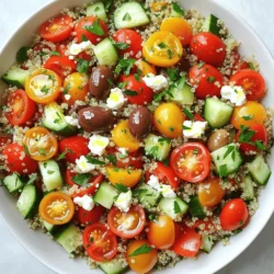- 1 cup quinoa, rinsed under cold water - 2 cups vegetable broth or water - 1 cup cherry tomatoes, halved - 1 cucumber, diced into bite-sized pieces - 1 red bell pepper, diced - 1/2 red onion, finely chopped - 1/2 cup Kalamata olives, pitted and sliced - 1/2 cup feta cheese, crumbled - 1/4 cup fresh parsley, finely chopped The star of this salad is quinoa. This tiny grain packs a protein punch. It’s light, fluffy, and has a nutty taste. I love how it absorbs flavors. Fresh vegetables bring crunch and color. Cherry tomatoes add sweetness. Cucumbers give a refreshing bite. Red bell peppers add a lovely crunch. Red onion offers a bit of zing. Kalamata olives add a salty depth. They pair perfectly with creamy feta cheese. The cheese adds richness and a tangy twist. These main ingredients create a vibrant dish. - 1/4 cup extra-virgin olive oil - 2 tablespoons fresh lemon juice - 1 teaspoon dried oregano - Salt and freshly ground black pepper, to taste For the dressing, I use extra-virgin olive oil. It brings a fruity flavor and a smooth texture. Fresh lemon juice brightens the salad. It adds a lovely tartness. Dried oregano gives an earthy taste. It ties the Mediterranean flavors together. I always season with salt and pepper to finish. A good dressing can transform your salad. For the full recipe, check out the details above. First, rinse 1 cup of quinoa under cold water. This step removes any bitter taste. Next, place the rinsed quinoa in a medium saucepan. Add 2 cups of vegetable broth or water. Heat over medium-high heat until it boils. Once it boils, reduce the heat to low. Cover the saucepan and let it simmer for 15 minutes. The quinoa should absorb all the liquid. After that, remove it from heat and keep it covered for 5 more minutes. This lets the quinoa steam and become fluffy. Fluff it gently with a fork. Then, spread it out on a large plate or baking sheet to cool. In a large mixing bowl, combine the cooled quinoa with chopped vegetables. Add 1 cup of halved cherry tomatoes, 1 diced cucumber, 1 diced red bell pepper, 1/2 finely chopped red onion, and 1/2 cup of sliced Kalamata olives. Crumble 1/2 cup of feta cheese on top. Finally, sprinkle 1/4 cup of finely chopped parsley. In a small bowl, mix the dressing. Whisk together 1/4 cup of extra-virgin olive oil, 2 tablespoons of fresh lemon juice, and 1 teaspoon of dried oregano. Taste the dressing and add salt and black pepper as desired. Drizzle the dressing over the salad mixture. Gently toss all the ingredients together until they are well combined. Taste the salad and adjust the seasoning if needed. You can add more salt, pepper, or lemon juice to match your taste. For best flavor, cover the salad and chill it in the refrigerator for at least 30 minutes before serving. This allows all the flavors to meld beautifully. For the complete instructions, check out the Full Recipe. How to achieve the right quinoa texture To get the best quinoa, rinse it first. This removes the bitter coating called saponin. Use two cups of vegetable broth or water for each cup of quinoa. Bring it to a boil, then lower the heat. Cover it and let it cook for about 15 minutes. When it’s done, let it sit for five more minutes. Fluff it gently with a fork for that perfect texture. Best practices for chopping vegetables Chop your vegetables into uniform pieces. This makes your salad look nice and helps it blend well. Use a sharp knife for clean cuts. Dice tomatoes, cucumbers, and bell peppers into bite-sized pieces. For the red onion, slice it thinly. This helps spread the flavor evenly throughout the salad. Ideal serving dishes and garnishes Serve your Mediterranean quinoa salad in a large bowl or a pretty platter. For a pop of color, drizzle extra olive oil on top. Sprinkle some parsley and feta cheese for a nice finish. This adds flair and makes the salad look inviting. Pairing Mediterranean quinoa salad with other dishes This salad is great on its own but also pairs well with grilled chicken or fish. You can serve it alongside pita bread or hummus for a complete meal. It also makes a fresh side dish for barbecues or picnics. Enjoy the flavors together for a delightful experience. For the full recipe, check out the [Full Recipe]. {{image_4}} You can switch up the grains in this salad. Try farro or bulgur instead of quinoa. Both give a nice texture and flavor. You can also change the vegetables. Use bell peppers, zucchini, or carrots for a twist. If you want a different cheese, try goat cheese or even a vegan option. These swaps can make your salad unique and fun. Want to make your salad heartier? Add proteins like grilled chicken or shrimp. They pair well with the fresh veggies. For extra crunch, toss in some nuts or seeds. Almonds, walnuts, or sunflower seeds work great. They add a nice contrast to the soft quinoa and veggies. To get the full recipe, check out the Mediterranean Quinoa Salad. To keep your Mediterranean quinoa salad fresh, store it in an airtight container. This keeps moisture out and flavor in. Place it in the fridge within two hours of making it. This step is important for food safety. If you plan to eat it later, you can freeze it. However, the texture may change a bit. To freeze, divide the salad into portions. Use freezer-safe containers or bags. Label them with dates for easy tracking. In the fridge, your quinoa salad lasts about three to five days. Check for any signs of spoilage. If you see mold, throw it away. Also, if the salad smells off or looks discolored, it’s best to discard it. Trust your senses! Keeping an eye on freshness helps you enjoy your delicious salad longer. Can I make Mediterranean quinoa salad ahead of time? Yes, you can make this salad ahead of time. It lasts well in the fridge for up to three days. Making it early lets the flavors blend. Just keep it in a sealed container. What can I substitute for feta cheese? If you want a substitute for feta cheese, try goat cheese or a vegan cheese. Both add a nice tangy flavor. You can also leave it out if you prefer. This salad still tastes great without cheese. Caloric breakdown per serving One serving of Mediterranean quinoa salad has about 200-250 calories. This depends on the amount of olive oil and cheese used. It’s a filling meal that won’t weigh you down. Health benefits of main ingredients - Quinoa: High in protein and fiber. It helps keep you full longer. - Vegetables: Full of vitamins and minerals. They add color and crunch. - Olives: Rich in healthy fats. They support heart health. - Feta cheese: Provides calcium and adds flavor. Gluten-free concerns This salad is naturally gluten-free because quinoa is a seed, not a grain. It’s perfect for those who avoid gluten. Vegan modifications To make this salad vegan, skip the feta cheese or use a plant-based version. You can also add chickpeas for extra protein. This keeps the salad tasty and satisfying. This blog post covers everything you need for a delicious Mediterranean quinoa salad. We explored key ingredients like quinoa, fresh vegetables, and feta cheese. I shared easy steps to cook quinoa and prepare the salad. You learned handy tips for perfect texture and tasty variations for your dish. I also included storage info to keep it fresh. Enjoy making this healthy, colorful salad. It's simple and can fit many diets. Let your creativity shine with unique flavors!