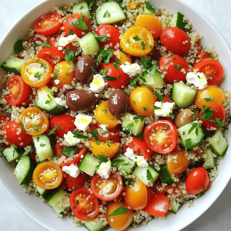 - 1 cup quinoa, rinsed under cold water - 2 cups vegetable broth or water - 1 cup cherry tomatoes, halved - 1 cucumber, diced into bite-sized pieces - 1 red bell pepper, diced - 1/2 red onion, finely chopped - 1/2 cup Kalamata olives, pitted and sliced - 1/2 cup feta cheese, crumbled - 1/4 cup fresh parsley, finely chopped The star of this salad is quinoa. This tiny grain packs a protein punch. It’s light, fluffy, and has a nutty taste. I love how it absorbs flavors. Fresh vegetables bring crunch and color. Cherry tomatoes add sweetness. Cucumbers give a refreshing bite. Red bell peppers add a lovely crunch. Red onion offers a bit of zing. Kalamata olives add a salty depth. They pair perfectly with creamy feta cheese. The cheese adds richness and a tangy twist. These main ingredients create a vibrant dish. - 1/4 cup extra-virgin olive oil - 2 tablespoons fresh lemon juice - 1 teaspoon dried oregano - Salt and freshly ground black pepper, to taste For the dressing, I use extra-virgin olive oil. It brings a fruity flavor and a smooth texture. Fresh lemon juice brightens the salad. It adds a lovely tartness. Dried oregano gives an earthy taste. It ties the Mediterranean flavors together. I always season with salt and pepper to finish. A good dressing can transform your salad. For the full recipe, check out the details above. First, rinse 1 cup of quinoa under cold water. This step removes any bitter taste. Next, place the rinsed quinoa in a medium saucepan. Add 2 cups of vegetable broth or water. Heat over medium-high heat until it boils. Once it boils, reduce the heat to low. Cover the saucepan and let it simmer for 15 minutes. The quinoa should absorb all the liquid. After that, remove it from heat and keep it covered for 5 more minutes. This lets the quinoa steam and become fluffy. Fluff it gently with a fork. Then, spread it out on a large plate or baking sheet to cool. In a large mixing bowl, combine the cooled quinoa with chopped vegetables. Add 1 cup of halved cherry tomatoes, 1 diced cucumber, 1 diced red bell pepper, 1/2 finely chopped red onion, and 1/2 cup of sliced Kalamata olives. Crumble 1/2 cup of feta cheese on top. Finally, sprinkle 1/4 cup of finely chopped parsley. In a small bowl, mix the dressing. Whisk together 1/4 cup of extra-virgin olive oil, 2 tablespoons of fresh lemon juice, and 1 teaspoon of dried oregano. Taste the dressing and add salt and black pepper as desired. Drizzle the dressing over the salad mixture. Gently toss all the ingredients together until they are well combined. Taste the salad and adjust the seasoning if needed. You can add more salt, pepper, or lemon juice to match your taste. For best flavor, cover the salad and chill it in the refrigerator for at least 30 minutes before serving. This allows all the flavors to meld beautifully. For the complete instructions, check out the Full Recipe. How to achieve the right quinoa texture To get the best quinoa, rinse it first. This removes the bitter coating called saponin. Use two cups of vegetable broth or water for each cup of quinoa. Bring it to a boil, then lower the heat. Cover it and let it cook for about 15 minutes. When it’s done, let it sit for five more minutes. Fluff it gently with a fork for that perfect texture. Best practices for chopping vegetables Chop your vegetables into uniform pieces. This makes your salad look nice and helps it blend well. Use a sharp knife for clean cuts. Dice tomatoes, cucumbers, and bell peppers into bite-sized pieces. For the red onion, slice it thinly. This helps spread the flavor evenly throughout the salad. Ideal serving dishes and garnishes Serve your Mediterranean quinoa salad in a large bowl or a pretty platter. For a pop of color, drizzle extra olive oil on top. Sprinkle some parsley and feta cheese for a nice finish. This adds flair and makes the salad look inviting. Pairing Mediterranean quinoa salad with other dishes This salad is great on its own but also pairs well with grilled chicken or fish. You can serve it alongside pita bread or hummus for a complete meal. It also makes a fresh side dish for barbecues or picnics. Enjoy the flavors together for a delightful experience. For the full recipe, check out the [Full Recipe]. {{image_4}} You can switch up the grains in this salad. Try farro or bulgur instead of quinoa. Both give a nice texture and flavor. You can also change the vegetables. Use bell peppers, zucchini, or carrots for a twist. If you want a different cheese, try goat cheese or even a vegan option. These swaps can make your salad unique and fun. Want to make your salad heartier? Add proteins like grilled chicken or shrimp. They pair well with the fresh veggies. For extra crunch, toss in some nuts or seeds. Almonds, walnuts, or sunflower seeds work great. They add a nice contrast to the soft quinoa and veggies. To get the full recipe, check out the Mediterranean Quinoa Salad. To keep your Mediterranean quinoa salad fresh, store it in an airtight container. This keeps moisture out and flavor in. Place it in the fridge within two hours of making it. This step is important for food safety. If you plan to eat it later, you can freeze it. However, the texture may change a bit. To freeze, divide the salad into portions. Use freezer-safe containers or bags. Label them with dates for easy tracking. In the fridge, your quinoa salad lasts about three to five days. Check for any signs of spoilage. If you see mold, throw it away. Also, if the salad smells off or looks discolored, it’s best to discard it. Trust your senses! Keeping an eye on freshness helps you enjoy your delicious salad longer. Can I make Mediterranean quinoa salad ahead of time? Yes, you can make this salad ahead of time. It lasts well in the fridge for up to three days. Making it early lets the flavors blend. Just keep it in a sealed container. What can I substitute for feta cheese? If you want a substitute for feta cheese, try goat cheese or a vegan cheese. Both add a nice tangy flavor. You can also leave it out if you prefer. This salad still tastes great without cheese. Caloric breakdown per serving One serving of Mediterranean quinoa salad has about 200-250 calories. This depends on the amount of olive oil and cheese used. It’s a filling meal that won’t weigh you down. Health benefits of main ingredients - Quinoa: High in protein and fiber. It helps keep you full longer. - Vegetables: Full of vitamins and minerals. They add color and crunch. - Olives: Rich in healthy fats. They support heart health. - Feta cheese: Provides calcium and adds flavor. Gluten-free concerns This salad is naturally gluten-free because quinoa is a seed, not a grain. It’s perfect for those who avoid gluten. Vegan modifications To make this salad vegan, skip the feta cheese or use a plant-based version. You can also add chickpeas for extra protein. This keeps the salad tasty and satisfying. This blog post covers everything you need for a delicious Mediterranean quinoa salad. We explored key ingredients like quinoa, fresh vegetables, and feta cheese. I shared easy steps to cook quinoa and prepare the salad. You learned handy tips for perfect texture and tasty variations for your dish. I also included storage info to keep it fresh. Enjoy making this healthy, colorful salad. It's simple and can fit many diets. Let your creativity shine with unique flavors!
