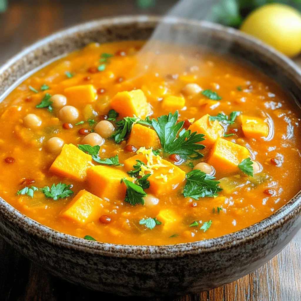 - 1 large sweet potato, peeled and diced into 1-inch cubes - 1 cup canned chickpeas, thoroughly drained and rinsed - 1/2 cup red lentils, rinsed under cold water until the water runs clear - 1 medium onion, finely chopped - 2 cloves garlic, minced - 2 carrots, diced (about 1/2-inch pieces) - 1 celery stalk, diced (about 1/2-inch pieces) - 6 cups vegetable broth (preferably low-sodium) - 1 teaspoon ground cumin - 1 teaspoon ground turmeric - 1/2 teaspoon smoked paprika - Salt and freshly ground black pepper to taste - 2 tablespoons extra virgin olive oil - Fresh parsley or cilantro, chopped, for garnish - Juice of 1 fresh lemon Sweet potatoes are rich in vitamins A and C. They boost your immune system and support eye health. Chickpeas add protein and fiber, helping you feel full longer. Red lentils offer iron, which is good for energy. Onions provide antioxidants that fight disease. Garlic can lower blood pressure and improve heart health. Carrots are high in beta-carotene, which is great for vision. Celery adds hydration and low calories. Vegetable broth keeps the soup light while adding flavor. Using fresh sweet potatoes gives a great taste and texture. Canned chickpeas save time and are still healthy. Rinsing them helps reduce sodium. Fresh vegetables like onions, garlic, carrots, and celery enhance flavor. While canned lentils exist, I recommend dried lentils for better texture. They cook down nicely and blend well. If you have time, fresh ingredients often yield the best results. 1. Sauté the Aromatics: Start by heating the olive oil in a large pot over medium heat. Add the chopped onion, minced garlic, diced carrots, and diced celery. Cook these for about 5-7 minutes. Stir them occasionally until the vegetables soften and the onion becomes clear. 2. Add Spices: Next, sprinkle in the ground cumin, turmeric, and smoked paprika. Stir these with the veggies for 1-2 minutes until they smell great. 3. Combine Ingredients: Now, add the cubed sweet potato, rinsed chickpeas, and red lentils to the pot. Gently mix everything together. 4. Add Broth: Pour in the vegetable broth carefully. Stir again and turn the heat up to bring it to a gentle boil. 5. Simmer: When it boils, reduce the heat to low and cover the pot. Let it simmer for 25-30 minutes. Check that the sweet potatoes and lentils become tender. 6. Blend (Optional): If you want a creamier soup, you can use an immersion blender. Blend part of the soup right in the pot or move half to a blender. Blend until smooth and mix it back into the pot. 7. Season: Taste the soup. Add salt and black pepper according to your liking. Stir well to mix the seasonings. 8. Finish with Lemon: Just before you serve, stir in the fresh lemon juice. This adds a bright flavor. 9. Garnish: Serve the soup hot. Top it with chopped fresh parsley or cilantro for color and taste. If you want a smoother texture, blending is great. You can use an immersion blender. This tool lets you blend soup right in the pot. If you don’t have one, just take half of the soup out and blend it in a regular blender. Then mix it back into the pot. This will give your soup a nice creaminess without losing all the chunky goodness. Cooking times may change based on your stove and pot. If your sweet potatoes are larger, they may need a bit more time. If you want to speed up cooking, cut your sweet potato smaller. Always check the tenderness of the sweet potatoes and lentils. They should be easy to pierce with a fork. Adjust the cooking time as needed. To boost flavor in your soup, consider adding fresh herbs. Basil, thyme, or rosemary can add depth. A splash of soy sauce or tamari brings umami. For a spicy kick, add red pepper flakes or diced jalapeños. Adjust these as you like. Taste your soup as it cooks. If it feels bland, sprinkle in more spices. You can add an extra teaspoon of cumin or turmeric for warmth. If you prefer a milder soup, reduce the smoked paprika. This soup is great for tweaking to fit your taste. You can make this soup in advance. It tastes even better the next day. Store it in an airtight container in the fridge. Reheat it on the stove when ready. If you freeze it, let it cool first. This way, you can enjoy a quick meal later. For the full recipe, check the Cozy Sweet Potato & Chickpea Red Lentil Soup section. {{image_4}} You can swap ingredients to suit your taste. Instead of sweet potato, try butternut squash for a different flavor. If you prefer another legume, use black beans or kidney beans instead of chickpeas. For lentils, yellow or green lentils work well too. This soup is flexible, so feel free to mix and match. For a gluten-free option, check that your broth is gluten-free. You can also make this soup lower in carbs by reducing the sweet potato. If you want a protein boost, add cooked chicken or quinoa. For a spicy kick, toss in some red pepper flakes or diced jalapeños. Get creative with toppings! You can add a dollop of yogurt or a sprinkle of feta cheese for creaminess. Fresh herbs like cilantro or basil can enhance the flavor. If you want some crunch, try toasted pumpkin seeds or croutons. For a richer taste, drizzle a bit of balsamic glaze before serving. Check out the Full Recipe for more details on how to make this delicious soup! To keep your Sweet Potato, Chickpea, and Red Lentil Soup fresh, follow these steps: - Cool Down: Let the soup cool to room temperature first. - Use Airtight Containers: Transfer the soup to airtight containers. This keeps moisture out and flavor in. - Label with Date: Write the date on the container. This helps you remember when you made it. - Refrigerate: Store the soup in the fridge for up to 4-5 days. If you want to save soup for later, freezing is a great choice: - Portion It Out: Divide the soup into single-serving containers. This makes it easy to thaw later. - Leave Space: Don’t fill containers to the top. Soup expands when frozen. - Seal Well: Make sure containers are sealed tightly. You can use freezer bags as well. - Store for Up to 3 Months: Frozen soup can last for about three months. When you’re ready to enjoy your soup again, here’s how to reheat it: - Thaw First: If frozen, thaw the soup in the fridge overnight. - Stovetop Method: Reheat on the stove over medium heat. Stir often to avoid sticking. - Microwave Option: Use a microwave-safe bowl, cover loosely, and heat in short bursts. Stir in between. - Add Freshness: Squeeze in some lemon juice before serving. It brightens the flavors! For the full recipe, check out Cozy Sweet Potato & Chickpea Red Lentil Soup. You can use cooked white beans, like cannellini or navy beans. Black beans are another great option. They add a nice flavor and texture. If you want a different taste, try lentils. The soup will still be hearty and delicious. Yes, this soup is both vegan and vegetarian. It uses vegetable broth and plant-based ingredients. You can enjoy this soup no matter your diet. It is a great choice for everyone. Definitely! To make this soup in a slow cooker, add all the ingredients in the pot. Set it on low for 6-8 hours or high for 3-4 hours. This method lets the flavors blend nicely. You will love the rich taste. You can store this soup in the fridge for up to 5 days. Make sure to let it cool before putting it in a container. Keep it in an airtight container to maintain freshness. Just reheat it on the stove or in the microwave when you're ready to eat. This soup goes well with crusty bread or warm pita. You can also serve it with a fresh salad or some roasted veggies. These sides add a nice balance to the meal. They complement the soup's rich flavors perfectly. For a fun twist, try adding a dollop of yogurt on top. You can find the full recipe [here](#Full Recipe). This post shared how to make delicious Sweet Potato, Chickpea, and Red Lentil Soup. We explored key ingredients, their benefits, and suggestions for fresh versus canned options. I provided step-by-step cooking instructions and tips for adjusting flavors to fit your taste. You can customize the recipe with variations and learn how to store leftovers for later. Remember, each step helps you create a soup that warms both the heart and belly. Enjoy your cooking journey and the comforting meal ahead!