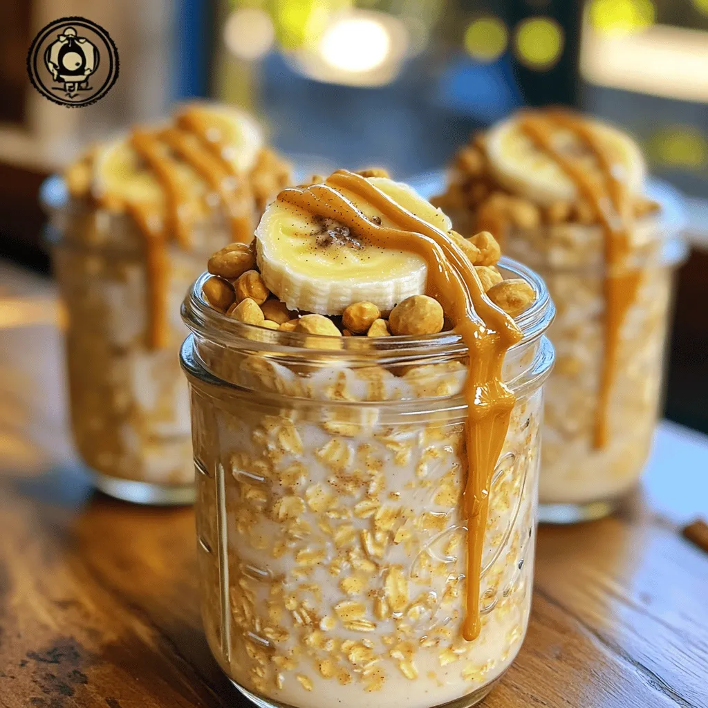 To make Peanut Butter Banana Overnight Oats, you need simple ingredients. Here’s what you will use: - 1 cup rolled oats - 2 cups almond milk (or your preferred milk) - 2 ripe bananas (1 mashed, 1 sliced) - 1/4 cup creamy peanut butter - 2 tablespoons maple syrup (or honey, to taste) - 1 teaspoon pure vanilla extract - 1/2 teaspoon ground cinnamon - A pinch of salt - Chopped peanuts and banana slices for garnish Each ingredient plays a special role. The rolled oats give texture and fiber. Almond milk adds creaminess. Bananas bring natural sweetness and flavor. Peanut butter packs protein and richness. Maple syrup or honey sweetens it all up. Vanilla and cinnamon enhance the taste, while salt balances the flavors. You can easily change some ingredients to fit your taste. Here are a few ideas: - Use coconut milk for a tropical touch. - Swap peanut butter for almond or sunflower seed butter for nut-free options. - Add chia seeds for extra fiber and a fun texture. - Mix in some cocoa powder for a chocolatey twist. - Toss in berries or nuts for added flavor and crunch. Feel free to get creative! Each swap can change the taste and nutrition. These overnight oats are not only yummy, but they are also good for you. Here’s a breakdown of what you get: - High in fiber from oats and bananas. - Packed with protein from peanut butter. - Offers healthy fats, which help you feel full. - Contains vitamins and minerals from bananas and almond milk. One serving can give you a balanced breakfast. It’s quick to make and perfect for any busy morning. Check the [Full Recipe] for detailed instructions and enjoy! Making peanut butter banana overnight oats is simple and quick. You need just a few steps to enjoy this tasty treat. Gather your ingredients. You will mix them, store them, and let them sit overnight. The oats will soak up the milk and flavors, making a creamy meal. 1. Combine oats and milk: In a big bowl, add 1 cup of rolled oats and 2 cups of almond milk. Stir well to cover the oats completely. 2. Add banana and peanut butter: Mash one ripe banana and mix it into the oats. Add 1/4 cup of creamy peanut butter next. 3. Mix in sweeteners and spices: Pour in 2 tablespoons of maple syrup, 1 teaspoon of vanilla extract, 1/2 teaspoon of ground cinnamon, and a pinch of salt. 4. Stir vigorously: Mix all the ingredients until they blend well. Make sure the oats soak up the peanut butter and banana. 5. Portion into containers: Divide the mixture into 2 to 4 jars. Adjust the amount based on how many servings you want. 6. Garnish with banana and peanuts: Slice the second banana and put the slices on top. Add chopped peanuts for crunch. 7. Seal and chill: Tightly close the jars and put them in the fridge overnight. Let them sit for at least 4 hours. 8. Enjoy: The next morning, stir the oats well. You can eat them cold or warm them in the microwave for a cozy breakfast. To keep your oats creamy, use rolled oats, not quick oats. Rolled oats soak up milk well without getting mushy. Also, adjust the milk amount if needed. If you like thicker oats, use less milk. For creamier oats, add a little more. Mixing the ingredients thoroughly helps, too. Enjoy your peanut butter banana overnight oats! To make the best peanut butter banana overnight oats, start by picking ripe bananas. Ripe bananas add natural sweetness and creaminess. Use rolled oats instead of quick oats. Rolled oats soak up the milk better and give a heartier texture. Mix all ingredients well to avoid clumps. This ensures each bite is full of flavor. Store your oats in jars with tight lids. This keeps them fresh and makes for easy grab-and-go meals. A common mistake is not allowing enough soak time. Always let your oats sit for at least four hours. This helps them soften and absorb flavors. Another error is using too much liquid. Stick closely to the recipe's milk amount for the right consistency. Leaving out the salt can also dull the taste. A tiny pinch adds depth to the flavor. To boost flavor, try adding a bit more cinnamon. It pairs perfectly with peanut butter and banana. You can also mix in chia seeds for added texture and nutrition. Chopped nuts offer a nice crunch when sprinkled on top. If you want a touch of sweetness, drizzle extra maple syrup just before eating. For more indulgence, a swirl of extra peanut butter makes it even more delightful. You can find the full recipe to see all ingredients and steps. {{image_4}} You can mix in other fruits to change the taste. Fresh berries like strawberries or blueberries work well. Apples add a nice crunch, while peaches give a sweet twist. Just chop them up and stir them in with the oats. You can also try dried fruits like raisins or cranberries for a chewy bite. If you want a different flavor, swap peanut butter for other nut butters. Almond butter or cashew butter both taste great. If you need a nut-free option, try sunflower seed butter. Each choice gives a unique taste while still being creamy and delicious. You can easily adjust this recipe for your diet. For a vegan version, use maple syrup and a plant-based milk. If you want it gluten-free, ensure your oats are certified gluten-free. You can also lower sugar by cutting back on syrup or using a sugar-free sweetener. This recipe can fit many diets while still being tasty! Peanut butter banana overnight oats last for about 3 to 5 days in the fridge. They stay fresh if you store them right. The oats soften and flavors blend over time. You might find they taste even better after a day! Use airtight jars or containers for storing your oats. Glass jars work great because they are easy to clean. Clear containers let you see the layers of oats and fruit, which looks nice. Make sure to seal them tightly to keep the oats fresh. You can enjoy your oats cold or warm them up. To reheat, take the jar out of the fridge. Remove the lid and heat in the microwave for about 30 seconds to 1 minute. Stir well and check the temperature. If it needs more heat, warm it for an extra 15 seconds. Enjoy your creamy oats hot or cold! For the full recipe, check back to the previous section. Yes, you can use quick oats. They absorb liquid faster. This will make your overnight oats softer. However, they may not have the same hearty texture. Absolutely! To make it vegan, use plant-based milk. Almond milk works great. You can also swap the honey for maple syrup. This keeps everything vegan and sweet. To cut sugar, reduce the amount of maple syrup. You can also skip it altogether. Use ripe bananas for natural sweetness. You can add cinnamon for more flavor without sugar. You can add many tasty toppings! Try fresh berries like strawberries or blueberries. Nuts like almonds or walnuts add crunch. Chia seeds or flaxseeds boost nutrition too. For a sweet touch, add a drizzle of honey or more peanut butter. For the full recipe, check out the section above. Peanut Butter Banana Overnight Oats are simple to make and delicious. You learned about key ingredients, variations, and nutritional info. I guided you through each step for perfect oats. Avoid common mistakes and enhance flavor to suit your taste. Remember to store them properly for the best results. Overnight oats are versatile; you can tweak them for your needs. Now, you can enjoy a quick, healthy breakfast every day.