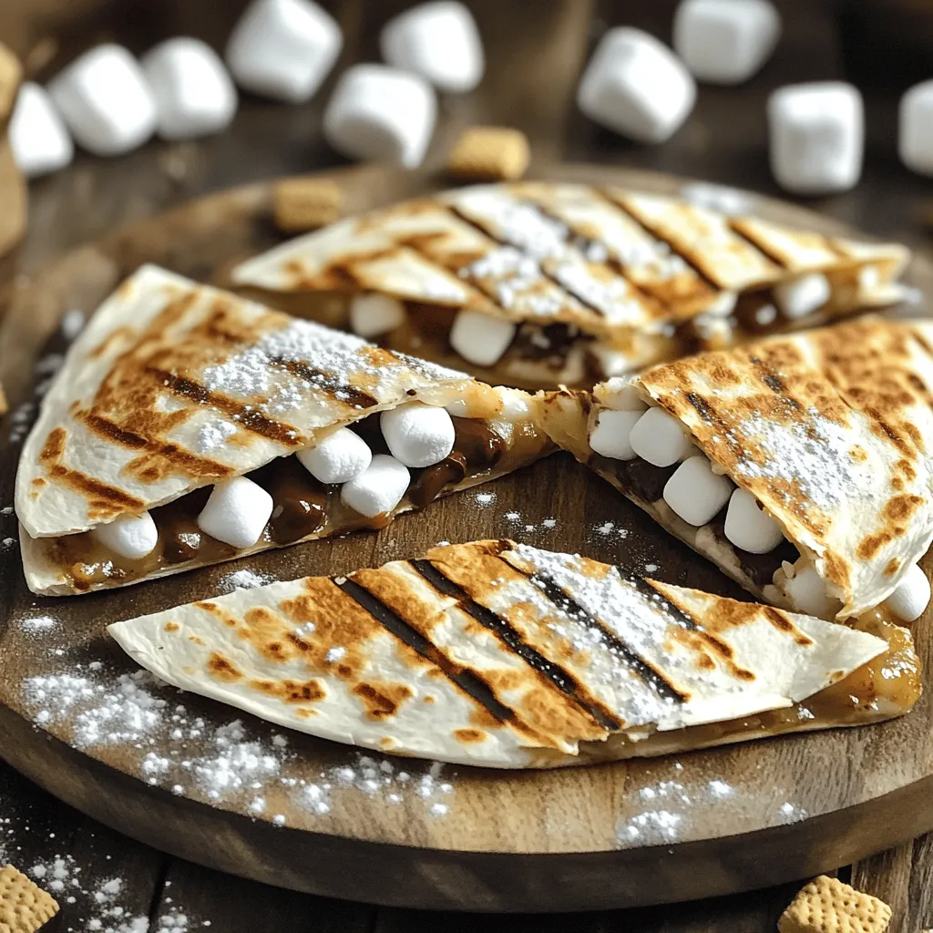 - 4 large flour tortillas - 1 cup mini marshmallows - 1 cup chocolate chips - 1/2 cup crushed graham crackers - 2 tablespoons unsalted butter - 1 teaspoon vanilla extract (optional) - Fresh strawberries (thinly sliced) - Banana slices (thinly sliced) - Grill or skillet - Spatula - Mixing bowl Gathering the right ingredients is key to making delicious grilled s'mores quesadillas. You need large flour tortillas to hold everything together, and mini marshmallows for that classic s'mores taste. Chocolate chips add the rich, melty flavor we all love. The crushed graham crackers give that crunchy texture. Butter helps achieve a golden, crispy outside. If you want to make these quesadillas even more special, consider adding fresh strawberries or banana slices. These fruits can bring a new layer of flavor and fun to your dish. For cooking, a grill or skillet works best to get that perfect crisp. A spatula helps flip the quesadilla easily. Lastly, a mixing bowl is essential for combining the filling ingredients. Having everything ready makes cooking smooth and enjoyable. The full recipe will guide you through the steps to create this tasty treat. - Preheat your grill or skillet over medium heat. This step helps make the quesadilla crispy. - While it heats, gather your ingredients. In a medium bowl, mix chocolate chips, mini marshmallows, and crushed graham crackers. If you want more flavor, add vanilla extract. - Take a flour tortilla and spread softened butter on one side. This will be the bottom side when cooking. - Place the buttered tortilla, butter side down, on the grill or skillet. Sprinkle a generous amount of your chocolate and marshmallow mix over the tortilla. Leave a small edge around the sides to help during grilling. - Grill the quesadilla for about 2-3 minutes. Look for a golden brown color on the bottom. - Carefully flip the quesadilla using a spatula. Grill the other side for another 2-3 minutes. You want it crispy and melted inside. - After grilling, take it off the heat and let it rest for a minute. Slice it into wedges and enjoy! - Serve warm, and you can drizzle extra melted chocolate on top for fun. For the full recipe, refer to the provided details! To get the best crispiness, set your grill to medium heat. This helps cook the tortillas evenly. If it’s too hot, the outside may burn before the inside melts. Grill each quesadilla for about 2-3 minutes on one side. Look for a nice golden brown color before flipping. After flipping, grill for another 2-3 minutes. Keep an eye on it to avoid burning. Try using flavored chocolate chips for a twist. Options like mint or orange chocolate can add fun new tastes. You can also mix in spices like cinnamon for warmth or a dash of sea salt for contrast. These small changes can make your quesadillas stand out. When serving, cut the quesadillas into wedges. Arrange them on a colorful plate for an appealing look. Sprinkle extra crushed graham crackers on top for texture. A light dusting of powdered sugar also adds a nice touch. You can serve mini marshmallows on the side for extra fun. They make a great dipping option too. {{image_4}} You can switch up the classic flavors of grilled s'mores quesadillas. Try a peanut butter and chocolate twist. Just spread peanut butter on one tortilla before adding chocolate and marshmallows. The creamy peanut butter pairs well with sweet chocolate and fluffy marshmallows. Another fun option is using Nutella and fruit combinations. Spread Nutella on your tortilla, then add slices of fresh bananas or strawberries. This adds a fruity taste that really shines. For those needing gluten-free options, use gluten-free tortillas. These work just as well and let everyone enjoy the treat. Check the label to ensure they fit your dietary needs. If you're looking for dairy-free chocolate options, many brands offer great alternatives. You can find dairy-free chocolate chips at most stores. These substitutes help you enjoy grilled s'mores quesadillas without the dairy. Grilled s'mores quesadillas taste wonderful when paired with ice cream. Vanilla or chocolate ice cream complements the sweet flavors perfectly. You can also drizzle some warm chocolate sauce over the top for an extra touch. When it comes to drinks, consider serving with milk or a sweet iced tea. Both pair well with the rich taste of the quesadillas. You can even add a splash of vanilla to the tea for a fun twist. For the full recipe, check out the section above. To keep your grilled s'mores quesadillas fresh, wrap them in plastic wrap or foil. Place them in an airtight container. This helps prevent them from drying out in the fridge. For freezing, wrap each quesadilla snugly in foil, then place them in a freezer bag. This method protects them from freezer burn. To reheat and keep them crispy, use an oven or skillet. Preheat your oven to 350°F (175°C). Place the quesadillas on a baking sheet and heat for about 10 minutes. If using a skillet, warm it over medium heat. Cook the quesadillas for about 2-3 minutes on each side. This way, they stay crunchy and delicious. Leftovers will last about 3-4 days in the fridge. After that, they may start to lose flavor and texture. Look for signs like an off smell, mold, or a change in color. If you see any of these, it's best to toss them. Enjoy your delicious treats while they are fresh! Yes, you can prepare these delicious treats ahead of time. To do this, assemble the quesadillas but do not grill them. - Stack the prepared quesadillas between parchment paper. - Place them in an airtight container. - Store them in the fridge for up to one day. When ready to enjoy, simply grill them as you normally would. This way, you save time and still get that warm, gooey goodness. If you want to switch things up, several tasty options work well. - Use peanut butter chips for a nutty twist. - Try white chocolate chips for a milder sweetness. - Consider using Nutella spread if you want a creamy texture. Each option brings its own flavor, enhancing the quesadilla experience. Keeping the filling in place is key for a perfect quesadilla. Here are a few tips: - Leave a small border of tortilla without filling. This helps seal it better. - Press the quesadilla down gently while grilling. This helps the edges stick. - Grill on low to medium heat. This allows the inside to melt without burning the outside. These steps will help keep your filling intact and your grilling mess-free. Serving grilled s'mores quesadillas can be fun and creative. Here are some ideas: - Serve warm, cut into wedges on a colorful plate. - Drizzle extra melted chocolate on top for a sweet touch. - Pair with fresh strawberries or banana slices for a fruity side. You can also add a scoop of vanilla ice cream for a delicious dessert experience. In this post, we covered how to make grilled s'mores quesadillas. You learned about the key ingredients, including tortillas, marshmallows, and chocolate chips. We went step-by-step on preparation, cooking, and tips for the perfect dish. Remember to try the suggested add-ins and enjoy the flavor variations! These tasty treats are easy to make and fun to share. So grab your grill, gather your ingredients, and get ready for a delicious dessert adventure. Enjoy every crispy, gooey bite!