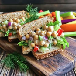 To make a tasty chickpea salad sandwich, gather these simple ingredients: - 1 can (15 oz) chickpeas, drained and rinsed - 1/4 cup plain Greek yogurt - 2 tablespoons mayonnaise - 1 tablespoon Dijon mustard - 1 small celery stalk, finely chopped - 1/4 cup red bell pepper, finely chopped - 1/4 cup red onion, finely chopped - 1 tablespoon fresh dill, chopped (or 1 teaspoon dried dill) - Salt and pepper to taste - 4 slices whole grain bread - Fresh lettuce leaves for garnish - Sliced tomatoes for serving (optional) Chickpeas are the star of this dish. They are rich in protein and fiber. One can gives you about 12 grams of protein. This helps you feel full. Greek yogurt adds creaminess and provides calcium and probiotics, good for your gut. Whole grain bread gives you healthy carbs and more fiber. Fresh veggies like celery and bell pepper add crunch and vitamins. Dill brings a fresh flavor, making each bite enjoyable. When buying fresh ingredients, look for these tips: - Chickpeas: Choose canned chickpeas without added salt or preservatives. This helps keep your salad healthy. - Vegetables: Pick veggies that are firm and vibrant. Avoid any that look wilted or brown. - Herbs: If using fresh dill, look for bright green leaves. They should smell fragrant. - Bread: Select whole grain bread that feels soft but firm. Check the date to ensure freshness. These tips help you get the best taste and nutrition for your sandwich. For a full recipe, check the sections above. Making a chickpea salad sandwich is quick and simple. You can whip it up in about 20 minutes. Gather your ingredients first. You'll need chickpeas, Greek yogurt, mayonnaise, mustard, and fresh veggies. This recipe is perfect for lunch or a light dinner. 1. Start with a large bowl. Add the drained and rinsed chickpeas. Use a fork to mash them lightly. Leave some chunks for texture. 2. Next, add the Greek yogurt, mayonnaise, and mustard. Mix well until it is creamy and smooth. 3. Now, gently fold in your finely chopped celery, red bell pepper, red onion, and dill. Make sure all ingredients are mixed, but don’t over-mash the chickpeas. 4. Season your mixture with salt and pepper to taste. Adjust to your liking. 5. The chickpea salad is now ready! You can use it right away or chill it for a bit in the fridge. Toasting the bread makes a big difference. If you want the best flavor, toast the whole grain slices until golden brown. You can use a toaster or a skillet. Toasting adds a nice crunch to your sandwich. Once the bread is ready, spread the chickpea salad on two slices. Then layer with fresh lettuce. If you like, add sliced tomatoes for extra flavor. Top with the other slices of bread and press down gently. Cutting the sandwiches diagonally makes them look fancy and easier to eat. For the full recipe, check out the detailed guide above. Enjoy your tasty chickpea salad sandwich! To make a great chickpea salad, start with fresh ingredients. Use ripe tomatoes and crunchy celery. Drain and rinse the chickpeas well. This step removes extra salt and helps the flavors pop. Mash the chickpeas lightly with a fork. Leave some chunks for texture; it makes the salad more fun to eat. Mix in Greek yogurt and mayonnaise for creaminess. Dijon mustard adds a nice tang. Don’t forget fresh herbs! Dill brightens the salad and gives it a fresh taste. One common mistake is over-mashing the chickpeas. If you mash them too much, the salad turns mushy. You want a mix of creaminess and chunkiness. Another mistake is skipping the seasoning. Always taste your salad before serving. A pinch of salt and pepper can really enhance the flavors. Lastly, don't forget to chill your salad for at least 30 minutes before serving. This helps the flavors meld together. Layering is key to a great sandwich. Start with a slice of toasted bread. Spread a generous layer of the chickpea salad on top. Add fresh lettuce leaves next; they add crunch and freshness. If you like, add slices of tomato for extra flavor. Top it with another slice of bread. Press down gently to hold everything in place. Cut the sandwich diagonally for a nice presentation. Serve it with a side of crunchy veggies for a full meal. For the full recipe, check out the Chickpea Delight Salad Sandwich. {{image_4}} You can easily make a vegan version of the chickpea salad sandwich. Just replace Greek yogurt and mayonnaise with plant-based options. Use cashew yogurt or silken tofu for creaminess. You will still enjoy a tasty and filling meal without dairy. To boost flavor, add ingredients like chopped pickles, jalapeños, or sun-dried tomatoes. Each adds a unique taste. You might also try spices like cumin or paprika for a warm kick. Fresh herbs like parsley or cilantro can brighten the dish. Mix and match to find what you love best. Chickpeas shine in many cuisines. In the Mediterranean, add olives and feta for a Greek twist. In India, include curry powder and raisins for a sweet and savory mix. You can also try Middle Eastern flavors with tahini and lemon juice. Each version offers a new way to enjoy your sandwich. For the full recipe, check out the complete details on how to create this delicious dish! To keep your chickpea salad fresh, store it in an airtight container. Make sure the container is clean and dry. If you made extra sandwiches, wrap them in plastic wrap or foil. This helps prevent them from drying out. Keep the salad and sandwiches in the fridge right away. This keeps harmful bacteria away. Chickpea salad stays fresh for about 3 to 5 days in the fridge. If you notice any strange smell or change in color, it’s best to toss it out. The sooner you eat the leftovers, the better they taste. So enjoy them fast! You can get creative with leftover salad ingredients. Use extra chickpeas in soups or stews. Add them to rice dishes for a protein boost. Leftover veggies, like celery or red pepper, can go into stir-fries or omelets. You can even make a colorful veggie dip. There are many tasty ways to use what you have left! The best bread for a chickpea salad sandwich is whole grain bread. It adds a nice texture and flavor. You can also use sourdough or multigrain bread. These breads are sturdy and hold up well to the filling. They also offer a healthy boost with extra nutrients. Choose a bread you enjoy. This makes your sandwich even better. Yes, you can make this sandwich gluten-free! Just use gluten-free bread instead of regular bread. Many stores sell gluten-free options now. Look for brands that taste good and have a nice texture. You can also try wraps made from gluten-free grains. This gives you more choices while keeping your sandwich tasty. You can easily make chickpea salad ahead of time. Just prepare the salad and store it in the fridge. It stays fresh for up to three days. Make sure to keep it in an airtight container. This helps keep the flavors intact. Before serving, you may want to stir it again. This ensures a nice mix of flavors. For the full recipe, check out the detailed steps above! In this post, we covered how to make a tasty chickpea salad sandwich. We explored key ingredients, their nutritional benefits, and how to pick fresh items. Detailed steps helped you create delicious layers, while tips and tricks offered best practices and common pitfalls to avoid. We also shared exciting variations and smart storage methods for leftovers. Overall, this recipe is simple and flexible. You can enjoy it in many ways. Dive in and make your own chickpea salad sandwich today!