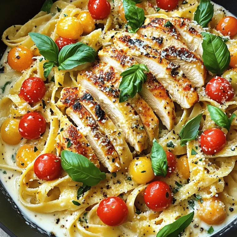 To make Marry Me Chicken Pasta, gather these key ingredients: - 2 boneless, skinless chicken breasts - 8 oz fettuccine pasta - 1 cup cherry tomatoes, halved - 1 cup heavy cream - ½ cup grated Parmesan cheese - 2 cloves garlic, minced - 1 teaspoon Italian seasoning - 2 tablespoons olive oil - Fresh basil leaves, for garnish - Salt and pepper, to taste These ingredients combine to create a rich, creamy dish that will impress anyone at your table. Using quality ingredients makes a big difference in your dish. Here are my favorite brands: - Chicken: Look for organic or free-range chicken for the best flavor. - Pasta: Barilla or De Cecco fettuccine are great choices for texture. - Cream: Land O’Lakes heavy cream gives a rich, smooth texture. - Parmesan: Grana Padano is a nice alternative for authentic flavor. These brands ensure you get the best taste and quality in your meal. You can easily adjust ingredients if you need to. Here are some smart swaps: - Chicken: Use turkey breast or even shrimp for a seafood twist. - Pasta: Gluten-free pasta works well for those with dietary needs. - Cream: Coconut cream or cashew cream can replace heavy cream for a dairy-free version. - Tomatoes: Canned diced tomatoes can be used if fresh ones aren’t available. These substitutions let you customize the dish while keeping it delicious. For the complete recipe, check the Full Recipe. Start by boiling a large pot of water. Add a generous amount of salt to the water. This helps flavor the pasta. Once the water is boiling, add 8 oz of fettuccine. Cook it according to the package instructions, usually about 8 to 10 minutes. You want it to be al dente, which means it should still have a bit of bite. Once done, drain the pasta. Set it aside and keep a little pasta water if you need to adjust the sauce later. While your pasta cooks, you can focus on the chicken. Take 2 boneless, skinless chicken breasts. Season both sides with salt, pepper, and 1 teaspoon of Italian seasoning. Heat 2 tablespoons of olive oil in a large skillet over medium-high heat. Once the oil is hot, carefully add the chicken breasts. Cook them for about 5 to 7 minutes on each side. They should turn a nice golden brown and reach an internal temperature of 165°F. After cooking, remove the chicken and let it rest for a few minutes. Slice it into strips to add later. In the same skillet, you will create a delicious sauce. Keep the residual oil in the pan. Add 2 cloves of minced garlic and sauté for about 30 seconds. Stir it continuously to avoid burning. Next, add 1 cup of halved cherry tomatoes. Cook them for about 2 to 3 minutes, until they soften and burst. This adds a great flavor to your sauce. Now, reduce the heat to medium and pour in 1 cup of heavy cream. Stir gently and let it simmer. Gradually add ½ cup of grated Parmesan cheese, mixing until the cheese melts. If the sauce is too thick, add a tablespoon of reserved pasta water. Then, add the drained fettuccine to the skillet. Toss everything together, making sure the pasta is well coated with the creamy sauce. Time to make it look good! Take the rested chicken breasts and slice them if you haven't yet. Arrange the chicken strips on top of the pasta. To finish, sprinkle some fresh basil leaves on top. You can also add a bit more grated Parmesan for extra flavor. This dish not only looks great, but it also tastes amazing. Enjoy your Marry Me Chicken Pasta! For the full recipe, check the earlier section. To make a great cream sauce, start with good ingredients. Use fresh heavy cream and quality Parmesan cheese. Heat the skillet over medium heat. Add minced garlic first, stirring for 30 seconds. This brings out its flavor. Then, add your cherry tomatoes. Cook until they soften. Pour in the heavy cream, stirring slowly. Let it simmer lightly. Gradually stir in the Parmesan. This makes the sauce creamy and rich. Adjust salt and pepper to taste. If the sauce feels too thick, add a little pasta water to loosen it. Cooking chicken well is crucial for safety and flavor. Season the chicken breasts with salt, pepper, and Italian seasoning. Heat olive oil in a large skillet. Cook the chicken for about 5-7 minutes on each side. You want a golden crust. Use a meat thermometer to check the temperature. It should reach 165°F (75°C). This ensures it's safe and juicy. Let the chicken rest for a few minutes before slicing. This step keeps the juices inside. Marry Me Chicken Pasta pairs well with many sides. A fresh green salad adds a nice crunch. You can also serve it with garlic bread for a hearty meal. For drinks, a chilled white wine works well. If you want something non-alcoholic, try sparkling water with lemon. Don't forget to top your pasta with fresh basil and extra Parmesan for a beautiful finish. For more ideas, check out the Full Recipe. {{image_4}} You can easily make a vegetarian version of Marry Me Chicken Pasta. Instead of chicken, use mushrooms or eggplant. These veggies add great flavor and texture. You can keep the creamy sauce just the same. Use vegetable broth instead of chicken broth for added depth. You can also add spinach for some extra color and nutrients. If you love seafood, shrimp works well in this dish. Cook the shrimp until they turn pink and add them to the pasta. Tofu is another great option. Press out the water and cut it into cubes. Sauté it until golden brown. Both choices add a nice twist while keeping the meal satisfying. Want to spice things up? Add crushed red pepper flakes to the sauce. It gives a nice heat without overpowering the dish. You could also toss in jalapeños or a dash of hot sauce. These spicy additions can make your meal exciting and full of flavor. To keep your Marry Me Chicken Pasta fresh, store leftovers in an airtight container. Place the pasta and chicken together, or keep them separate if you prefer. Make sure the dish cools to room temperature before sealing. This way, your meal stays tasty for up to three days. When you’re ready to eat your leftovers, reheat them gently. You can use a microwave or a skillet. If using a microwave, cover the dish with a damp paper towel to keep moisture in. Heat in short intervals, stirring in between. If using a skillet, add a splash of cream or reserved pasta water to restore the sauce's creaminess. Heat over low to medium heat until warmed through. Freezing Marry Me Chicken Pasta is a great option for long-term storage. Place the cooled dish in a freezer-safe container. Ensure it’s tightly sealed to avoid freezer burn. For best quality, eat within three months. When you’re ready to enjoy, thaw it overnight in the fridge. Reheat as mentioned above for the best taste. Feel free to explore more tips or recipes that can help you in your cooking journey! Check out the Full Recipe for Marry Me Chicken Pasta. Marry Me Chicken Pasta is a creamy, rich dish. It features chicken, pasta, and a delicious sauce. The sauce is made with heavy cream, Parmesan cheese, and cherry tomatoes. The dish is named for its ability to impress anyone who eats it. It’s a perfect meal for special occasions or cozy dinners at home. To make Marry Me Chicken Pasta gluten-free, choose gluten-free pasta. There are many options like rice, quinoa, or chickpea pasta. These alternatives cook similarly to regular pasta. Just check the cooking time on the package. The rest of the recipe remains the same. Yes, you can prepare this dish ahead of time. Cook the chicken and pasta, then store them separately. Keep the creamy sauce in an airtight container. When ready to serve, reheat everything together. Just make sure to not overcook the pasta when reheating. Several sides pair well with Marry Me Chicken Pasta. Here are some great options: - Garlic bread - A fresh garden salad - Steamed vegetables like broccoli or asparagus - Roasted Brussels sprouts These sides add color and nutrition to your meal. Marry Me Chicken Pasta delivers rich flavors and a satisfying meal. We explored vital ingredients, step-by-step cooking methods, and clever tips. You can swap items or try tasty variations for a personal touch. Remember to store and reheat leftovers properly. With these insights, you can enjoy this dish any time. Cooking doesn't need to be hard. Dive in and impress your loved ones with this simple, delicious recipe. Enjoy your culinary journey!