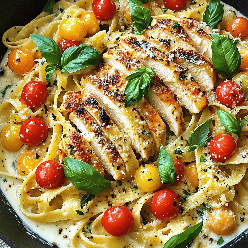 To make Marry Me Chicken Pasta, gather these key ingredients: - 2 boneless, skinless chicken breasts - 8 oz fettuccine pasta - 1 cup cherry tomatoes, halved - 1 cup heavy cream - ½ cup grated Parmesan cheese - 2 cloves garlic, minced - 1 teaspoon Italian seasoning - 2 tablespoons olive oil - Fresh basil leaves, for garnish - Salt and pepper, to taste These ingredients combine to create a rich, creamy dish that will impress anyone at your table. Using quality ingredients makes a big difference in your dish. Here are my favorite brands: - Chicken: Look for organic or free-range chicken for the best flavor. - Pasta: Barilla or De Cecco fettuccine are great choices for texture. - Cream: Land O’Lakes heavy cream gives a rich, smooth texture. - Parmesan: Grana Padano is a nice alternative for authentic flavor. These brands ensure you get the best taste and quality in your meal. You can easily adjust ingredients if you need to. Here are some smart swaps: - Chicken: Use turkey breast or even shrimp for a seafood twist. - Pasta: Gluten-free pasta works well for those with dietary needs. - Cream: Coconut cream or cashew cream can replace heavy cream for a dairy-free version. - Tomatoes: Canned diced tomatoes can be used if fresh ones aren’t available. These substitutions let you customize the dish while keeping it delicious. For the complete recipe, check the Full Recipe. Start by boiling a large pot of water. Add a generous amount of salt to the water. This helps flavor the pasta. Once the water is boiling, add 8 oz of fettuccine. Cook it according to the package instructions, usually about 8 to 10 minutes. You want it to be al dente, which means it should still have a bit of bite. Once done, drain the pasta. Set it aside and keep a little pasta water if you need to adjust the sauce later. While your pasta cooks, you can focus on the chicken. Take 2 boneless, skinless chicken breasts. Season both sides with salt, pepper, and 1 teaspoon of Italian seasoning. Heat 2 tablespoons of olive oil in a large skillet over medium-high heat. Once the oil is hot, carefully add the chicken breasts. Cook them for about 5 to 7 minutes on each side. They should turn a nice golden brown and reach an internal temperature of 165°F. After cooking, remove the chicken and let it rest for a few minutes. Slice it into strips to add later. In the same skillet, you will create a delicious sauce. Keep the residual oil in the pan. Add 2 cloves of minced garlic and sauté for about 30 seconds. Stir it continuously to avoid burning. Next, add 1 cup of halved cherry tomatoes. Cook them for about 2 to 3 minutes, until they soften and burst. This adds a great flavor to your sauce. Now, reduce the heat to medium and pour in 1 cup of heavy cream. Stir gently and let it simmer. Gradually add ½ cup of grated Parmesan cheese, mixing until the cheese melts. If the sauce is too thick, add a tablespoon of reserved pasta water. Then, add the drained fettuccine to the skillet. Toss everything together, making sure the pasta is well coated with the creamy sauce. Time to make it look good! Take the rested chicken breasts and slice them if you haven't yet. Arrange the chicken strips on top of the pasta. To finish, sprinkle some fresh basil leaves on top. You can also add a bit more grated Parmesan for extra flavor. This dish not only looks great, but it also tastes amazing. Enjoy your Marry Me Chicken Pasta! For the full recipe, check the earlier section. To make a great cream sauce, start with good ingredients. Use fresh heavy cream and quality Parmesan cheese. Heat the skillet over medium heat. Add minced garlic first, stirring for 30 seconds. This brings out its flavor. Then, add your cherry tomatoes. Cook until they soften. Pour in the heavy cream, stirring slowly. Let it simmer lightly. Gradually stir in the Parmesan. This makes the sauce creamy and rich. Adjust salt and pepper to taste. If the sauce feels too thick, add a little pasta water to loosen it. Cooking chicken well is crucial for safety and flavor. Season the chicken breasts with salt, pepper, and Italian seasoning. Heat olive oil in a large skillet. Cook the chicken for about 5-7 minutes on each side. You want a golden crust. Use a meat thermometer to check the temperature. It should reach 165°F (75°C). This ensures it's safe and juicy. Let the chicken rest for a few minutes before slicing. This step keeps the juices inside. Marry Me Chicken Pasta pairs well with many sides. A fresh green salad adds a nice crunch. You can also serve it with garlic bread for a hearty meal. For drinks, a chilled white wine works well. If you want something non-alcoholic, try sparkling water with lemon. Don't forget to top your pasta with fresh basil and extra Parmesan for a beautiful finish. For more ideas, check out the Full Recipe. {{image_4}} You can easily make a vegetarian version of Marry Me Chicken Pasta. Instead of chicken, use mushrooms or eggplant. These veggies add great flavor and texture. You can keep the creamy sauce just the same. Use vegetable broth instead of chicken broth for added depth. You can also add spinach for some extra color and nutrients. If you love seafood, shrimp works well in this dish. Cook the shrimp until they turn pink and add them to the pasta. Tofu is another great option. Press out the water and cut it into cubes. Sauté it until golden brown. Both choices add a nice twist while keeping the meal satisfying. Want to spice things up? Add crushed red pepper flakes to the sauce. It gives a nice heat without overpowering the dish. You could also toss in jalapeños or a dash of hot sauce. These spicy additions can make your meal exciting and full of flavor. To keep your Marry Me Chicken Pasta fresh, store leftovers in an airtight container. Place the pasta and chicken together, or keep them separate if you prefer. Make sure the dish cools to room temperature before sealing. This way, your meal stays tasty for up to three days. When you’re ready to eat your leftovers, reheat them gently. You can use a microwave or a skillet. If using a microwave, cover the dish with a damp paper towel to keep moisture in. Heat in short intervals, stirring in between. If using a skillet, add a splash of cream or reserved pasta water to restore the sauce's creaminess. Heat over low to medium heat until warmed through. Freezing Marry Me Chicken Pasta is a great option for long-term storage. Place the cooled dish in a freezer-safe container. Ensure it’s tightly sealed to avoid freezer burn. For best quality, eat within three months. When you’re ready to enjoy, thaw it overnight in the fridge. Reheat as mentioned above for the best taste. Feel free to explore more tips or recipes that can help you in your cooking journey! Check out the Full Recipe for Marry Me Chicken Pasta. Marry Me Chicken Pasta is a creamy, rich dish. It features chicken, pasta, and a delicious sauce. The sauce is made with heavy cream, Parmesan cheese, and cherry tomatoes. The dish is named for its ability to impress anyone who eats it. It’s a perfect meal for special occasions or cozy dinners at home. To make Marry Me Chicken Pasta gluten-free, choose gluten-free pasta. There are many options like rice, quinoa, or chickpea pasta. These alternatives cook similarly to regular pasta. Just check the cooking time on the package. The rest of the recipe remains the same. Yes, you can prepare this dish ahead of time. Cook the chicken and pasta, then store them separately. Keep the creamy sauce in an airtight container. When ready to serve, reheat everything together. Just make sure to not overcook the pasta when reheating. Several sides pair well with Marry Me Chicken Pasta. Here are some great options: - Garlic bread - A fresh garden salad - Steamed vegetables like broccoli or asparagus - Roasted Brussels sprouts These sides add color and nutrition to your meal. Marry Me Chicken Pasta delivers rich flavors and a satisfying meal. We explored vital ingredients, step-by-step cooking methods, and clever tips. You can swap items or try tasty variations for a personal touch. Remember to store and reheat leftovers properly. With these insights, you can enjoy this dish any time. Cooking doesn't need to be hard. Dive in and impress your loved ones with this simple, delicious recipe. Enjoy your culinary journey!