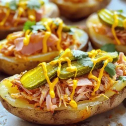 - 4 large russet potatoes - 1 tablespoon olive oil - Salt and pepper, to taste - 1 cup shredded cooked ham - 1 cup pulled seasoned chicken (or shredded pork) - 1/2 cup dill pickles, sliced - 1 cup Swiss cheese, shredded - 1/4 cup yellow mustard - Fresh cilantro, for garnish - Baking sheet - Aluminum foil - Broiler pan (optional) When I create Cuban Sandwich Potato Skins, I focus on using fresh, quality ingredients. The russet potatoes serve as the perfect base, offering a crispy skin and fluffy interior. The olive oil adds richness, while salt and pepper enhance the natural flavors. For the filling, I like to use shredded cooked ham and pulled seasoned chicken, or you can swap in shredded pork. The dill pickles bring a nice tang, and Swiss cheese melts beautifully over everything. A touch of yellow mustard adds that signature Cuban sandwich flavor. Fresh cilantro is a must for garnish; it brightens the dish and adds a pop of color. Gather these ingredients, and you're ready to make a dish everyone will love. For complete instructions on how to prepare this delight, check the Full Recipe. - Preheat the oven to 400°F (200°C). - Wash and pierce the russet potatoes. I love using russet potatoes for this recipe. Their thick skin holds up great and adds a nice crunch. Start by washing them well to remove dirt. Then, use a fork to pierce each potato several times. This lets steam escape while they bake and keeps them fluffy inside. - Season the potatoes with olive oil, salt, and pepper. - Bake the potatoes for 45-60 minutes. Next, drizzle olive oil on each potato. Rub it in well, and sprinkle on some salt and pepper. This step makes the skins crispy and flavorful. Place them on a baking sheet and pop them in the oven. Bake for 45 to 60 minutes. You want them tender enough to pierce with a fork. - Cool and scoop out the flesh from the potatoes. - Spread yellow mustard inside the skins. - Layer the fillings: ham, chicken, pickles, and Swiss cheese. - Broil for 5-7 minutes until cheese melts. Once the potatoes cool for a bit, cut them in half lengthwise. Use a spoon to scoop out the flesh, leaving a nice wall to hold the fillings. I like to save the potato flesh for mashed potatoes later. Now, spread yellow mustard inside each skin for a tangy twist. Next, layer in the shredded ham and pulled chicken or pork. Add dill pickles for crunch and then top it with Swiss cheese. Finally, put the filled potato skins under the broiler for 5 to 7 minutes. Keep an eye on them until the cheese bubbles and melts. This step brings everything together. You'll love how the flavors mix! For the full recipe, check out the details above. Enjoy this flavor-packed delight that brings a Cuban twist to a classic dish. - How to achieve crispy potato skins: Start with russet potatoes. Their thick skin crisps up nicely. Rub them with olive oil before baking. Season generously with salt. Bake at 400°F for 45-60 minutes. This creates a crispy exterior that holds the fillings well. - Best practices for melting cheese: Use shredded Swiss cheese for even melting. Broil the potato skins for 5-7 minutes after adding cheese. Keep a close eye to avoid burning. The goal is bubbly, gooey cheese that enhances the dish. - Suggestions for additional toppings: Try adding sliced jalapeños for heat. Fresh avocado or guacamole adds creaminess. You can also top with crunchy coleslaw for extra texture and flavor. - Recommended herbs and spices for seasoning: Fresh cilantro brightens the dish. Add smoked paprika for a hint of smokiness. A sprinkle of cumin can enhance the Cuban flavor profile. Experiment with fresh herbs like parsley or chives for a fresh finish. - Creative plating ideas: Serve potato skins on a vibrant platter. For a fun twist, use small individual plates. Garnish with extra dill pickle slices for color and appeal. - Side dishes that pair well with Cuban Sandwich Potato Skins: A light salad with citrus dressing complements the richness. Serve with plantain chips for crunch. A side of black beans adds protein and rounds out the meal. For a full recipe, check out the details to create these Cuban Sandwich Potato Skins and impress your friends and family! {{image_4}} You can easily swap meats in this recipe. If you want a vegetarian option, try using black beans or roasted vegetables. They add great flavor and texture. For those who prefer meat, turkey or beef also works well. Tofu is another great choice for a plant-based protein. It absorbs flavors well and adds a nice bite. Changing the cheese can really change the taste. Instead of Swiss cheese, try cheddar for a sharper flavor. Pepper jack adds some spice if you prefer a kick. You can also add hot sauce or sliced jalapeños to bring heat. Both options will elevate the dish and make it even more exciting. Loading up on veggies can enhance your potato skins. Bell peppers and onions add nice crunch and sweetness. You can also drizzle sauces or salsas on top. A tangy salsa verde or a creamy garlic sauce can add a new layer of flavor. Experiment with what you love! For the full recipe, check the detailed instructions above. To keep your leftover Cuban sandwich potato skins fresh, store them in the fridge. Let them cool to room temperature. Place them in an airtight container to avoid drying out. This keeps the flavors intact. I recommend using glass or plastic containers with tight seals. These containers help maintain taste and texture. You can freeze these potato skins for later enjoyment. If you want to freeze assembled potato skins, wrap each one tightly in plastic wrap. For unassembled skins, store them without toppings. Use freezer-safe bags or containers. When you’re ready to eat, thaw them overnight in the fridge. To reheat, bake them at 350°F (175°C) for about 15-20 minutes. This ensures they stay crispy and delicious. Cooked potato skins last about three to five days in the fridge. After this time, they may lose flavor and texture. Look for signs they have gone bad: a sour smell, a slimy texture, or discoloration. If you notice any of these signs, it’s best to toss them out. Enjoy your Cuban sandwich potato skins while they’re fresh for the best taste! A Cuban sandwich is a tasty mix of meats and cheese. It usually has: - Cuban bread - Roasted pork - Ham - Swiss cheese - Dill pickles - Yellow mustard These items create a great blend of flavors. The sandwich is pressed to make it warm and crunchy. Yes, you can prep Cuban Sandwich Potato Skins ahead. Here’s how: - Bake the potatoes and scoop out the flesh. - Store the skins in the fridge for up to a day. - Prepare your filling and keep it separate. - Assemble and broil just before serving. This way, you save time during your meal. To make these potato skins a hit at your party: - Double the recipe for larger groups. - Arrange the skins on a big platter for sharing. - Offer small plates for easy serving. - Add extra pickles on the side for fun. These tips will make your gathering lively and delicious! No broiler? No problem! Here are some ways to cook your potato skins: - Use a regular oven at a high temperature. - Bake them until the cheese melts and is bubbly. - Try a toaster oven if you have one. These methods can still give you tasty results. Many places serve Cuban Sandwich Potato Skins. Here are some suggestions: - Local Cuban restaurants often have them. - Look for gastropubs with creative appetizers. - Check out food trucks that focus on fusion dishes. These spots may surprise you with their flavors! Don't waste that potato flesh! Here are some ideas: - Make mashed potatoes with butter and cream. - Use it in potato soup for extra texture. - Mix it into breakfast hash with eggs. These options will keep your meals fun and creative. For the full recipe, check out the earlier section! In this post, we explored making Cuban Sandwich Potato Skins. You learned the ingredients, the tools you need, and the step-by-step cooking process. I shared tips for enhancing flavors and offered storage advice to keep your leftovers fresh. You can enjoy various meat and topping options. These tasty snacks are great for parties or a fun dinner. Keep experimenting to make them your own! Enjoy every bite of this delicious dish.