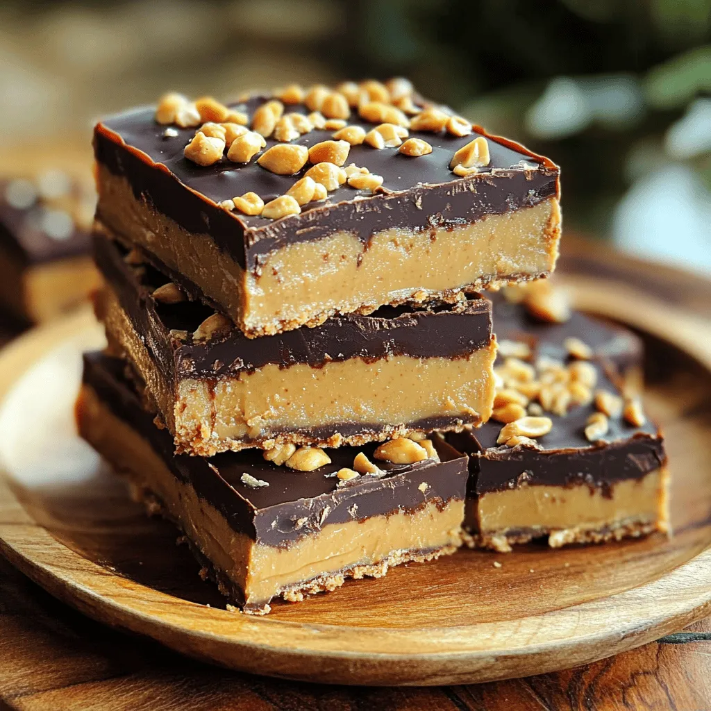 - 1 cup creamy peanut butter - 1/2 cup honey or maple syrup - 2 cups rolled oats - 1/2 cup dark cocoa powder - 1 teaspoon vanilla extract - 1/4 teaspoon salt - 1/2 cup dark chocolate chips - 1/4 cup chopped peanuts When making no-bake chocolate peanut butter bars, quality ingredients matter. The creamy peanut butter gives the bars their rich flavor and creamy texture. Honey or maple syrup adds sweetness and moisture. Rolled oats provide bulk and a chewy texture. Dark cocoa powder gives the bars that deep chocolate taste. Vanilla extract enhances the flavor, while salt balances it out. Dark chocolate chips add extra chocolatey goodness. Finally, chopped peanuts on top add crunch. - Alternatives for peanut butter: If you have a nut allergy, sunflower seed butter works well. It has a similar texture and taste. - Sweeteners: Honey is thicker, while maple syrup is lighter. Both options are tasty, so choose what you prefer. - Gluten-free options for rolled oats: Make sure to use certified gluten-free oats. This way, everyone can enjoy these bars without worry. For the full recipe, refer to the instructions at the beginning. 1. Start by preparing an 8-inch square baking dish. Line it with parchment paper. Leave some paper over the edges. This helps lift out the bars later. 2. In a large mixing bowl, add 1 cup of creamy peanut butter and 1/2 cup of honey or maple syrup. Mix them until smooth and well combined. 3. Now, add 2 cups of rolled oats, 1/2 cup of dark cocoa powder, 1 teaspoon of vanilla extract, and 1/4 teaspoon of salt to the bowl. Stir until everything is mixed well. You should have a thick, sticky dough. 4. Gently fold in 1/2 cup of dark chocolate chips. Make sure they are evenly spread throughout the mixture. This gives you delightful chocolatey bites in every bar. 5. Transfer the mixture into your prepared baking dish. Use a spatula to evenly spread it out. Press it down firmly to make it compact. 6. Sprinkle 1/4 cup of chopped peanuts on top. Press them down a little so they stick. 7. Cover the dish with plastic wrap. Place it in the refrigerator for at least 2 hours. This helps the bars firm up. 8. Once set, lift the bars out using the parchment paper. Cut them into squares or bars of your choice. 9. Store any leftovers in an airtight container in the fridge to keep them fresh. For the full recipe, check out the earlier section. Enjoy making these tasty no-bake chocolate peanut butter bars! To get the right texture, you need a thick and sticky mixture. Start with creamy peanut butter. Mix it well with honey or maple syrup until smooth. This step helps the bars hold together. When you add the rolled oats and cocoa powder, mix slowly. Use a sturdy spoon or spatula. You want everything fully combined without overmixing. Overmixing can make the bars too tough. For extra flavor, consider adding a pinch of cinnamon or a splash of almond extract. These can make the bars even more delightful. If you want a richer chocolate taste, use a higher quality cocoa powder. Dark chocolate chips also add depth to the flavor. You can even drizzle melted chocolate on top before serving for a gourmet touch. When serving, cut the bars into neat squares. Place them on a colorful plate for a nice effect. You can also add a light dusting of cocoa powder on top. If you have leftover bars, store them in an airtight container in the fridge. This keeps them fresh and tasty. Enjoy your no-bake chocolate peanut butter bars as a fun treat! You can find the full recipe earlier in this article. {{image_4}} You can easily adapt my no-bake chocolate peanut butter bars to fit different diets. For a vegan option, use maple syrup instead of honey. Replace the chocolate chips with dairy-free ones. This way, you keep the same great taste while making it plant-based. If you need a nut-free version, swap out the peanut butter for sunbutter or soy nut butter. Just be sure to check the labels for allergens. This change still gives you a creamy base and keeps the bars tasty. Spicing things up can make your bars even more exciting. One easy way is to add a pinch of cinnamon or a dash of cayenne. Cinnamon gives warmth, while cayenne adds a kick. Both flavors pair well with chocolate. You can also try different types of chocolate. Use milk chocolate for a sweeter taste or white chocolate for a creamy twist. Each type of chocolate brings a new layer of flavor. Get creative by mixing in fun add-ins. Dried fruits like cranberries or raisins add sweetness and chewiness. You can also add seeds, like chia or flax, for extra nutrition. If you want a crunchier bite, consider adding other nuts like almonds or walnuts. Chocolates or candies, like M&Ms or crushed pretzels, can also give a fun surprise in every bite. These little additions can transform your bars into something truly unique. Store your no-bake chocolate peanut butter bars in the fridge. This keeps them cool and fresh. If you want to save them for longer, the freezer is a great option. Just wrap them tightly in plastic wrap. This protects against freezer burn. To maintain freshness, always keep them in an airtight container. This prevents them from drying out and losing flavor. I recommend cutting the bars into 16 squares. This way, everyone can enjoy a piece without overindulging. When serving, use a sharp knife. It helps prevent crumbling. For a fun twist, try stacking a few bars on a plate. This adds a nice touch for guests. These bars last about a week in the fridge. If you store them in the freezer, they can last up to three months. Always check for signs of spoilage. Look for changes in color or a strange smell. If you notice these signs, it’s best to discard them. Enjoy your no-bake chocolate peanut butter bars fresh! Yes, you can use crunchy peanut butter. It will add a fun texture. The crunchy bits give each bite a nice surprise. The flavor stays rich and nutty, which is great. If you don’t have cocoa powder, try using carob powder. You can also use melted dark chocolate. This will change the taste, but it still tastes good. You may need to adjust the sweetness if you use chocolate. To make the bars firmer, add more oats. You can also reduce the amount of honey. Another option is to chill them longer in the fridge. This helps them hold their shape better. Yes, you can freeze these bars. Just wrap them tightly in plastic wrap first. When you want to eat one, let it thaw in the fridge for a few hours. This keeps them fresh and tasty. These bars have a mix of protein and fiber. The peanut butter adds healthy fats. Using honey or maple syrup gives you natural sweetness. However, they are also high in calories, so enjoy them in moderation. For the full recipe, check the details above. You learned how to make delicious no-bake bars with simple ingredients. We explored ingredient substitutions, preparation steps, and tips for a perfect texture. Variations let you customize flavors and cater to diets. Proper storage keeps your bars fresh for longer. These bars offer a tasty treat that fits many needs. Enjoy experimenting with different flavors and ingredients. Happy snacking!