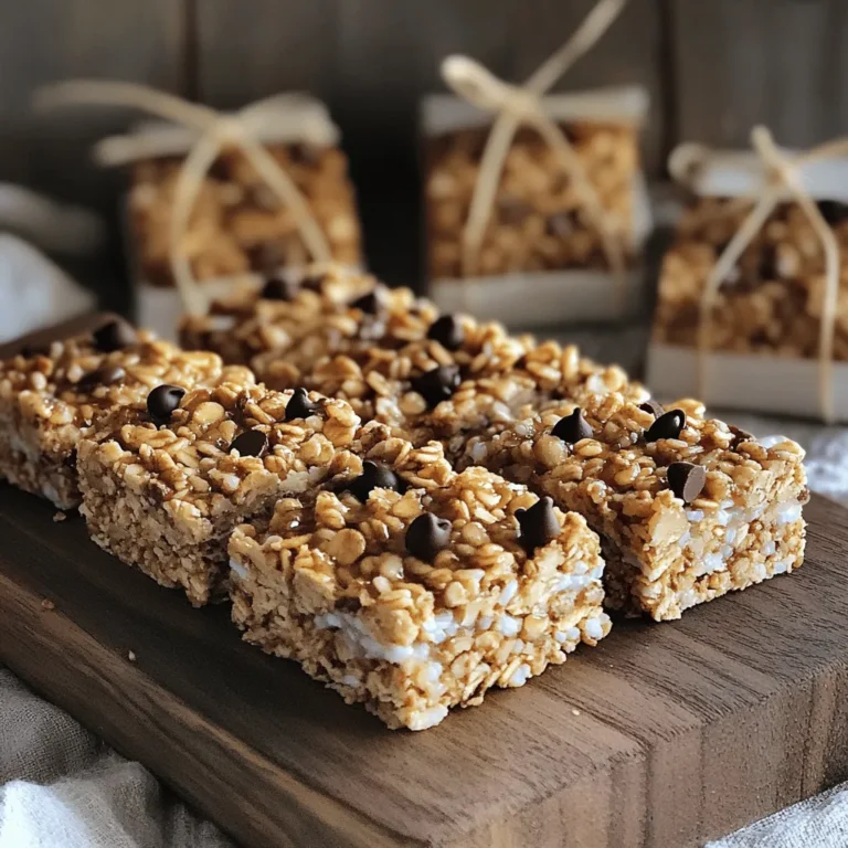 To make tasty nut-free granola bars, you need simple ingredients. Start with: - 2 cups rolled oats - 1/2 cup puffed rice cereal - 1/2 cup sunflower seeds - 1/2 cup pumpkin seeds Rolled oats form the base of your bars. They add fiber and help bind everything. Puffed rice cereal adds a light crunch, making your bars fun to eat. Sunflower and pumpkin seeds bring protein and healthy fats without nuts. Next, you must choose your sweeteners and fats. Use: - 1/2 cup honey or maple syrup - 1/4 cup coconut oil, melted Honey or maple syrup adds the right sweetness. Coconut oil gives a lovely richness. Both help hold your bars together, making them chewy and satisfying. Finally, it’s time to boost the flavor. You’ll need: - 1 teaspoon vanilla extract - 1/2 teaspoon ground cinnamon - 1/2 cup mini chocolate chips Vanilla extract gives a warm, inviting taste. Ground cinnamon adds a hint of spice. Mini chocolate chips? They’re the fun part! Feel free to use dairy-free chips if you like. With these ingredients, you're ready to create your nut-free granola bars. For the full recipe, check out the Crunchy Chocolate Chip Nut-Free Granola Bars. 1. Preheat your oven to 350°F (175°C). 2. Prepare an 8x8 inch baking dish. Line it with parchment paper. Leave some paper hanging over the sides. This helps in lifting the bars out later. 3. In a large bowl, combine the rolled oats, puffed rice cereal, sunflower seeds, pumpkin seeds, and ground cinnamon. Mix well. 1. In a smaller bowl, whisk together honey or maple syrup, melted coconut oil, vanilla extract, and a pinch of sea salt. Ensure it is smooth and well blended. 2. Pour the wet mixture over the dry ingredients. Use a wooden spoon to stir until all the dry ingredients are coated. 1. Gently fold in the mini chocolate chips. Ensure they are spread evenly without breaking them. 2. Transfer the mixture to the prepared baking dish. Press down firmly and evenly with a spatula or your hands. This compacts the mixture well. 3. Bake in the oven for 20-25 minutes. Look for golden brown edges and a fragrant smell. 4. After baking, remove it from the oven. Let it cool in the pan for about 10 minutes. 5. Use the parchment paper to lift the slab out of the pan. Place it on a wire rack to cool completely. 6. Once cool, cut into bars or squares using a sharp knife. Now you have a tasty and crunchy snack! For the full recipe, check the detailed steps above. To get that perfect crunch, make sure to compact the mixture well. When you press the mix into the baking dish, use your hands or a spatula. This action helps the ingredients stick together. If the mixture is loose, your bars will crumble. Baking time is also key. For softer bars, check them around 20 minutes. If you want a crunchier texture, let them bake a bit longer, up to 25 minutes. Keep an eye on the edges; they should be golden brown. You can mix things up with sweeteners and oils. If you prefer a different taste, try agave syrup instead of honey. For oil, you can use avocado oil or even apple sauce for a lighter option. When it comes to chocolate chips, swap them for dried fruit like raisins or cranberries. You can also use carob chips for a unique flavor that is still nut-free. Want to take your bars to the next level? Add extra seeds like chia or flaxseeds. They boost nutrition and give a nice crunch. Dried fruits like apricots or figs can add sweetness and chewiness. Spices can also enhance flavor. Try adding a pinch of nutmeg or ginger for warmth. Experiment with cardamom for a hint of spice. Each addition can make your bars stand out. For the full recipe, check out the Crunchy Chocolate Chip Nut-Free Granola Bars recipe above. {{image_4}} You can make nut-free granola bars in many fun flavors. One great option is fruity granola bars. You can add dried fruits like raisins, cranberries, or apricots. These fruits give a sweet and chewy bite. Mix in about 1/2 cup of your favorite dried fruit to the base recipe. Another tasty choice is chocolate or cacao variations. You can use cocoa powder or dark chocolate chips. Just add 1/4 cup of cocoa powder to the dry mix. If you love chocolate, try adding 1 cup of chocolate chips. This will satisfy any chocolate cravings. If you want vegan nut-free granola bars, swap honey for maple syrup. Maple syrup is a great plant-based sweetener. Use the same amount as honey in the recipe. For those who need gluten-free options, look for gluten-free rolled oats. Many brands offer gluten-free oats that taste just as good. Always check the label to avoid cross-contamination. To make a healthier version, consider reducing sugar content. You can cut the sweetener by half without losing flavor. This change makes the bars less sweet but still tasty. Using whole grain options is another great way to boost health. Consider using whole grain oats or even quinoa flakes. Whole grains provide more fiber and nutrients, keeping you full longer. For the full recipe, check out the Crunchy Chocolate Chip Nut-Free Granola Bars. To keep your nut-free granola bars fresh, store them in airtight containers. You can also wrap them in plastic wrap or parchment paper. This helps to lock in moisture and prevent them from getting stale. I recommend using glass containers for the best results. They do not hold odors and keep your bars tasting great. If you want to freeze your granola bars, here’s how. First, cut your bars into individual pieces. Then, wrap each bar in plastic wrap. Place them in a freezer bag or airtight container. This way, they will stay fresh for up to three months. When you are ready to eat one, remove it from the freezer. Let it thaw in the fridge or at room temperature for about 30 minutes. Enjoy your tasty snack! At room temperature, granola bars can last about a week. Keep them in a cool, dry place, away from sunlight. If you notice any signs of spoilage, such as a strange smell or mold, toss them out. Your health is important, so always check before eating! Are granola bars healthy snacks? Yes, granola bars can be healthy snacks. They often contain oats, seeds, and natural sweeteners. These ingredients provide fiber and energy. However, check the labels for added sugars. Making your own bars, like the Crunchy Chocolate Chip Nut-Free Granola Bars, lets you control what goes in. How can I ensure my granola bars are truly nut-free? To keep your granola bars nut-free, check all labels on ingredients. Look for cross-contamination warnings. Use seeds instead of nuts. Always clean your workspace and utensils to avoid traces. This way, you can safely enjoy your snack without worries. Can I add protein powder to my granola bars? Yes, adding protein powder is an excellent idea. It boosts nutrition and keeps you full longer. Start with a small amount, about 1/4 cup. Mix it in with the dry ingredients for even distribution. This way, you get added protein without changing the texture too much. Why are my granola bars falling apart? Granola bars may fall apart if not compacted well. Press the mixture firmly into the baking dish. Also, ensure enough binding agents like honey or syrup. If they still crumble, try baking them a bit longer. This helps them hold together better. What are the calories in a nut-free granola bar? Each nut-free granola bar has about 150-200 calories, depending on the ingredients. The oats and seeds provide energy. If you use more sweeteners, the calorie count can rise. Always check the specifics based on your recipe. How can I increase fiber content in my recipe? You can add more oats or seeds to boost fiber. Chia seeds or flaxseeds are great options. They blend well into the mix and add extra nutrients. Dried fruits like raisins or figs also add fiber. Experiment with these ingredients for a healthy twist. In this post, we explored nut-free granola bars, from key ingredients to storage tips. You learned how rolled oats and seeds form the base while sweeteners add taste. The guide covered baking steps and clever tips to ensure your bars stay crunchy. You can even try fun variations to suit different diets. Keep experimenting to find your favorite combinations, and enjoy your healthy snacks!