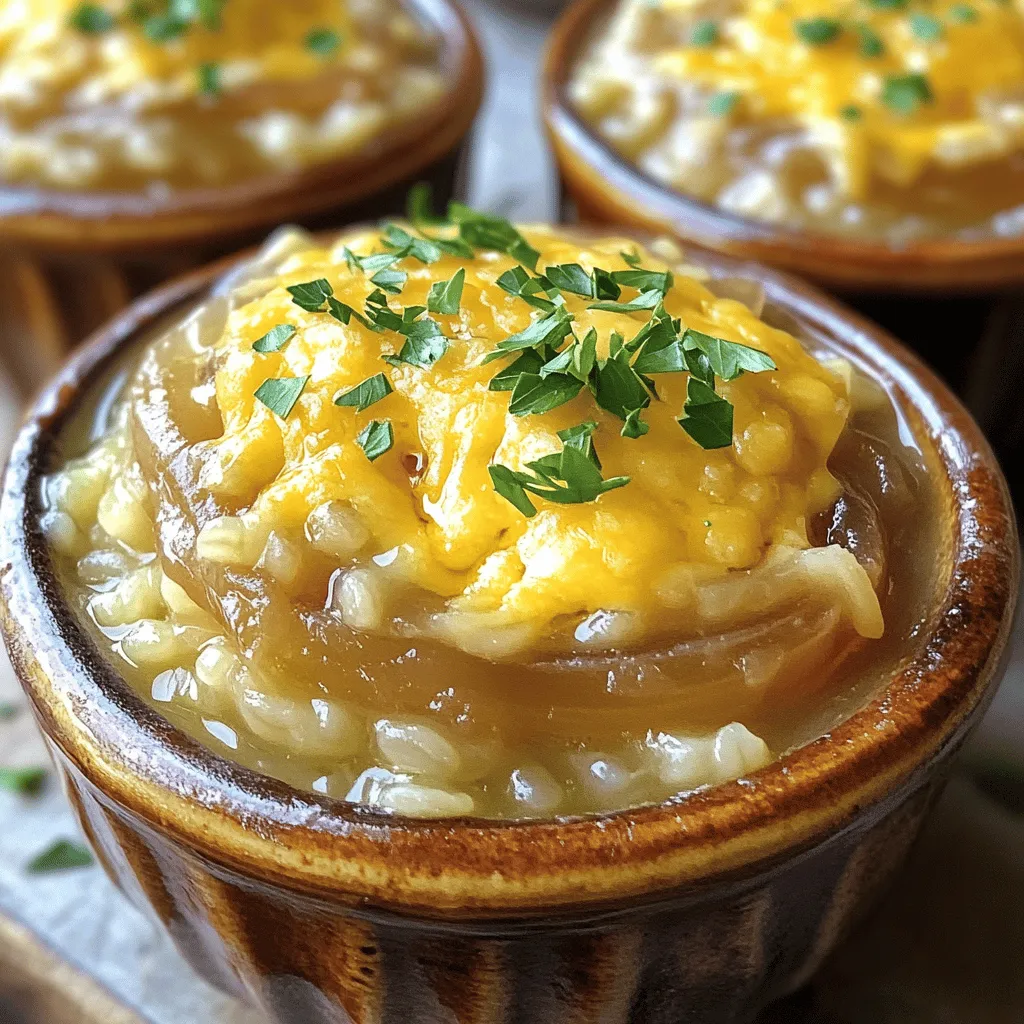 To make this dish, you need a few key ingredients: - 1 cup Arborio rice - 4 large onions, thinly sliced - 4 cups vegetable broth - 2 tablespoons olive oil - 2 tablespoons unsalted butter - 1 teaspoon sugar - 1 teaspoon dried thyme - 1 bay leaf - 1 cup Gruyère cheese, grated - Salt and pepper to taste - Fresh parsley, chopped (for garnish) These ingredients come together to create a rich and comforting dish. The Arborio rice gives the recipe a creamy texture. The onions add a deep sweetness, which enhances the overall flavor. Feel free to get creative with add-ins! You can include: - Sautéed mushrooms for earthiness - Cooked chicken or beef for protein - A splash of white wine for depth - Spinach or kale for extra greens These options can elevate the dish and cater to your preferences. Seasoning is key to flavor. Besides salt and pepper, you can try: - A pinch of nutmeg for warmth - A dash of balsamic vinegar for sweetness - Fresh thyme leaves for added aroma For garnishing, consider: - Crispy fried onions for crunch - Chopped chives for a fresh kick - A drizzle of truffle oil for luxury These touches will make your French Onion Soup Rice even more appealing and delicious. To start, I heat olive oil and unsalted butter in a large pot. I set the heat to medium until the butter melts. Then, I add four large onions, thinly sliced, into the pot. The key is to cook them slowly. I lower the heat to medium-low. I stir the onions often. This helps them caramelize nicely. After about 25 to 30 minutes, they turn golden brown. At this point, I sprinkle one teaspoon of sugar over the onions. This adds extra sweetness. I stir well and cook for another five minutes. This step builds a rich, deep flavor. Next, I add one cup of Arborio rice to the pot. I make sure to stir well, coating each grain in that sweet onion mix. Now, I carefully pour in four cups of vegetable broth. I also add one teaspoon of dried thyme and one bay leaf for extra flavor. I season with salt and pepper to taste. Then, I stir everything together and bring it to a gentle simmer. I cover the pot and let it cook for 18 to 20 minutes. I stir occasionally, watching for the rice to become tender. It should absorb most of the broth during this time. After cooking, I turn off the heat and remove the bay leaf. I then stir in half of one cup of grated Gruyère cheese. This makes the rice creamy and cheesy. For serving, I dish out the rice into bowls. I top each serving with the rest of the cheese. If I want a crispy finish, I place the bowls under the broiler for one to two minutes. Finally, I sprinkle fresh parsley on top for color and flavor. Enjoy this dish warm for a comforting meal. For the complete recipe, check out the Full Recipe. Caramelized onions are the heart of this dish. Start by using large onions. Slice them thin to help them cook evenly. Heat olive oil and butter in a large pot. Add the onions when the fat is hot. Stir the onions every few minutes. This keeps them from burning. Cook them slowly on medium-low heat. Aim for a deep golden brown color. This might take about 25-30 minutes. If they start to stick, add a splash of broth. Adding sugar helps enhance their sweetness. Arborio rice is key for its creamy texture. First, add the rice to the pot with the onions. Stir it well to coat each grain. This helps the rice absorb flavor. Next, pour in the vegetable broth. Bring the mixture to a gentle simmer. Cover the pot with a lid while it cooks. Let it simmer for 18-20 minutes. Stir occasionally to prevent sticking. The rice should be tender and absorb most of the broth. Cheese brings comfort to this dish. For the best melt, use Gruyère cheese. Stir half of the cheese into the rice after cooking. This ensures it melts evenly. For a special touch, top the bowls with the rest of the cheese. You can place the bowls under a broiler for a few minutes. This gives a nice, crispy finish to the cheese. Watch closely to avoid burning. Serve with fresh parsley on top for color. Enjoy the warmth of this cozy dish. {{image_4}} To make a creamy version of this dish, add some cream or milk. After you cook the rice, stir in 1/2 cup of heavy cream. This step makes the rice rich and smooth. Adding cream also balances the strong onion flavor. You can adjust the amount based on your taste. Serve it warm for a comforting meal. For a vegan option, swap the butter and cheese. Use olive oil instead of butter. Replace Gruyère with a vegan cheese or omit it. The dish will still be tasty and comforting. You can also add a splash of coconut milk for creaminess. This keeps the dish rich while staying plant-based. You can change the cheese to mix flavors. Try sharp cheddar for a bolder taste. Mozzarella melts well and gives a stretchy texture. Parmesan adds a salty kick. Experiment with different cheeses to find your favorite blend. Each cheese brings a unique flavor, enhancing the dish in its own way. For the full recipe, refer to the [Full Recipe]. After you make French onion soup rice, let it cool to room temperature. Place it in an airtight container. You can store it in the fridge for up to three days. When you’re ready to eat, check for any off smells or changes in texture. If you want to keep it longer, freezing is a great option. Transfer the cooled rice to a freezer-safe container. Make sure to leave some space for expansion. You can freeze it for up to three months. Just label the container with the date, so you know when to use it. To reheat, you can use the microwave or the stove. If using the microwave, add a splash of water or broth to keep it moist. Heat in short bursts, stirring in between. If using the stove, warm it over low heat with a bit of broth. Stir often until hot. For a crispy top, you can place it in the oven for a few minutes. Enjoy the rich flavors just like when you first made it! Yes, you can use regular rice instead of Arborio. However, Arborio rice is special. It has a higher starch content. This gives the dish a creamier texture. Regular rice may not absorb flavors as well. If you choose regular rice, adjust the cooking time. It usually cooks faster than Arborio. To make French onion soup rice gluten-free, use gluten-free broth. Many store-bought vegetable broths are gluten-free. Always check the label to be sure. The rest of the ingredients are naturally gluten-free. This makes it easy to enjoy a warm bowl without gluten. This dish pairs well with simple sides. Consider a fresh green salad for crunch. A slice of crusty bread complements the soup's warmth. You can also serve it with roasted vegetables. They add a nice touch of color and flavor to your meal. For a cozy night, serve with a glass of red wine. It enhances the flavors beautifully. For the full recipe, check out the details above. In this post, I covered key ingredients and instructions for making French Onion Soup Rice. You learned how to prepare and cook, plus tips for perfect onions and rice. Don’t forget the variations for making it creamy or vegan. Proper storage and reheating methods keep it fresh. My final thought: this dish is easy and fun. Enjoy making it your own and sharing with others!
