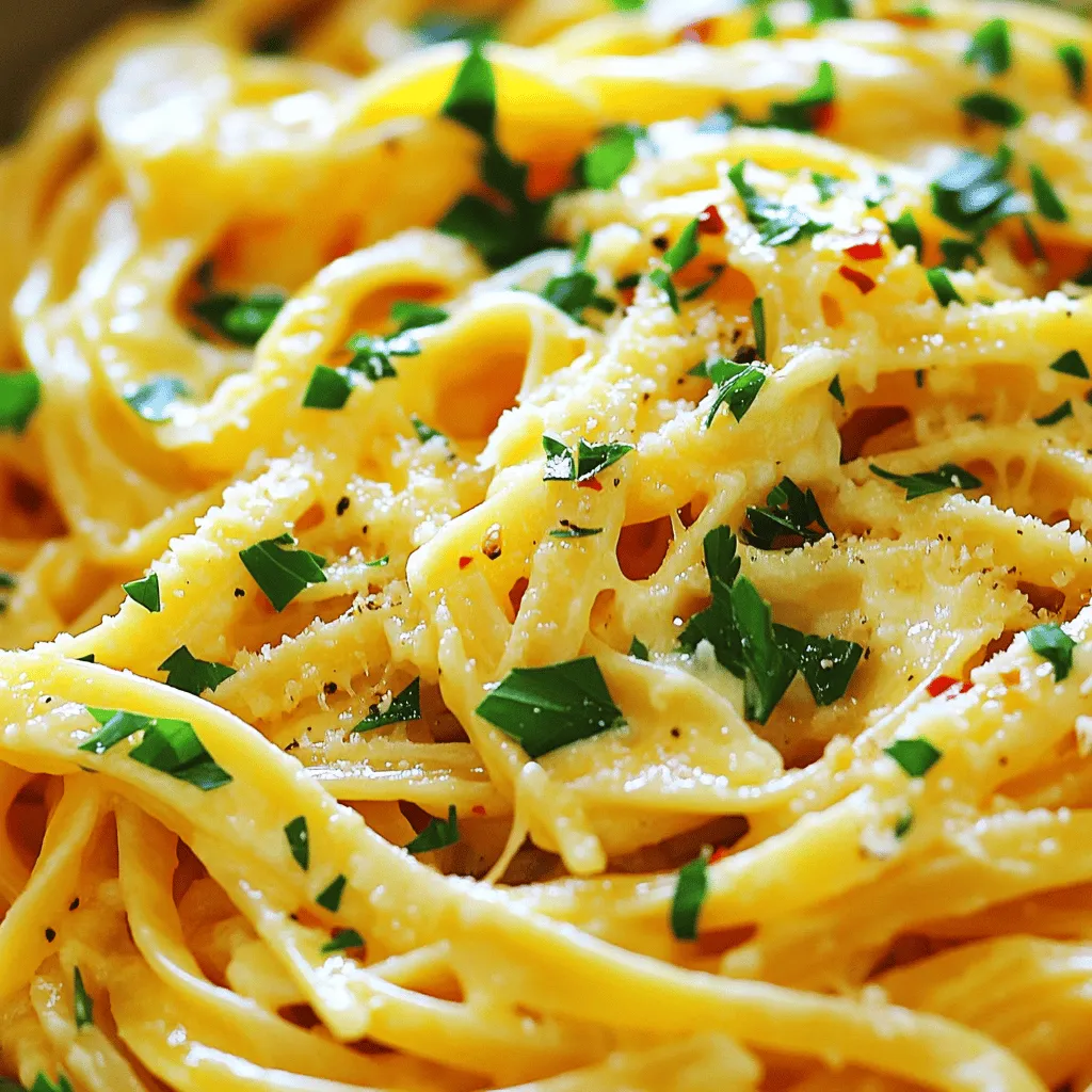To make Cheesy Garlic Butter Linguine, you need a few simple ingredients. Here’s what you will need: - 8 oz linguine pasta - 4 tablespoons unsalted butter - 4 cloves garlic, minced - 1 cup heavy cream - 1 cup grated Parmesan cheese - 1 cup shredded mozzarella cheese - 1 teaspoon red pepper flakes (optional) - Salt and freshly ground black pepper to taste - Fresh parsley, finely chopped (for garnish) These ingredients come together to create a rich and creamy dish. The linguine pasta serves as the perfect base, while the butter and garlic give it a lovely flavor. The heavy cream, Parmesan, and mozzarella melt into a smooth sauce that clings to the pasta. You can add red pepper flakes for a little kick, but it’s up to you. Finally, don’t forget the fresh parsley; it brightens the dish and adds color. You can find the full recipe for Cheesy Garlic Butter Linguine [here](#). To start, you need a big pot. Fill it with 4-5 quarts of water. Add salt to taste. Bring it to a rolling boil. This step is key for good pasta. Once the water is boiling, add 8 oz of linguine. Cook it for 8-10 minutes for al dente. Stir occasionally to avoid sticking. When it's done, drain it in a colander. Remember to save 1/2 cup of that starchy pasta water. This water helps the sauce later. Next, grab a large skillet. Place it on medium heat. Add 4 tablespoons of unsalted butter. Let it melt completely. The butter will start to foam, and that’s good. Now, add 4 cloves of minced garlic. Sauté it for about 1-2 minutes. Stir it often to keep it from burning. You want the garlic to smell amazing and turn slight golden. Once the garlic is ready, pour in 1 cup of heavy cream. Stir well to mix it with the butter and garlic. Let it simmer for 2-3 minutes. This step warms the cream nicely. Now, add in 1 cup of grated Parmesan cheese and 1 cup of shredded mozzarella cheese. Keep stirring until all the cheese melts. The sauce should become rich and creamy. Time to combine! Add the drained linguine to the skillet. Gently toss to coat every strand with sauce. If the sauce feels too thick, use that reserved pasta water. Add it a tablespoon at a time until you like the creaminess. For a little kick, stir in 1 teaspoon of red pepper flakes if you want. Season your dish with salt and freshly ground black pepper. Mix well to ensure every bite is tasty. To serve, place the cheesy garlic butter linguine on warm plates. Garnish with finely chopped fresh parsley. This adds color and freshness to your dish. Enjoy every delicious bite! For the full recipe, check out the details above. To melt cheese without clumping, keep the heat low. Add cheese slowly and stir constantly. This helps it blend smoothly into the sauce. If the sauce feels too thick, add a splash of reserved pasta water. You can adjust flavors by adding more salt or pepper to suit your taste. Look for signs of perfectly al dente linguine. The pasta should be firm but not hard. It should have a slight bite when you chew it. Timing is key; start checking a minute or two before the package time ends. This way, you get the perfect texture every time. For variety, consider adding extra ingredients. Cooked chicken or shrimp can make this dish heartier. You can also add seasonal veggies like spinach or cherry tomatoes for a fresh twist. Fresh herbs, like parsley or basil, make great garnishes. They add a pop of color and a burst of flavor, making your dish look and taste amazing. {{image_4}} You can easily boost the nutrition of cheesy garlic butter linguine by adding protein. Chicken or shrimp are great choices. - For Chicken: Cook bite-sized pieces in the skillet before adding garlic. This adds flavor and makes the dish heartier. - For Shrimp: Sauté shrimp in the garlic butter until they turn pink. This adds a fresh taste and pairs well with the creaminess. If you prefer plant-based options, try adding chickpeas or tofu. Both options soak up flavors well and add texture. Adding vegetables not only enhances the taste but also adds nutrition. You can use seasonal veggies to keep it fresh. - Spinach: Mix in fresh spinach toward the end of cooking. It wilts nicely and adds color. - Cherry Tomatoes: Toss in halved cherry tomatoes for a burst of sweetness. Pairing veggies with the dish provides vitamins and minerals. You can use broccoli or zucchini for extra crunch. While Parmesan and mozzarella are classic choices, you can experiment with different cheeses. - Cheddar: Try sharp cheddar for a bolder flavor. It melts well and adds a rich taste. - Goat Cheese: This cheese offers a tangy twist. It creates a creamy texture that complements the dish. If you're looking for dairy-free options, consider cashew cream or nutritional yeast. They give a creamy feel without the dairy. To store your cheesy garlic butter linguine, let it cool first. Place it in an airtight container. Try to use it within three days. It stays fresh in the fridge for up to three days. This way, you can enjoy the creamy goodness later! To reheat your pasta, use a skillet over low heat. Add a splash of water or cream to keep it moist. Stir gently until hot. This helps avoid dried out pasta. You want it creamy and delicious, just like when you first made it! If you want to freeze it, put the cooled linguine in a freezer-safe bag. Squeeze out air to prevent freezer burn. It keeps well for up to three months. When ready to eat, thaw it overnight in the fridge. Reheat as mentioned before for the best results! Yes, you can make this dish ahead of time. Cook the pasta and sauce separately. Store them in airtight containers. When you are ready to serve, simply reheat the sauce and add the pasta. If the sauce is too thick, add a bit of water or broth. This way, you keep the meal fresh and tasty. If you want a lighter option, use half-and-half or whole milk. For a dairy-free choice, try coconut milk or cashew cream. Each of these options will change the flavor slightly, but they keep the dish creamy. Yes, this recipe is suitable for vegetarians. It uses cheese and butter, which are vegetarian-friendly. Just be sure to check the labels on your cheeses to avoid any animal rennet. To add spice, include red pepper flakes or chopped fresh chili peppers. You can also use a dash of hot sauce while cooking. Adjust the amount based on your spice preference. Start small and taste as you go. You can use several pasta types instead of linguine. Good options include fettuccine, spaghetti, or even penne. Each pasta will give a different texture but will still taste great with the garlic butter sauce. This blog post covered a delicious creamy garlic butter linguine recipe. You learned the key ingredients, from linguine to fresh parsley. I shared step-by-step instructions to ensure perfect pasta and sauce. Tips for enhancing flavor and storage advice help you enjoy leftovers. Feel free to make variations with proteins, veggies, and cheeses. This dish is easy to adapt and customize. Enjoy your creamy linguine as a go-to meal for any occasion!