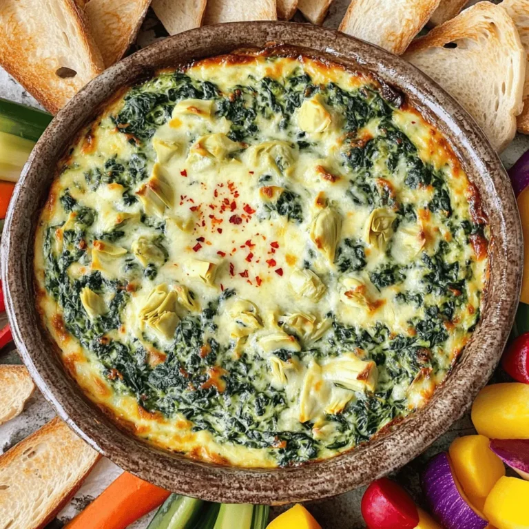 To make the best creamy spinach and artichoke dip, gather these items: - 1 cup fresh spinach, finely chopped - 1 cup canned artichoke hearts, drained and roughly chopped - 1 cup cream cheese, softened to room temperature - 1/2 cup sour cream - 1/2 cup mayonnaise - 1 cup shredded mozzarella cheese - 1/4 cup grated Parmesan cheese - 2 cloves garlic, minced - 1 teaspoon fresh lemon juice - 1/2 teaspoon red pepper flakes (optional, for added heat) - Salt and freshly cracked black pepper to taste For those who want to take their dip to the next level, consider these options: - Fresh herbs like basil or parsley for a burst of freshness - A splash of Worcestershire sauce for depth of flavor - A pinch of smoked paprika for a hint of smokiness Use high-quality ingredients for the best taste. Fresh spinach adds a vibrant flavor. Canned artichokes should be tender, not tough. Choose full-fat cream cheese for richness. If you can, opt for fresh mozzarella. It melts better and gives a creamier texture. Lastly, fresh lemon juice brightens the dip, while freshly cracked pepper enhances the flavors. By selecting premium ingredients, your creamy spinach and artichoke dip will shine. For the full recipe, check the details above. 1. Preheat your oven to 350°F (175°C). This helps the dip get bubbly and brown. 2. In a large bowl, mix cream cheese, sour cream, and mayonnaise. Beat until smooth. 3. Fold in the chopped spinach, artichoke hearts, minced garlic, mozzarella, and Parmesan cheese. Stir gently to mix well. 4. Add fresh lemon juice and red pepper flakes if you want heat. Season with salt and black pepper to taste. 5. Transfer the mixture to a greased baking dish, spreading it evenly. 6. Place the baking dish in the preheated oven. Bake for 20-25 minutes. Watch for a golden top. 7. Once golden and bubbly, take it out and let it cool for about 5 minutes. Serve the dip warm in a nice bowl. Pair it with toasted baguette slices, crispy tortilla chips, or crunchy veggies like carrots and celery. For a pop of color, add freshly chopped parsley or a sprinkle of red pepper flakes on top. Enjoy this creamy treat! You can find the Full Recipe for more details. To get that smooth, creamy texture, start with softened cream cheese. This helps it blend well. Mix the cream cheese, sour cream, and mayonnaise until it is smooth. Use a hand mixer for the best results. When you add the spinach and artichokes, fold them in gently. This keeps the dip fluffy and light. One common mistake is overbaking the dip. Keep a close eye on it in the oven. You want a bubbly top, not burnt edges. Also, avoid using frozen spinach without draining it well. Too much water can make the dip runny. Lastly, taste your mixture before baking. Adjust the seasoning for the best flavor. I love serving this dip with various dippers. Toasted baguette slices add a nice crunch. Crispy tortilla chips are a classic choice too. For a healthier option, use crunchy veggies like carrots, celery, or bell peppers. They bring a fresh taste that pairs well with the dip. For more ideas, check the Full Recipe for details on dippers. {{image_4}} Want to add some heat? A spicy spinach and artichoke dip is perfect! To make it spicy, add 1 teaspoon of cayenne pepper. You can also use 1/2 teaspoon of hot sauce. These small changes bring big flavor. The heat pairs nicely with the creamy texture. Serve this dip with crunchy tortilla chips for a fun kick! Looking for vegetarian or vegan options? You can make this dip without animal products! For a vegan version, swap cream cheese with cashew cream or vegan cream cheese. Use plant-based sour cream and mayonnaise. Nutritional yeast can give you that cheesy flavor without dairy. Your dip will still taste creamy and rich! Not a fan of certain cheeses? You can easily switch them out. Instead of mozzarella, try gouda or cheddar for a unique taste. For a sharper flavor, use aged provolone or feta. You can mix and match to find what you love. Each cheese brings a new twist to this classic dip. Check out the full recipe for more ideas! After enjoying your creamy spinach and artichoke dip, let any leftovers cool. Once cooled, transfer the dip into an airtight container. This helps keep the flavors fresh. Store it in the fridge for up to three days. Always remember to cover it tightly to avoid drying out. If you want to save some for later, freezing works well. First, let the dip cool completely. Then, place it in a freezer-safe container. Seal it tightly to prevent freezer burn. You can freeze it for up to two months. When you’re ready to enjoy it, just thaw it overnight in the fridge. To reheat your dip, preheat the oven to 350°F (175°C). Place the dip in an oven-safe dish. Cover it with foil to keep it moist. Heat for about 20 minutes or until it’s warm throughout. You can also use the microwave. Heat in short bursts, stirring in between until hot. Enjoy your dip warm for the best taste. For the full recipe, visit the main article. Yes, you can make this dip ahead of time. Prepare it and store it in the fridge. Just cover it tightly to keep it fresh. You can bake it right before serving. This way, it stays warm and bubbly for your guests. If you want to substitute cream cheese, try using Greek yogurt. It gives a nice tang and creamy texture. You can also use ricotta cheese for a lighter option. These choices will keep your dip smooth and tasty. You can keep the dip in the fridge for about three to five days. Make sure to store it in an airtight container. If it starts to smell or look off, it's best to toss it. Always trust your senses when it comes to food safety. For the full recipe, check the section above. This blog post covered everything you need to make a great dip. We talked about essential ingredients, preparation steps, and baking tips. You learned how to achieve a creamy texture and avoid common mistakes. We even explored fun variations and storage methods. Now you’re ready to impress your friends and family with your dip skills. Remember, the right ingredients and simple steps lead to delicious results! Enjoy your tasty creation and share it with others.