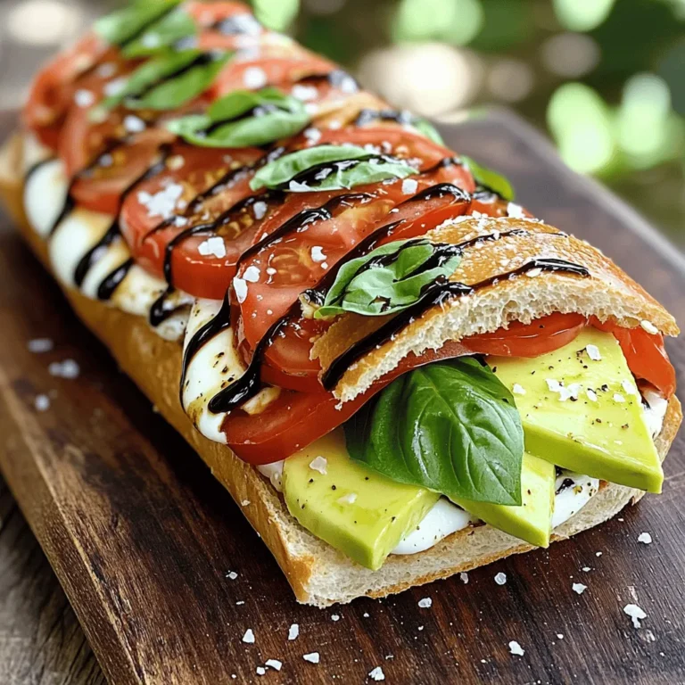 To make a Fresh Caprese Sandwich, gather these simple ingredients: - Ciabatta roll or focaccia bread - Ripe tomato - Fresh mozzarella cheese - Fresh basil leaves - Balsamic glaze - Extra virgin olive oil - Salt and black pepper - Optional: Avocado Each ingredient plays a vital role in creating that classic Caprese flavor. The ciabatta or focaccia bread provides a perfect, crusty base. The ripe tomato adds juiciness and sweetness, while fresh mozzarella brings a creamy, milky texture. Fresh basil leaves give an aromatic touch that brightens the dish. Drizzling balsamic glaze adds a sweet and tangy depth, balancing the flavors. Extra virgin olive oil enhances everything with a rich, fruity note. Finally, don’t forget to season with salt and black pepper to elevate the taste. If you want, you can add sliced avocado for extra creaminess. This simple list of ingredients ensures your sandwich bursts with fresh, vibrant flavor. For the full recipe, refer to the Caprese Bliss Sandwich section. 1. Start by slicing your ciabatta roll or focaccia bread in half. This creates a top and bottom for your sandwich. 2. In a small bowl, mix olive oil with a pinch of salt and some black pepper. 3. Use a brush to coat the inside of both halves of the bread with this oil mixture. 1. Place thick slices of tomato on the bottom half of the bread. Let them overlap slightly. 2. Add rounds of fresh mozzarella on top of the tomatoes. Arrange them evenly for the best taste. 3. Scatter fresh basil leaves over the mozzarella. Feel free to add a lot for a fresh flavor. 4. If you want creaminess, layer sliced avocado on top of the basil. 1. Drizzle balsamic glaze over the top layer, letting it flow down the sides. 2. Close the sandwich with the top half of the bread and press down gently. 3. Grill the sandwich in a skillet or panini press. Cook for 2-3 minutes on each side until golden brown and the cheese melts. 4. Slice the sandwich diagonally and serve right away. For the complete cooking experience, refer to the Full Recipe for the Caprese Bliss Sandwich. Fresh produce makes all the difference in a Caprese sandwich. Choose ripe tomatoes with vibrant color. The flavor should be sweet and juicy. Look for mozzarella that is soft and creamy. Fresh basil should be bright green and aromatic. For bread, I love ciabatta or focaccia. They have great texture and flavor. Make sure the bread is fresh and crusty for the best bite. Grilling the sandwich brings out the flavors. Keep the heat medium-low to avoid burning. This allows the cheese to melt without the bread getting too dark. Aim for about 2-3 minutes on each side. Press down gently with a spatula. This helps the cheese get gooey and stretch. You want that perfect melty texture, so keep an eye on it! To boost flavor, add a sprinkle of sea salt and fresh pepper. A pinch of oregano or garlic powder can add depth. Drizzling a balsamic glaze adds a sweet and tangy kick. If you enjoy a touch of sweetness, consider adding a slice of avocado. This adds creaminess and balances the acidity of the tomatoes. Play with these ideas to make the sandwich your own! For the complete recipe, check out the Caprese Bliss Sandwich. {{image_4}} You can switch up the bread to make your sandwich unique. Whole grain bread adds a nutty flavor and extra fiber. If you need a gluten-free option, try a gluten-free ciabatta or focaccia. These options keep the sandwich tasty and fresh. Want to add more to your Caprese sandwich? Adding proteins like chicken or turkey can make it heartier. You can also mix in creative toppings. Pesto adds a rich, herbal taste. Sun-dried tomatoes bring a sweet and tangy kick that enhances every bite. You can adapt this sandwich for different diets. For vegans, use plant-based mozzarella and skip the balsamic glaze. Vegetarians can enjoy the classic version without any changes. If you're watching carbs, try using lettuce wraps instead of bread. This gives you the full flavor without the carbs. To keep your Caprese sandwich fresh, wrap it in plastic wrap or foil. This protects it from air and keeps it moist. Store it in the fridge. Your sandwich stays tasty for up to three days. After that, the bread may get soggy. When it comes to reheating, you have options. The microwave is quick but may make the bread chewy. Instead, use the oven for better results. Preheat it to 350°F. Place the sandwich on a baking sheet. Heat for about 10 minutes. This way, the bread stays crispy and the cheese melts perfectly. You can freeze the Caprese sandwich, but some care is needed. Wrap it tightly in plastic wrap, then store it in a freezer bag. This helps prevent freezer burn. It lasts about a month in the freezer. When ready to eat, thaw it in the fridge overnight before reheating. This keeps the flavors intact and the texture enjoyable. To enhance your Caprese sandwich, pick the freshest ingredients. Use ripe tomatoes for sweetness. Fresh mozzarella brings a creamy texture. Add a drizzle of balsamic glaze for a sweet touch. You can also sprinkle some sea salt and cracked pepper for depth. Consider toasting the bread lightly to add crunch. Mixing these flavors makes each bite better. Yes, you can use non-dairy cheese. There are many great vegan options today. Look for cashew-based or almond-based cheeses. They often mimic the creamy texture of mozzarella. Try them to make your sandwich creamy without dairy. This way, you can still enjoy a tasty Caprese sandwich. Caprese sandwiches go well with several sides. A light mixed greens salad adds freshness. You can also serve it with crispy potato chips for crunch. A cup of tomato soup makes a warm and cozy pairing. For drinks, iced tea or sparkling water enhance the meal. You can prepare a Caprese sandwich ahead of time. Slice the bread and store it in a container. Keep the tomatoes and mozzarella separate to avoid sogginess. Assemble the sandwich right before eating. If you need to, wrap it in parchment paper for easy transport. This way, you can enjoy a fresh sandwich anytime. For the best Caprese sandwiches, try local Italian delis or cafes. Many restaurants have their own unique twist on this classic. Search online for top-rated spots near you. Look for places that focus on fresh ingredients. You’ll be sure to find a delicious Caprese sandwich nearby. For the complete recipe of the Caprese Bliss Sandwich, check out the [Full Recipe]. This article gave you the steps to make a fantastic Caprese sandwich. You learned about the key ingredients, how to layer them, and the grilling process. We also shared tips for choosing fresh produce and perfecting flavors. Whether you want to try different breads or storage methods, there are many options. Enjoy your sandwiches with your favorite sides. Now you have the tools to create a delicious meal anytime!