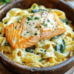 - 8 oz (225g) fettuccine or your choice of pasta - 2 salmon fillets (approximately 6 oz each) - 3 tablespoons extra virgin olive oil - 4 large cloves garlic, finely minced - 1 cup heavy cream - 1/2 cup freshly grated parmesan cheese - 1 cup baby spinach, washed and dried - 1 tablespoon freshly squeezed lemon juice - Salt and freshly ground black pepper to taste - Fresh parsley, chopped, for garnish The ingredients in this creamy garlic salmon pasta dish are simple but full of flavor. You start with pasta, which is the base of the meal. I like fettuccine, but any pasta works. The salmon adds protein and richness. Garlic gives the dish a warm, deep flavor. Heavy cream creates the smooth, creamy sauce that ties it all together. Fresh spinach not only adds color but also nutrients. Lemon juice brings a zesty brightness. Finally, parmesan cheese adds a cheesy finish that boosts the taste. Always season with salt and pepper to suit your liking. You can find the full recipe to guide you through the cooking process. Each ingredient plays a key role in making this dish both comforting and exciting. To start, fill a large pot with water. Add a good pinch of salt and bring it to a rolling boil. Once the water is boiling, add 8 oz of fettuccine. Cook it according to the package's time until it's al dente. Before draining, reserve about 1/2 cup of the starchy pasta water. Then, drain the pasta and set it aside in the pot. Next, take 2 salmon fillets and season them with salt and pepper. In a large non-stick skillet, heat 3 tablespoons of olive oil over medium heat. When the oil is hot, place the salmon fillets in the pan, skin-side down. Cook for about 4 to 5 minutes until the skin is crispy. Gently flip the fillets and cook for another 3 to 4 minutes until the salmon is just cooked through. Once done, transfer the salmon to a plate and set it aside to cool. After it cools, flake the salmon into big chunks. Now, we move on to the sauce. In the same skillet, add one more tablespoon of olive oil. Then, add 4 large cloves of minced garlic. Sauté the garlic for 1 to 2 minutes until it becomes fragrant. Be careful not to let it brown. Gradually pour in 1 cup of heavy cream, stirring well, and bring it to a gentle simmer. Once the sauce is ready, stir in 1/2 cup of freshly grated parmesan cheese. If it seems too thick, slowly add the reserved pasta water, one tablespoon at a time, until you reach the creamy texture you want. Now, toss in the cooked pasta along with 1 cup of baby spinach. Drizzle 1 tablespoon of fresh lemon juice over the mixture and stir gently to combine. Finally, fold the flaked salmon chunks into the pasta. Be gentle to avoid breaking the salmon too much. Serve the creamy garlic salmon pasta on plates and garnish with freshly chopped parsley for a pop of color. If you like, add a sprinkle of extra parmesan on top. Enjoy this delicious dish that combines great flavors in every bite! - Cooking time recommendations: For the best results, cook fettuccine for 8-10 minutes. Check the package for exact times. - How to achieve al dente texture: Al dente means "to the tooth." Taste the pasta a minute before the time ends. It should be firm but not hard. - Best practices for cooking salmon: Use fresh salmon when possible. Pat it dry with a paper towel. Season with salt and pepper for the best flavor. - Avoiding overcooking: Cook salmon for about 4-5 minutes skin-side down. Then flip it for another 3-4 minutes. It should flake easily when done. - How to thin or thicken the sauce: If your sauce is too thick, add reserved pasta water a spoonful at a time. For a thicker sauce, let it simmer longer. - Importance of reserved pasta water: The starchy pasta water helps the sauce cling to the pasta. Always save some before draining your pasta. These tips will help you create a creamy garlic salmon pasta that shines in taste and texture. For the complete recipe, refer to the Full Recipe. {{image_4}} You can mix things up by using shrimp or chicken instead of salmon. Shrimp cooks fast and pairs well with garlic. Just sauté shrimp until pink and add it to the creamy sauce. For chicken, use cooked, shredded pieces. It adds a nice texture and flavor. If you're looking for vegan options, try using chickpeas or tofu. For the sauce, swap heavy cream with coconut cream or a blend of cashews and water. This keeps it creamy while making it plant-based. Different pasta shapes can change the dish's look and feel. You might use penne, spaghetti, or even whole wheat pasta. Each type holds the sauce in its own way, so feel free to choose what you like best. If gluten is a concern, go for gluten-free pasta. Many brands offer great alternatives made from rice or quinoa. They cook similarly and taste just as good. Adding herbs can enhance your creamy garlic salmon pasta. Fresh dill or thyme adds brightness. Just sprinkle them in while cooking for a fresh taste. Want some heat? Red pepper flakes are a great choice. A little can add a spicy kick that balances the creaminess. Adjust the amount to your taste. For the full recipe, check out the details above. To keep your creamy garlic salmon pasta fresh, store it in an airtight container. This helps keep flavors intact. You can use glass or plastic containers. Make sure to let the pasta cool before sealing it up. This will prevent steam from causing sogginess. When you are ready to enjoy leftovers, the best method is to use the stovetop. Place the pasta in a skillet over low heat. Add a splash of heavy cream or reserved pasta water to keep it creamy. Stir gently until heated through. You can also use the microwave, but be careful not to overheat it. If you want to freeze your creamy garlic salmon pasta, it's best to freeze the pasta and sauce separately. This helps maintain texture and flavor. Pour the sauce into a freezer-safe bag. Squeeze out air before sealing. For the pasta, consider freezing it in small portions. When ready to eat, thaw overnight in the fridge. Reheat on the stovetop, adding a bit of cream to restore creaminess. Creamy garlic salmon pasta lasts about three days in the fridge. Store it in an airtight container. This keeps it fresh and tasty for your next meal. Yes, you can make this dish ahead of time. Cook the pasta and salmon separately, then mix them when ready to serve. This helps keep the pasta from getting soggy. You can use Greek yogurt or coconut milk for a lighter version. These alternatives cut calories but keep the dish creamy. Adjust the seasoning to fit the taste of your choice. Yes, this recipe is perfect for meal prep. Portion the pasta and salmon into containers. Just reheat when you are ready to enjoy your meal. Consider serving it with a side salad or garlic bread. These pair well and add a nice touch to your dinner. A glass of white wine can also enhance the meal. For the full recipe, check out the section above. This recipe combines pasta, salmon, and a creamy sauce for a delightful meal. You’ve learned how to cook the pasta, prepare the salmon, and make a rich sauce. With tips for variations, storage, and reheating, you can enjoy this dish multiple times. Whether you choose to add shrimp or use a different pasta, the options are endless. Now, you can impress others—or treat yourself—with a delicious plate of creamy garlic salmon pasta. It’s easy, tasty, and perfect for any occasion.