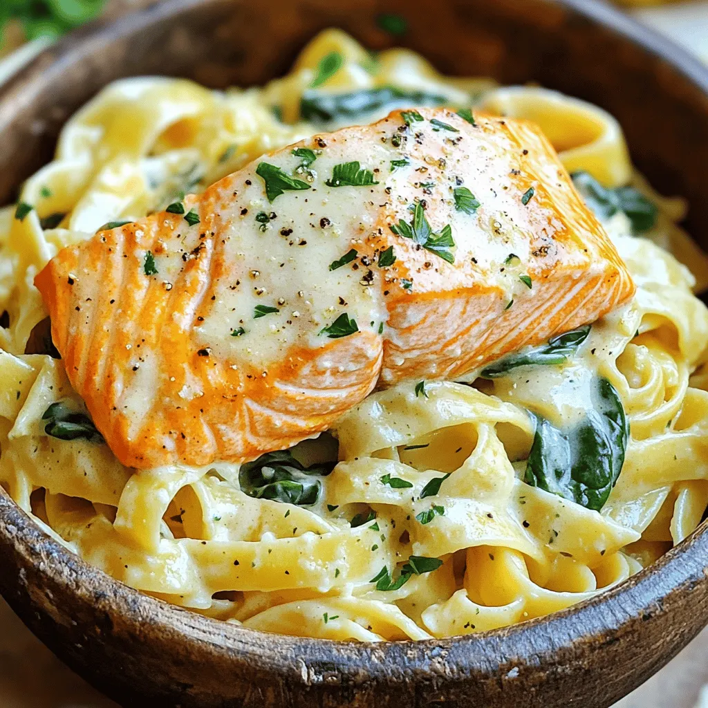 - 8 oz (225g) fettuccine or your choice of pasta - 2 salmon fillets (approximately 6 oz each) - 3 tablespoons extra virgin olive oil - 4 large cloves garlic, finely minced - 1 cup heavy cream - 1/2 cup freshly grated parmesan cheese - 1 cup baby spinach, washed and dried - 1 tablespoon freshly squeezed lemon juice - Salt and freshly ground black pepper to taste - Fresh parsley, chopped, for garnish The ingredients in this creamy garlic salmon pasta dish are simple but full of flavor. You start with pasta, which is the base of the meal. I like fettuccine, but any pasta works. The salmon adds protein and richness. Garlic gives the dish a warm, deep flavor. Heavy cream creates the smooth, creamy sauce that ties it all together. Fresh spinach not only adds color but also nutrients. Lemon juice brings a zesty brightness. Finally, parmesan cheese adds a cheesy finish that boosts the taste. Always season with salt and pepper to suit your liking. You can find the full recipe to guide you through the cooking process. Each ingredient plays a key role in making this dish both comforting and exciting. To start, fill a large pot with water. Add a good pinch of salt and bring it to a rolling boil. Once the water is boiling, add 8 oz of fettuccine. Cook it according to the package's time until it's al dente. Before draining, reserve about 1/2 cup of the starchy pasta water. Then, drain the pasta and set it aside in the pot. Next, take 2 salmon fillets and season them with salt and pepper. In a large non-stick skillet, heat 3 tablespoons of olive oil over medium heat. When the oil is hot, place the salmon fillets in the pan, skin-side down. Cook for about 4 to 5 minutes until the skin is crispy. Gently flip the fillets and cook for another 3 to 4 minutes until the salmon is just cooked through. Once done, transfer the salmon to a plate and set it aside to cool. After it cools, flake the salmon into big chunks. Now, we move on to the sauce. In the same skillet, add one more tablespoon of olive oil. Then, add 4 large cloves of minced garlic. Sauté the garlic for 1 to 2 minutes until it becomes fragrant. Be careful not to let it brown. Gradually pour in 1 cup of heavy cream, stirring well, and bring it to a gentle simmer. Once the sauce is ready, stir in 1/2 cup of freshly grated parmesan cheese. If it seems too thick, slowly add the reserved pasta water, one tablespoon at a time, until you reach the creamy texture you want. Now, toss in the cooked pasta along with 1 cup of baby spinach. Drizzle 1 tablespoon of fresh lemon juice over the mixture and stir gently to combine. Finally, fold the flaked salmon chunks into the pasta. Be gentle to avoid breaking the salmon too much. Serve the creamy garlic salmon pasta on plates and garnish with freshly chopped parsley for a pop of color. If you like, add a sprinkle of extra parmesan on top. Enjoy this delicious dish that combines great flavors in every bite! - Cooking time recommendations: For the best results, cook fettuccine for 8-10 minutes. Check the package for exact times. - How to achieve al dente texture: Al dente means "to the tooth." Taste the pasta a minute before the time ends. It should be firm but not hard. - Best practices for cooking salmon: Use fresh salmon when possible. Pat it dry with a paper towel. Season with salt and pepper for the best flavor. - Avoiding overcooking: Cook salmon for about 4-5 minutes skin-side down. Then flip it for another 3-4 minutes. It should flake easily when done. - How to thin or thicken the sauce: If your sauce is too thick, add reserved pasta water a spoonful at a time. For a thicker sauce, let it simmer longer. - Importance of reserved pasta water: The starchy pasta water helps the sauce cling to the pasta. Always save some before draining your pasta. These tips will help you create a creamy garlic salmon pasta that shines in taste and texture. For the complete recipe, refer to the Full Recipe. {{image_4}} You can mix things up by using shrimp or chicken instead of salmon. Shrimp cooks fast and pairs well with garlic. Just sauté shrimp until pink and add it to the creamy sauce. For chicken, use cooked, shredded pieces. It adds a nice texture and flavor. If you're looking for vegan options, try using chickpeas or tofu. For the sauce, swap heavy cream with coconut cream or a blend of cashews and water. This keeps it creamy while making it plant-based. Different pasta shapes can change the dish's look and feel. You might use penne, spaghetti, or even whole wheat pasta. Each type holds the sauce in its own way, so feel free to choose what you like best. If gluten is a concern, go for gluten-free pasta. Many brands offer great alternatives made from rice or quinoa. They cook similarly and taste just as good. Adding herbs can enhance your creamy garlic salmon pasta. Fresh dill or thyme adds brightness. Just sprinkle them in while cooking for a fresh taste. Want some heat? Red pepper flakes are a great choice. A little can add a spicy kick that balances the creaminess. Adjust the amount to your taste. For the full recipe, check out the details above. To keep your creamy garlic salmon pasta fresh, store it in an airtight container. This helps keep flavors intact. You can use glass or plastic containers. Make sure to let the pasta cool before sealing it up. This will prevent steam from causing sogginess. When you are ready to enjoy leftovers, the best method is to use the stovetop. Place the pasta in a skillet over low heat. Add a splash of heavy cream or reserved pasta water to keep it creamy. Stir gently until heated through. You can also use the microwave, but be careful not to overheat it. If you want to freeze your creamy garlic salmon pasta, it's best to freeze the pasta and sauce separately. This helps maintain texture and flavor. Pour the sauce into a freezer-safe bag. Squeeze out air before sealing. For the pasta, consider freezing it in small portions. When ready to eat, thaw overnight in the fridge. Reheat on the stovetop, adding a bit of cream to restore creaminess. Creamy garlic salmon pasta lasts about three days in the fridge. Store it in an airtight container. This keeps it fresh and tasty for your next meal. Yes, you can make this dish ahead of time. Cook the pasta and salmon separately, then mix them when ready to serve. This helps keep the pasta from getting soggy. You can use Greek yogurt or coconut milk for a lighter version. These alternatives cut calories but keep the dish creamy. Adjust the seasoning to fit the taste of your choice. Yes, this recipe is perfect for meal prep. Portion the pasta and salmon into containers. Just reheat when you are ready to enjoy your meal. Consider serving it with a side salad or garlic bread. These pair well and add a nice touch to your dinner. A glass of white wine can also enhance the meal. For the full recipe, check out the section above. This recipe combines pasta, salmon, and a creamy sauce for a delightful meal. You’ve learned how to cook the pasta, prepare the salmon, and make a rich sauce. With tips for variations, storage, and reheating, you can enjoy this dish multiple times. Whether you choose to add shrimp or use a different pasta, the options are endless. Now, you can impress others—or treat yourself—with a delicious plate of creamy garlic salmon pasta. It’s easy, tasty, and perfect for any occasion.