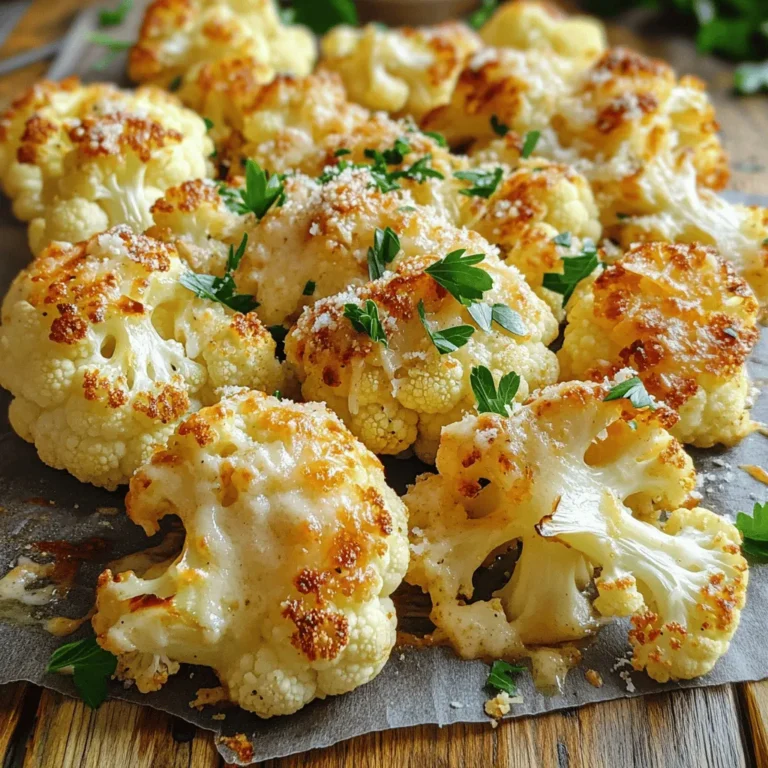 - 1 large head of cauliflower, cut into bite-sized florets - 4 cloves of garlic, finely minced - 1/2 cup finely grated Parmesan cheese - 1/4 cup extra virgin olive oil - 1 teaspoon smoked paprika - 1/2 teaspoon freshly ground black pepper - 1 teaspoon sea salt - 1 tablespoon fresh parsley, finely chopped (for garnish) The main ingredients for Garlic Parmesan Roasted Cauliflower are simple yet flavorful. The cauliflower brings texture, while the garlic adds depth. Parmesan cheese gives a rich, savory finish that is hard to resist. The additional ingredients enhance the dish beautifully. Olive oil helps the florets roast to perfection. Smoked paprika adds a subtle warmth that pairs nicely with the cheese. Black pepper and sea salt bring out all the flavors. Finally, fresh parsley adds a nice touch of color and brightness when you serve it. For the full recipe, check out the details above! - Preheat your oven to 425°F (220°C). - Line a baking sheet with parchment paper for easy cleanup. - In a bowl, whisk together olive oil, garlic, smoked paprika, sea salt, and black pepper. - Toss cauliflower florets in the garlic oil mixture until well coated. - Spread the florets in a single layer on the baking sheet. - Roast for 20 minutes, tossing halfway through. - Add Parmesan and continue roasting for another 10-15 minutes until golden. This method ensures that each piece of cauliflower gets that lovely garlic flavor. The high heat makes it crisp and tender. Roasting brings out the sweet, nutty flavor of the cauliflower. You can find the full recipe for Garlic Parmesan Roasted Cauliflower to guide you through every step. Enjoy making this tasty side dish! - Experiment with additional herbs like thyme or rosemary. - Add a squeeze of lemon juice before serving for an extra zing. When you enhance the flavor, you create layers of taste. Thyme or rosemary can bring warmth and depth. A squeeze of lemon juice adds brightness and balances the richness of the cheese. - Ensure florets are evenly coated for consistent roasting. - Space the florets out to avoid steaming and promote crispiness. Proper coating makes a big difference. It helps the cauliflower absorb the garlic and cheese well. Spacing the florets on the baking sheet ensures they roast instead of steam. This method gives you that perfect crispy texture. - Serve directly from the baking dish, garnished with parsley. - Consider using a stylish serving platter for gatherings. For a cozy meal, serve right from the baking dish. A sprinkle of fresh parsley adds color and freshness. If you want to impress guests, a stylish platter elevates the dish. Consider adding extra Parmesan on top for a touch of elegance. {{image_4}} You can easily add some heat to your dish. - Add red pepper flakes for a spicy kick. This will make each bite exciting. - Incorporate a dash of cayenne pepper for warmth. It adds a nice depth of flavor. If you want to change the cheese, here are some ideas. - Try different cheeses like Gruyère or Pecorino Romano. They give a unique taste. - Use nutritional yeast for a vegan version. It adds a cheesy flavor without dairy. Make your Garlic Parmesan Roasted Cauliflower even more fun. - Include other vegetables like Brussels sprouts or carrots. This adds color and texture. - Top with toasted nuts for added crunch. Nuts like almonds or walnuts work great. These variations let you customize your dish to suit your taste. For the full recipe, check out the detailed steps above. Store leftovers in an airtight container in the fridge for up to 3 days. This helps keep the garlic Parmesan roasted cauliflower fresh. When you want to enjoy it again, just take it out and reheat. You can freeze this dish after cooking. Place it in a freezer-safe container for up to 1 month. This way, you can enjoy it later. When ready to eat, reheat it in the oven to regain that crispy texture. To reheat, set your oven to 350°F (175°C). This keeps the cauliflower crispy, just like when it was fresh. Avoid using a microwave, as it may make the cauliflower soggy. Enjoy your Garlic Parmesan Roasted Cauliflower warm and crisp! For the full recipe, check the earlier section. Yes, but fresh cauliflower yields better texture and flavor. Frozen cauliflower can become mushy. Fresh cauliflower gives a nice crunch and a firmer bite. For the best taste, always choose fresh when you can. This dish pairs well with meat dishes like chicken or steak. You can also toss it over a salad for added crunch. The rich flavor of the garlic and cheese will enhance any meal. To make this recipe vegan, simply replace the Parmesan with nutritional yeast. Nutritional yeast gives a cheesy flavor without any dairy. You should also omit any other dairy products for a fully vegan dish. It’s done when it is tender and golden brown. The cheese should be melted and crispy. You can test a floret with a fork; if it goes in easily, it's ready to enjoy! This blog post explores making Garlic Parmesan Roasted Cauliflower. You learned about essential ingredients like cauliflower, garlic, and cheese. I shared simple steps to prepare the dish and tips to boost flavor and presentation. You can also experiment with variations and know how to store leftovers properly. Enjoy this easy recipe that can impress anyone. Try adding your favorite spices or cheeses! It's a tasty way to enjoy vegetables.