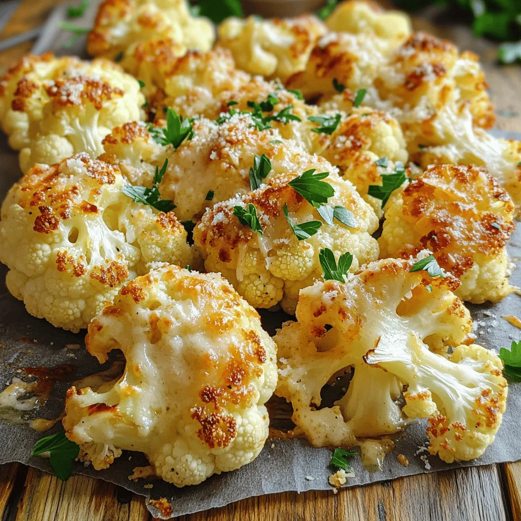- 1 large head of cauliflower, cut into bite-sized florets - 4 cloves of garlic, finely minced - 1/2 cup finely grated Parmesan cheese - 1/4 cup extra virgin olive oil - 1 teaspoon smoked paprika - 1/2 teaspoon freshly ground black pepper - 1 teaspoon sea salt - 1 tablespoon fresh parsley, finely chopped (for garnish) The main ingredients for Garlic Parmesan Roasted Cauliflower are simple yet flavorful. The cauliflower brings texture, while the garlic adds depth. Parmesan cheese gives a rich, savory finish that is hard to resist. The additional ingredients enhance the dish beautifully. Olive oil helps the florets roast to perfection. Smoked paprika adds a subtle warmth that pairs nicely with the cheese. Black pepper and sea salt bring out all the flavors. Finally, fresh parsley adds a nice touch of color and brightness when you serve it. For the full recipe, check out the details above! - Preheat your oven to 425°F (220°C). - Line a baking sheet with parchment paper for easy cleanup. - In a bowl, whisk together olive oil, garlic, smoked paprika, sea salt, and black pepper. - Toss cauliflower florets in the garlic oil mixture until well coated. - Spread the florets in a single layer on the baking sheet. - Roast for 20 minutes, tossing halfway through. - Add Parmesan and continue roasting for another 10-15 minutes until golden. This method ensures that each piece of cauliflower gets that lovely garlic flavor. The high heat makes it crisp and tender. Roasting brings out the sweet, nutty flavor of the cauliflower. You can find the full recipe for Garlic Parmesan Roasted Cauliflower to guide you through every step. Enjoy making this tasty side dish! - Experiment with additional herbs like thyme or rosemary. - Add a squeeze of lemon juice before serving for an extra zing. When you enhance the flavor, you create layers of taste. Thyme or rosemary can bring warmth and depth. A squeeze of lemon juice adds brightness and balances the richness of the cheese. - Ensure florets are evenly coated for consistent roasting. - Space the florets out to avoid steaming and promote crispiness. Proper coating makes a big difference. It helps the cauliflower absorb the garlic and cheese well. Spacing the florets on the baking sheet ensures they roast instead of steam. This method gives you that perfect crispy texture. - Serve directly from the baking dish, garnished with parsley. - Consider using a stylish serving platter for gatherings. For a cozy meal, serve right from the baking dish. A sprinkle of fresh parsley adds color and freshness. If you want to impress guests, a stylish platter elevates the dish. Consider adding extra Parmesan on top for a touch of elegance. {{image_4}} You can easily add some heat to your dish. - Add red pepper flakes for a spicy kick. This will make each bite exciting. - Incorporate a dash of cayenne pepper for warmth. It adds a nice depth of flavor. If you want to change the cheese, here are some ideas. - Try different cheeses like Gruyère or Pecorino Romano. They give a unique taste. - Use nutritional yeast for a vegan version. It adds a cheesy flavor without dairy. Make your Garlic Parmesan Roasted Cauliflower even more fun. - Include other vegetables like Brussels sprouts or carrots. This adds color and texture. - Top with toasted nuts for added crunch. Nuts like almonds or walnuts work great. These variations let you customize your dish to suit your taste. For the full recipe, check out the detailed steps above. Store leftovers in an airtight container in the fridge for up to 3 days. This helps keep the garlic Parmesan roasted cauliflower fresh. When you want to enjoy it again, just take it out and reheat. You can freeze this dish after cooking. Place it in a freezer-safe container for up to 1 month. This way, you can enjoy it later. When ready to eat, reheat it in the oven to regain that crispy texture. To reheat, set your oven to 350°F (175°C). This keeps the cauliflower crispy, just like when it was fresh. Avoid using a microwave, as it may make the cauliflower soggy. Enjoy your Garlic Parmesan Roasted Cauliflower warm and crisp! For the full recipe, check the earlier section. Yes, but fresh cauliflower yields better texture and flavor. Frozen cauliflower can become mushy. Fresh cauliflower gives a nice crunch and a firmer bite. For the best taste, always choose fresh when you can. This dish pairs well with meat dishes like chicken or steak. You can also toss it over a salad for added crunch. The rich flavor of the garlic and cheese will enhance any meal. To make this recipe vegan, simply replace the Parmesan with nutritional yeast. Nutritional yeast gives a cheesy flavor without any dairy. You should also omit any other dairy products for a fully vegan dish. It’s done when it is tender and golden brown. The cheese should be melted and crispy. You can test a floret with a fork; if it goes in easily, it's ready to enjoy! This blog post explores making Garlic Parmesan Roasted Cauliflower. You learned about essential ingredients like cauliflower, garlic, and cheese. I shared simple steps to prepare the dish and tips to boost flavor and presentation. You can also experiment with variations and know how to store leftovers properly. Enjoy this easy recipe that can impress anyone. Try adding your favorite spices or cheeses! It's a tasty way to enjoy vegetables.