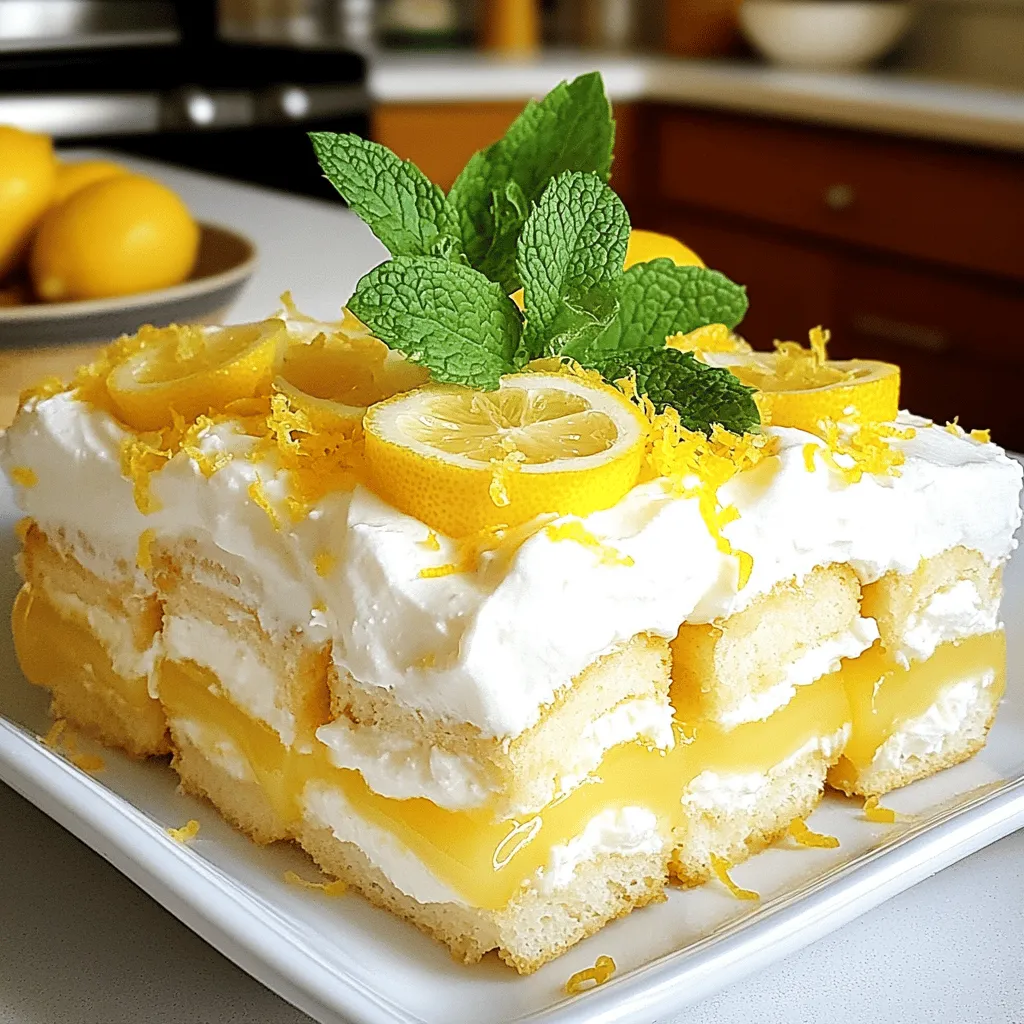To create a delightful lemon tiramisu, gather these key ingredients: - 1 cup mascarpone cheese - 1 cup heavy whipping cream - 1/2 cup granulated sugar - Zest of 2 lemons (about 2 tablespoons) - 1/4 cup fresh lemon juice - 1 teaspoon pure vanilla extract - 12 ladyfinger cookies - 1 cup brewed lemon herbal tea, cooled to room temperature - Fresh mint leaves for garnish Each ingredient adds a unique flavor, making the dessert bright and refreshing. Mascarpone cheese gives it creaminess, while lemon zest and juice add that tangy kick. If you want to tweak the recipe, consider these substitutes: - Use alternative sweeteners like honey or agave for a healthier option. - For a dairy-free version, try coconut cream instead of mascarpone. - Experiment with different tea flavors like chamomile or green tea to change the taste. These substitutions can help you make the recipe fit your dietary needs without losing flavor. To prepare your lemon tiramisu, you'll need these tools: - Mixing bowls - Electric mixer - Shallow dish - Rectangular dish - Spatula Having the right tools makes the process easier and more fun. Make sure everything is ready before you start. This way, you can enjoy making your lovely dessert without any stress. For the full recipe and instructions, check out the [Full Recipe]. In a large bowl, combine these ingredients: - 1 cup mascarpone cheese - 1 cup heavy whipping cream - 1/2 cup granulated sugar - Zest of 2 lemons (about 2 tablespoons) - 1/4 cup fresh lemon juice - 1 teaspoon pure vanilla extract Make sure all the ingredients are at room temperature. This helps them mix well. Start mixing on a low speed with an electric mixer. Gradually speed up to medium. You want to whip until you see soft peaks. This usually takes about 3 to 5 minutes. Next, get your shallow dish ready. Pour in 1 cup of cooled lemon herbal tea. Now, it’s time to dip the ladyfingers. Take one ladyfinger and quickly dip it in the tea. Aim for just 1 to 2 seconds. You want them moistened but not soggy. Repeat this for all 12 ladyfingers. Grab your rectangular dish, about 9x9 inches. Place half of the dipped ladyfingers in a single layer at the bottom. Press them close together. Now, take half of your lemon mascarpone mixture and spread it evenly over the ladyfingers. Use a spatula to smooth it out. Add another layer of the remaining dipped ladyfingers on top. Finish by spreading the rest of the lemon mascarpone mixture. Smooth it out nicely. Now, cover the dish tightly with plastic wrap. Chill it in the fridge for at least 4 hours, or overnight for better flavor. Before serving, garnish with fresh mint leaves and a sprinkle of lemon zest. Enjoy your delightful creation! For the full recipe, check out the detailed steps above. To whip cream properly, start with cold heavy whipping cream. Use a clean mixing bowl. Begin mixing on low speed to avoid splattering. Gradually increase to medium speed. Whip until you see soft peaks form. This takes about 3-5 minutes. Be careful not to overmix. Overwhipped cream can turn grainy. Using fresh lemon zest and juice brings bright flavor. The zest adds a strong lemon aroma. Juice gives the dessert a nice tartness. Chill your tiramisu for at least 4 hours. For better flavor, chill it overnight. This allows the flavors to blend well. For an elegant look, serve in dessert glasses. Layer the ladyfingers and mascarpone mixture. Garnish with fresh mint leaves and lemon zest. This adds color and freshness. You can also use a lemon twist for flair. A simple yet beautiful presentation makes a big impact. {{image_4}} You can play with flavors by adding other citrus fruits. Lime and orange bring a fresh twist. They add more zest and brightness to the dessert. Simply replace some lemon juice with lime or orange juice. You can also add their zest for added flavor. This makes every bite a new experience. For a unique twist, try chocolate lemon tiramisu. You can add cocoa powder or chocolate shavings. Mix cocoa powder into the mascarpone for a rich flavor. You can also layer in chocolate ganache between the lemon layers. This blend of sweet and tart will surprise your taste buds. If you need gluten-free options, you can use gluten-free ladyfingers. There are many brands available that taste great. You can also make your own using almond flour. This allows everyone to enjoy the dessert without worry. Just ensure that all other ingredients are gluten-free too. To keep your lemon tiramisu fresh, store it in the fridge. First, cover it tightly with plastic wrap. This helps keep air out and prevents it from drying. If you use a glass dish, you can also use a lid. It will last for about three days in the fridge. Always take care not to let it sit out too long at room temperature. Yes, you can freeze lemon tiramisu! First, wrap it tightly in plastic wrap, then wrap it in aluminum foil. This double wrap helps prevent freezer burn. When you're ready to eat it, move it to the fridge to thaw overnight. Let it sit for a few hours before serving, so it returns to a nice texture. In the fridge, lemon tiramisu lasts for about three days. In the freezer, it can last up to two months. Just remember, the longer it sits, the more the flavors may change. For the best taste, try to eat it within a month. Enjoy this delightful dessert while it’s fresh! Lemon tiramisu needs at least 4 hours to set. For the best flavor, chill it overnight. This time allows the flavors to blend and the dessert to firm up nicely. The longer it sits, the better it tastes! Yes, you can prepare lemon tiramisu a day in advance. Just follow the steps in the Full Recipe. After making it, cover it tightly with plastic wrap. Store it in the fridge until you're ready to serve. This makes it perfect for parties or gatherings. Absolutely! Lemon tiramisu has no alcohol, making it kid-friendly. The ingredients are simple and delicious. Kids can enjoy the creamy texture and zesty lemon flavor. It's a great way to introduce them to new tastes! Lemon tiramisu is a fresh twist on a classic dessert. You need simple ingredients like mascarpone, lemon juice, and ladyfinger cookies. Remember to whip your cream carefully for the best texture. Feel free to swap ingredients to suit your taste, like using different teas or sweeteners. This dessert shines with citrus flavors and looks great when served with mint. Store leftovers properly in the fridge or freeze them for later. Enjoy making lemon tiramisu; it's perfect for any gathering!