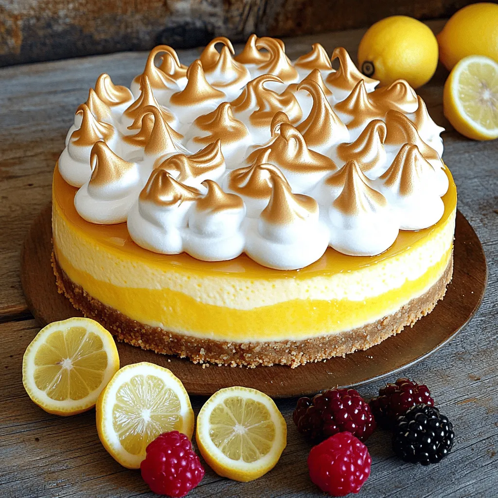 - 1 ½ cups crushed graham crackers - ½ cup unsalted butter, melted - 2 tablespoons granulated sugar - 16 oz cream cheese, softened - ½ cup granulated sugar - 3 large eggs - Zest and juice of 2 lemons - 1 teaspoon vanilla extract - 3 large eggs - ¾ cup granulated sugar - ⅓ cup lemon juice - Zest of 1 lemon - 4 tablespoons unsalted butter - 3 large egg whites - ¾ cup granulated sugar - ¼ teaspoon cream of tartar - 1 teaspoon vanilla extract The ingredients are key to making this dish shine. For the crust, I use crushed graham crackers. They bring a sweet, crumbly base. Melted butter and sugar add richness. This mix makes a nice layer that holds everything together. The cheesecake filling is where the magic starts. Cream cheese makes it smooth and rich. Sugar sweetens it just right. The eggs help bind everything. Lemon zest and juice add that bright, tart flavor we love. A hint of vanilla rounds it out nicely. Next, we need lemon curd. This is a luscious layer on top. Eggs, sugar, and lemon juice combine over heat. Stir it until it thickens. The zest gives it an extra pop of lemon flavor. Butter makes it creamy and smooth. Finally, the meringue topping is a showstopper. Egg whites whip up light and fluffy. Adding sugar slowly helps it become stable. Cream of tartar keeps it from falling. A touch of vanilla adds flavor. This topping will be golden and fluffy once baked. For the full recipe, check out the detailed instructions. Each layer is special. Together, they create a delightful treat. - Preheat to 325°F (165°C) - Lightly grease a 9-inch springform pan First, preheat your oven to 325°F (165°C). This helps the cheesecake cook evenly. Next, lightly grease a 9-inch springform pan with butter or non-stick spray. This step ensures easy removal later. - Combine crust ingredients and press into the pan - Bake for 10 minutes and set aside For the crust, combine 1 ½ cups of crushed graham crackers, ½ cup melted unsalted butter, and 2 tablespoons of sugar in a bowl. Mix until the crumbs look wet. Press this mixture firmly into the bottom of the springform pan. Bake the crust for 10 minutes, then take it out and let it cool. - Blend cream cheese and sugar until smooth - Add eggs, lemon zest, juice, and vanilla; mix until combined Now, in a large bowl, blend 16 ounces of softened cream cheese with ½ cup of sugar. Mix until smooth. Add 3 large eggs, lemon zest from 2 lemons, ⅓ cup of lemon juice, and 1 teaspoon of vanilla extract. Mix everything until it’s all combined and creamy. - Pour filling over crust and bake for 50-60 minutes - Cool in the oven for 1 hour and refrigerate for 4 hours Pour this filling over the cooled crust, smoothing it with a spatula. Bake for 50 to 60 minutes. The center should jiggle a bit. Once baked, turn off the oven, crack the door open, and let it cool for 1 hour. After that, refrigerate the cheesecake for at least 4 hours or overnight. - Whisk together lemon curd ingredients over medium heat - Cook until thickened and stir in butter; cool completely To make the lemon curd, whisk together 3 eggs, ¾ cup sugar, ⅓ cup lemon juice, and zest of 1 lemon in a small saucepan over medium heat. Keep whisking until it thickens, about 8-10 minutes. Once thick, stir in 4 tablespoons of butter until melted. Let it cool completely. - Spread lemon curd over cheesecake - Prepare meringue topping and spread over the curd - Broil until golden brown Spread the cooled lemon curd over the cheesecake evenly. Next, for the meringue topping, beat 3 large egg whites until frothy. Add ¼ teaspoon of cream of tartar and whip until soft peaks form. Gradually add ¾ cup of sugar while beating until stiff peaks form. Fold in 1 teaspoon of vanilla. Spread the meringue on top of the lemon curd, creating peaks. Broil for 1-2 minutes until golden brown, watching closely to prevent burning. For the full recipe, be sure to check the details above! To make a creamy cheesecake, use room temperature ingredients. Cold cream cheese does not blend well. It can cause lumps and a tough texture. Let your eggs sit out for about 30 minutes before mixing. This also helps create a smooth batter. Be careful not to overmix. Mix just until combined. Overmixing adds air to the batter. This can lead to cracks during baking. A gentle touch helps keep your cheesecake smooth and perfect. Broiling meringue can be tricky. Keep a close eye on it while it cooks. Even a moment can turn it from perfect to burnt. Set your broiler to a low setting. This helps the meringue brown slowly without burning. Broil for about 1-2 minutes. Watch for a nice golden color on top. Once you see it turning golden, pull it out. Let it cool completely before slicing. To cut clean slices, use a sharp knife. Dip the knife in hot water before each cut. This helps to keep the slices neat. Garnish your cheesecake with fresh lemon slices or berries. A sprig of mint adds a nice touch too. These details make your dessert even more inviting. For the full recipe, be sure to check out the steps in detail! {{image_4}} You can change up the flavor of your cheesecake. Adding berries is a fun twist. Blueberries or raspberries add bright flavors and color. They make each bite exciting! You can also use other citrus fruits. Lime or orange zest gives a fresh taste. This adds depth to the lemon flavor. You can mix and match to find your favorite combo. If you're gluten-free, try almond flour for the crust. Mix it with melted butter for a tasty base. You can also use gluten-free graham crackers for a classic taste. For a vegan take, swap cream cheese for cashew cream. You can make meringue with aquafaba instead of egg whites. This keeps the light and fluffy texture. Both options are delicious and friendly to different diets. You can adapt this cheesecake for seasons too. In spring, add fresh strawberries or peaches on top. In fall, try slices of apples with a sprinkle of cinnamon. For holidays, include festive toppings. Use pomegranate seeds for a holiday touch. You can also use crushed candy canes for a minty flavor. Each season brings new ideas to make this cheesecake special. For more detailed instructions and ideas, check the Full Recipe. Store your cheesecake in the fridge. Use an airtight container to keep it fresh. If you do not have one, cover it tightly with plastic wrap. This will help keep the flavors intact. You can freeze leftover cheesecake for later. First, cut it into slices. Wrap each slice in plastic wrap, then place them in a freezer bag. This keeps them safe from freezer burn. To serve later, thaw the slices in the fridge for several hours. This keeps the texture nice. The cheesecake lasts up to five days in the fridge. However, I recommend eating it within three days for the best taste. Look for signs of spoilage, like an off smell or a change in color. If you see any mold, it's best to toss it. Enjoy your delicious Triple Lemon Meringue Cheesecake! For the complete recipe, check out the Full Recipe. Yes, you can make this cheesecake a day ahead. It tastes even better after chilling. To store, wrap it tightly in plastic wrap. Keep it in the fridge until you are ready to serve. This helps the flavors blend and makes it creamy. If your cheesecake cracks, don't worry! This can happen. To prevent this, make sure your oven is not too hot. Use room temperature eggs and cream cheese. Also, avoid overmixing the batter. If it cracks, you can cover it with meringue. The meringue will hide the cracks well. Look for a slight jiggle in the center of your cheesecake. It should be set around the edges. The center will firm up as it cools. This way, you avoid overbaking. You can also insert a toothpick. If it comes out clean, your cheesecake is ready! Yes, store-bought lemon curd is fine to use. It saves time and effort. However, homemade curd can taste fresher and brighter. If you want a rich lemon flavor, go for homemade. Store-bought is great for convenience. Just choose one with good ingredients for the best taste. For the complete cooking process, check out the Full Recipe. This blog post walks you through making a delicious Triple Lemon Meringue Cheesecake. You learned about the right ingredients, step-by-step baking tips, and storage advice. Achieving a smooth texture and perfect meringue is key. Don’t forget the endless flavor variations you can try. Now, it's time for you to create your cheesecake masterpiece. Enjoy every slice and impress your friends and family with your skills! Your kitchen has never been this exciting.