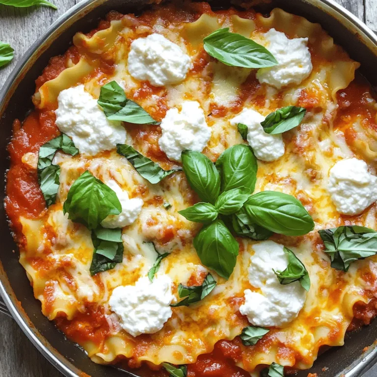 To make the Easy Skillet Lasagna, gather the following ingredients: - 9 oz. lasagna noodles, roughly broken into bite-sized pieces - 1 lb. ground beef or turkey (your choice) - 1 medium onion, finely chopped - 2 cloves garlic, minced - 24 oz. marinara sauce, your favorite brand or homemade - 1 cup ricotta cheese, smooth and creamy - 1 ½ cups shredded mozzarella cheese, plus extra for topping - ½ cup grated Parmesan cheese, for a rich finish - 1 tsp dried oregano, for flavor - Salt and pepper to taste, season as desired - Fresh basil leaves for garnish (optional, but recommended) Each ingredient plays a key role in the dish. - Noodles: Use broken lasagna noodles for easy cooking. You can swap for whole-wheat or gluten-free noodles if needed. - Ground meat: Ground beef gives a hearty flavor, while turkey is a leaner choice. - Onion and garlic: These aromatics build the base flavor. You can use shallots for a sweeter taste. - Marinara sauce: Choose your favorite store brand or make your own from scratch. - Cheeses: Ricotta adds creaminess. Mozzarella melts beautifully, and Parmesan gives a salty finish. You can use cottage cheese instead of ricotta if you prefer. - Oregano: This herb adds depth. Basil is a nice substitute if you want something fresher. - Salt and pepper: Essential for seasoning. Adjust these to your taste. - Basil for garnish: Fresh basil adds color and a burst of flavor. These ingredients come together to create a dish that is both comforting and satisfying. Feel free to explore the Full Recipe for more details on how to combine these elements into a delicious meal! 1. Cook the Meat Start by heating a large skillet over medium heat. Add 1 pound of ground beef or turkey. Cook for 5-7 minutes until it turns brown. Use a spatula to break it apart as it cooks. If there is extra fat, drain it off. 2. Add Onion and Garlic Next, add 1 medium onion, finely chopped, and 2 cloves of minced garlic to the skillet. Sauté for 3-4 minutes. Stir often until the onion becomes soft and clear. 3. Mix in Noodles and Sauce Stir in the broken lasagna noodles, 24 ounces of marinara sauce, and 1 teaspoon of dried oregano. Season with salt and pepper to your liking. Pour in 2 cups of water so the noodles are covered. 4. Boil, Then Simmer Increase the heat to bring the mix to a boil. Once boiling, lower the heat to let it simmer. Cover the skillet and let it cook for 15-20 minutes. Stir every now and then to help the noodles cook evenly. 5. Add Cheeses When the noodles are soft, dollop 1 cup of ricotta cheese over the top. Then sprinkle 1 ½ cups of shredded mozzarella and ½ cup of grated Parmesan cheese on top. Cover the skillet again and cook for another 3-5 minutes. Check until the cheese is melted and bubbly. 6. Let it Set Take the skillet off the heat and let it sit for a few minutes. This helps it set before serving. For a better cooking experience, I suggest watching a video on skillet lasagna. You can also find helpful visuals online. Photos of each step can make it easier to follow along. Look for tips on how the dish should look at each stage. These visuals can guide you to a perfect dish. To make your skillet lasagna a hit, avoid some common mistakes. First, don't skip the draining step after cooking the meat. This keeps your dish from being too greasy. Second, make sure to break the lasagna noodles into even pieces. This helps them cook evenly. If you want perfect flavor, season your layers well. A sprinkle of salt and pepper at each step boosts taste. For extra flavor, consider adding spices like red pepper flakes or Italian seasoning. These small tweaks can take your dish to the next level. I also recommend using a mix of cheeses. Combining mozzarella with ricotta creates a creamy texture that everyone loves. Serving skillet lasagna is easy and fun. You can scoop it directly from the skillet. This makes for a casual, family-style meal. For added flair, garnish with fresh basil leaves. This gives a pop of color and freshness. As for side dishes, garlic bread pairs well. It’s perfect for mopping up the sauce. A simple green salad can balance the richness of the lasagna. Toss some mixed greens with a light vinaigrette for a refreshing touch. For the full recipe, check out the detailed steps and ingredients. Enjoy your cooking! {{image_4}} You can customize your skillet lasagna by swapping proteins or sauces. Try ground chicken or pork instead of beef or turkey for a different taste. For a lighter option, use shredded rotisserie chicken. If you want a vegetarian dish, replace meat with mushrooms, zucchini, or lentils. You can also use plant-based meat alternatives. For a gluten-free version, choose gluten-free lasagna noodles. Just remember to check the cooking time, as they may vary. To boost flavor, add spices like crushed red pepper, thyme, or basil. These spices bring warmth and depth to your dish. You can also try different cheeses. Swap mozzarella for provolone or fontina for a rich, gooey texture. Incorporate veggies like spinach, bell peppers, or carrots for extra nutrition. Add them during the cooking phase with the onion and garlic. This way, they soften and blend into the sauce, making the dish even more flavorful. These simple tweaks make your skillet lasagna unique and fun. Enjoy experimenting! For more details, check the Full Recipe. To store your leftover skillet lasagna, let it cool first. Place it in an airtight container. Make sure to cover it well to keep it fresh. You can store it in the fridge for up to three days. If you want to keep it longer, consider freezing it. To reheat your skillet lasagna, the oven works best. Preheat your oven to 350°F (175°C). Place the lasagna in an oven-safe dish. Cover it with foil to keep it moist. Heat for about 20 minutes, or until it's hot in the middle. You can also use the microwave for a quick meal. Just heat it in short bursts, stirring in between. Enjoy your warm and tasty skillet lasagna! For the full recipe, check out the Easy Skillet Lasagna section above. You can use cottage cheese or cream cheese. Both options give a creamy texture. If you want a lighter choice, try Greek yogurt. It adds a nice tang and is healthy. Yes, you can make it ahead. Cook the dish and let it cool. Store it in the fridge for up to two days. When ready, just bake or heat it on the stove until warm. Absolutely! Skillet lasagna freezes well. After cooking, let it cool, then place it in a freezer-safe container. It can last for three months. To eat, thaw it overnight in the fridge and reheat. Cooking lasagna noodles in a skillet takes about 15-20 minutes. Stir them regularly to ensure even cooking. They should be tender and soak up all the sauce flavors. In this post, I covered everything about making Easy Skillet Lasagna. We looked at the ingredients, cooking steps, and some handy tips. I shared ways to swap ingredients and enhance flavors. You learned how to store leftovers and heat them up later. Remember, you can customize this dish to fit your taste. Use my tips to avoid mistakes and impress your guests. Enjoy making this easy and delicious meal!