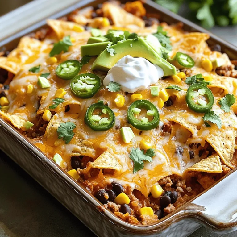 - 1 pound ground turkey (or beef, your choice) - 1 can (15 oz) black beans, rinsed and drained - 1 can (11 oz) sweet corn, drained - 1 packet taco seasoning (about 1 ounce) - 1 can (10 oz) diced tomatoes with green chilies - 1/2 cup sliced jalapeños (you can use fresh or pickled, depending on your heat preference) - 4 cups tortilla chips (or more, for extra crunch) - 2 cups shredded cheese (a blend of cheddar and Monterey Jack works beautifully) - 1 ripe avocado, diced - 1/2 cup sour cream (or Greek yogurt for a lighter option) - Fresh cilantro, chopped (for garnish) This Loaded Nacho Casserole is a fun dish that packs a punch! You get layers of hearty flavors with each bite. Ground turkey or beef forms the dish's base, adding protein and richness. Black beans and sweet corn bring color and texture. Taco seasoning adds a zesty kick. Diced tomatoes with green chilies bring moisture and spice. If you like heat, sliced jalapeños will give it a boost! The toppings are where things get really exciting! Tortilla chips create a crunchy layer. Shredded cheese melts beautifully, creating a gooey finish. Diced avocado, sour cream, and fresh cilantro add freshness and creaminess. You’ll find the full recipe for this Loaded Nacho Casserole in the instructions section. You'll love how easy it is to make and how great it tastes! 1. Preheat the Oven: Start by preheating your oven to 350°F (175°C). This makes sure it is hot and ready for your casserole. 2. Brown the Meat: In a large skillet, add your ground turkey or beef. Cook it over medium heat. Use a spatula to break it apart. Keep cooking until it is browned and cooked through, which takes about 6-8 minutes. If there's extra fat, carefully drain it off. 3. Mix in Flavor: Add taco seasoning, diced tomatoes, rinsed black beans, and drained corn to the skillet. Stir everything well and let it simmer for about 5 minutes. This step helps all the flavors blend together. Taste and add salt and pepper as needed. 1. Create First Layer: Grease a 9x13 inch casserole dish. Spread half of the tortilla chips evenly across the bottom. This gives a nice crunchy base. 2. Build Subsequent Layers: Next, add half of the meat mixture over the chips. Then sprinkle half of the shredded cheese on top. This layering creates a delicious melt. 3. Repeat the Layers: Now, add the remaining tortilla chips. Spread the rest of the meat mixture on top. Finish with the last of the cheese and sliced jalapeños for extra heat. 1. Bake to Perfection: Place your casserole in the oven. Bake it for 20-25 minutes or until the cheese is bubbly and golden brown. 2. Final Serving Steps: Once baked, take the casserole out and let it cool for a few minutes. When serving, add diced avocado, a dollop of sour cream, and chopped fresh cilantro on each portion. These toppings add freshness and flavor. For the complete recipe, check out the Full Recipe section. Choosing the right meat You can use ground turkey or beef. Turkey is leaner and lighter. Beef adds richness and depth. Choose what you like best. You can also try ground chicken for a different taste. Adjusting spice levels Start with the packet of taco seasoning. This gives a good base flavor. If you want more heat, add sliced jalapeños or a dash of hot sauce. For less heat, skip the jalapeños or use mild salsa. Rustic serving ideas Serve the casserole right from the dish. This makes it feel cozy and homey. You can also use a large spoon for easy serving. It invites everyone to dig in! Garnish suggestions Top each serving with diced avocado and a dollop of sour cream. Fresh cilantro adds color and flavor. A lime wedge on the side gives a nice zest. These little touches make a big difference. Essential kitchen tools for this recipe You will need a large skillet to brown the meat. A 9x13 inch casserole dish is perfect for layering. Use a spatula to mix and serve. A sharp knife helps with chopping veggies. Best cookware for casserole dishes Choose a sturdy ceramic or glass dish. These materials hold heat well and cook evenly. If you want a non-stick option, look for a heavy-duty metal dish. This makes cleanup easier! For the full recipe, check out the Loaded Nacho Casserole above. {{image_4}} If you want to switch up the meat, there are great options. You can use ground chicken or lamb instead of turkey or beef. For a vegetarian dish, try using lentils or mushrooms. They pack a lot of flavor and texture. If you want a vegan twist, use black beans or chickpeas. These options keep your casserole hearty and satisfying. You can adjust the spice level easily. If you like it hot, try adding fresh jalapeños or serrano peppers. For a milder taste, use bell peppers instead. You can also mix in ingredients like olives for a briny kick or mushrooms for earthiness. Each addition brings a new layer of flavor to your casserole. The cheese you choose makes a big impact. A blend of cheddar and Monterey Jack offers a great taste. You can also experiment with pepper jack for extra spice. If you want to switch up the chips, try using pita chips or homemade tortilla strips. They add a unique crunch that pairs well with the layers of flavor in the casserole. For the full recipe, check out the Loaded Nacho Casserole. To keep your Loaded Nacho Casserole fresh, store leftovers in the fridge. Use airtight containers for best results. Make sure to let the casserole cool first. Cover it tightly to avoid drying out. The casserole will stay good for about 3 to 4 days. If you want to freeze the casserole, it’s easy. Cut it into portions and place them in freezer-safe containers. Label them with the date. You can freeze it for up to 3 months. To reheat, take the casserole out of the freezer and thaw it in the fridge overnight. You can also use the microwave for quick thawing. Heat it in the oven at 350°F until warm. This keeps the cheese melty and delightful. For the best taste, serve it hot after reheating. Enjoy your comforting meal anytime! For the full recipe, check out the section above. Loaded Nacho Casserole can last up to three days in the fridge. Make sure to store it in an airtight container. This keeps it fresh and tasty. When you want to enjoy it again, just heat it up in the oven or microwave. Yes, you can prepare this casserole ahead of time. Just follow these steps: - Cook the meat and mix in the other ingredients. - Layer the casserole as usual. - Cover it tightly and store it in the fridge for up to 24 hours before baking. When you are ready to cook, just pop it in the oven and bake as directed. You can serve a variety of side dishes with Loaded Nacho Casserole. Here are some tasty options: - A fresh green salad - Sliced jalapeños for extra spice - Guacamole or pico de gallo for added flavor - Rice or beans for a more filling meal These sides balance the flavors and make your meal even more enjoyable. For the Full Recipe, check the earlier section on ingredients and instructions. This Loaded Nacho Casserole recipe blends tasty ingredients like ground turkey, black beans, and sweet corn. You layer them with tortilla chips and cheese, creating a hearty dish. The baking process brings out the best flavors. Remember, you can tweak spices or swap meats to fit your taste. Proper storage helps keep leftovers fresh for later. Enjoy this fun meal with family or friends, adding your own twist. Dive into your kitchen and make this delicious casserole today!