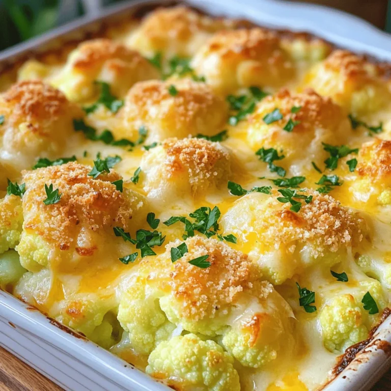 To make a great cheesy cauliflower casserole, you need: - 1 medium head of cauliflower, cut into bite-sized florets - 1 cup sharp cheddar cheese, freshly shredded - 1 cup mozzarella cheese, freshly shredded - 1/2 cup cream cheese, softened at room temperature - 1 cup sour cream - 1/4 cup grated Parmesan cheese - 1 teaspoon garlic powder - 1 teaspoon onion powder - Salt and freshly ground black pepper, to taste - 1/2 cup breadcrumbs (optional, for a crunchy topping) - 2 tablespoons fresh parsley, finely chopped (for garnish) If you don’t have some ingredients, here are good swaps: - Use Gouda cheese instead of cheddar for a different flavor. - Greek yogurt can replace sour cream for a healthier option. - Cream cheese can be swapped with ricotta cheese for a lighter feel. - Instead of breadcrumbs, crushed nuts can add crunch and flavor. Want a lighter dish? Here are some ideas: - Use low-fat cheese options to cut calories. - Substitute cauliflower with broccoli for a change. - Add more veggies like spinach or bell peppers to boost nutrition. - Use whole grain breadcrumbs for more fiber in your dish. These tips help you make a tasty casserole while keeping it healthy. Check out the Full Recipe for more details on how to prepare this dish! First, take your medium head of cauliflower. Cut it into bite-sized florets. This helps the cauliflower cook evenly. Then, place the florets in a steamer basket over boiling water. Steam them for about 5-7 minutes. You want them tender but still a bit crisp. After steaming, drain the florets and let them cool a little. This step adds great texture to your casserole. Next, grab a large mixing bowl. Add the softened cream cheese and sour cream to the bowl. Use a hand mixer or a whisk to combine them well. Then, add the garlic powder, onion powder, salt, and black pepper. Mix until smooth and creamy. Now, stir in half of the shredded cheddar and mozzarella cheeses. Make sure they blend well into the cheese mixture. This base is what makes your casserole rich and creamy. Now it’s time to bring it all together. Gently fold the steamed cauliflower florets into your cheese mixture. Make sure every piece gets coated in that cheesy goodness. Pour the cauliflower and cheese mix into a greased 9x13 inch baking dish. Spread it evenly across the bottom. Then, sprinkle the remaining cheddar, mozzarella, and Parmesan cheese on top. If you want a crunchy topping, add breadcrumbs. Finally, bake your casserole in the preheated oven for 25-30 minutes. You’ll know it’s ready when the cheese is bubbly and golden. Let it cool for a few minutes before you serve. Garnish with parsley for a fresh touch. For the full recipe, check out the details above. The cheese sauce is key to this dish. Start with soft cream cheese and sour cream. Mix them well until smooth. Add garlic powder and onion powder for flavor. Season with salt and pepper to taste. Next, fold in the shredded cheddar and mozzarella. This creates a rich, cheesy sauce. Make sure to blend everything well for a creamy texture. Preheat your oven to 375°F (190°C) before baking. This ensures even cooking. Bake the casserole for 25-30 minutes. Look for a bubbly, golden finish. If the top isn’t golden yet, broil for a minute. Watch it closely to avoid burning. Let the casserole rest for a few minutes before serving. This helps the cheese set up nicely. Presentation matters, even for casseroles. Serve directly from the baking dish for a homey feel. For a fancier touch, use individual plates. Garnish with fresh parsley for color. You can also add a sprinkle of extra cheese on top. Pair the casserole with a fresh side salad for a complete meal. This adds color and freshness to your table. {{image_4}} You can add protein to your cheesy cauliflower casserole for extra flavor and nutrition. Chicken, turkey, or even crumbled sausage work well. Simply cook the protein first, then mix it in with the cauliflower and cheese. For a vegetarian option, try adding cooked lentils or chickpeas. These add texture and protein without changing the taste much. To make your casserole more exciting, add spices and herbs. A dash of smoked paprika can give it a nice kick. You could also use cayenne pepper for heat. Fresh herbs like thyme or rosemary add a lovely aroma. Just sprinkle them in when you're mixing the cheese base. This will elevate the dish and keep it interesting. Feel free to mix in other veggies. Broccoli, spinach, or even carrots can add color and nutrition. Just chop them into small pieces and steam them with the cauliflower. This way, they blend well with the cheese and cauliflower. Experimenting with different veggies lets you create your own unique version of this dish. For more ideas, check the Full Recipe. After enjoying your cheesy cauliflower casserole, let it cool down. Place the leftovers in an airtight container. This keeps the casserole fresh for up to four days in your fridge. Make sure to label it with the date. If you want to keep it longer, consider freezing it. To reheat, preheat your oven to 350°F (175°C). Transfer the casserole to a baking dish. Cover it with foil to prevent drying out. Heat for about 20 minutes or until warmed through. You can also microwave individual portions. Heat on high for about 1-2 minutes, checking to avoid overheating. To freeze, allow the casserole to cool completely. Wrap it tightly in plastic wrap, then cover with aluminum foil. This helps protect it from freezer burn. It can last up to three months in the freezer. When ready to eat, thaw it in the fridge overnight before reheating. For the best taste, enjoy within a month. For the full recipe, check the previous section. To make this dish, start by prepping the cauliflower. Cut one medium head into bite-sized pieces. Steam the florets for about 5-7 minutes. They should be tender but still firm. Next, mix the cream cheese and sour cream in a bowl. Add garlic and onion powder, salt, and pepper. Blend until smooth. Stir in half the cheddar and mozzarella cheese. Then, fold in the cauliflower until every piece is covered in this creamy mix. Pour it into a greased baking dish and top with the remaining cheese and optional breadcrumbs. Bake at 375°F (190°C) for 25-30 minutes until bubbly and golden. You can find the full recipe in the article. This casserole pairs well with many dishes. I love serving it with a fresh green salad. The crunch of the salad balances the creaminess of the casserole. You can also serve it alongside grilled chicken or fish for a complete meal. If you want a heartier option, add roasted potatoes. The flavors mix well and create a satisfying plate. Yes, you can prepare this casserole in advance. Just follow the recipe and assemble the dish without baking it. Cover it tightly and store it in the fridge for up to 24 hours. When you are ready to bake, remove it from the fridge and let it sit for about 30 minutes. Then, bake as directed. This makes meal prep easy and helps save time on busy days. This blog post shared how to make a delicious Cheesy Cauliflower Casserole. We covered the ingredients, step-by-step instructions, and helpful tips. You learned about fun variations and how to store leftovers properly. In closing, this dish is simple and tasty. It's perfect for family dinners or gatherings. Enjoy making this meal to share with your loved ones!