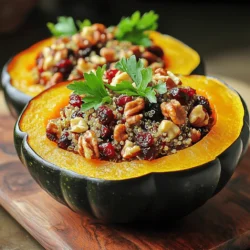 For this delicious stuffed acorn squash, gather these ingredients: - 2 medium acorn squashes, halved and seeds removed - 1 cup quinoa, thoroughly rinsed - 2 cups vegetable broth (preferably low-sodium) - 1/2 cup dried cranberries - 1/2 cup walnuts, roughly chopped - 1 small onion, finely diced - 2 cloves garlic, minced - 1 teaspoon ground cinnamon - 1/2 teaspoon ground nutmeg - Salt and freshly cracked pepper, to taste - 2 tablespoons extra virgin olive oil, divided - Fresh parsley leaves, chopped (for garnish) You might not have every ingredient at home. Here are some swaps: - Quinoa: Use brown rice or couscous for a different base. - Vegetable broth: Water works in a pinch, but broth adds flavor. - Dried cranberries: Raisins or chopped dried apricots will also taste great. - Walnuts: Almonds or pecans can replace walnuts if needed. - Onion: Shallots or leeks can give a unique taste. - Garlic: Garlic powder can be used if fresh is not available. - Olive oil: Avocado oil is a good alternative for cooking. This stuffed acorn squash is not just tasty but also healthy. Here’s a rough estimate per serving: - Calories: 300 - Protein: 8g - Carbohydrates: 45g - Fat: 12g - Fiber: 7g - Sugar: 6g This dish balances protein and carbs while offering vitamins and minerals. You get fiber from the quinoa and nutrients from the squash. For the full recipe, check out the details above. Enjoy making this nutritious meal! To begin, preheat your oven to 400°F (200°C). Take two medium acorn squashes and slice them in half. Remove the seeds carefully. Place the halves, cut side up, on a baking sheet lined with parchment paper. Drizzle one tablespoon of olive oil on each half. Season them with salt and pepper. Roast in the oven for 30-35 minutes. The squash should feel soft when poked with a fork. While the squash roasts, you can cook the quinoa. Pour 2 cups of vegetable broth into a medium saucepan and bring it to a rolling boil. Add 1 cup of rinsed quinoa to the boiling broth. Lower the heat to a gentle simmer and cover the pot. Let it cook for about 15 minutes, or until the liquid is fully absorbed. Once done, fluff the quinoa with a fork and set it aside. Next, grab a skillet and warm the remaining tablespoon of olive oil over medium heat. Add a small, finely diced onion. Sauté for 3-4 minutes until it turns translucent. Then, add 2 cloves of minced garlic and cook for 1 more minute. Be careful not to burn the garlic! Now, mix in the fluffed quinoa, ½ cup of dried cranberries, and ½ cup of roughly chopped walnuts. Add 1 teaspoon of ground cinnamon and ½ teaspoon of ground nutmeg. Season with salt and freshly cracked pepper. Stir this all together and let it heat for another 2-3 minutes. Once your acorn squashes are perfectly roasted, remove them from the oven. Carefully fill each half with the warm quinoa mixture. Make sure they are generously stuffed! Return the stuffed squashes to the oven for an extra 10 minutes. This will warm the filling and give a nice crisp to the top. After baking, let them cool for a few moments. Finish with fresh parsley on top for a pop of color. Enjoy your flavorful delight! To roast acorn squash just right, start with fresh ones. Look for squashes that feel heavy for their size. The skin should be firm and free of soft spots. When you cut them, make sure to scoop out all the seeds. This helps them cook evenly. When you place them cut side up, drizzle them with olive oil and season well. This adds flavor and helps them caramelize. Roast them at 400°F for about 30-35 minutes. Check for doneness with a fork. They should be soft but not mushy. To make the filling pop, mix in dried fruits like cranberries or apricots. They add sweetness and a nice texture. For crunch, walnuts or pecans work great. Toast them lightly before adding for extra flavor. Spice it up with cinnamon or nutmeg. These warm spices bring out the sweetness of the squash and the fruit. Don't forget to season with salt and pepper. Taste as you go to ensure it’s just right. Fresh herbs like parsley add brightness when you garnish. If you’re short on time, use pre-cooked quinoa. It cuts down on cooking time. You can find it in most grocery stores. You can also roast the squash while you prepare the filling. This multitasking saves time. For a quick cleanup, line your baking sheet with parchment paper. It prevents sticking and makes for easy serving. Finally, consider making a double batch of the filling. You can use it for salads or stuffed peppers later in the week. {{image_4}} You can easily make this dish vegan and gluten-free. Start by using vegetable broth that is gluten-free. Quinoa is naturally gluten-free, so you are in luck! For a vegan twist, skip the cheese usually added to other stuffed squash recipes. You can use nutritional yeast for a cheesy flavor without dairy. This keeps your meal light and flavorful while sticking to vegan guidelines. The great part about stuffed acorn squash is the endless filling options. You can swap quinoa for brown rice or farro for a different texture. Add black beans for extra protein or spinach for a pop of color. If you love cheese, consider crumbled feta or goat cheese to enhance the taste. You can even add cooked sausage or ground turkey for a heartier meal. The choice is yours, so feel free to mix and match! You can adjust the recipe based on the season. In fall, use pumpkin spice along with cranberries. In winter, add roasted root vegetables like carrots or parsnips. Spring can bring fresh herbs like dill or basil, while summer allows for fresh tomatoes and corn. Each season offers unique flavors, so embrace what’s fresh around you. This makes each dish not just tasty but also exciting and fun! To keep your stuffed acorn squash fresh, let it cool first. Store any leftovers in an airtight container. Place it in the fridge. It should last for up to four days. If you want to maintain the dish's flavor, avoid stacking layers. Keep the filling and squash separate if possible. When you're ready to enjoy your leftovers, preheat your oven to 350°F (175°C). Place the squash halves in a baking dish. Cover them with foil to prevent drying out. Heat for about 15-20 minutes, or until warmed through. You can also use a microwave. Heat on medium for about 3-5 minutes. Stir the filling halfway through for even warmth. You can freeze stuffed acorn squash for later. First, let it cool completely. Wrap each half tightly in plastic wrap. Then, place it in a freezer-safe bag or container. It can last for up to three months in the freezer. To eat, thaw overnight in the fridge before reheating. This method helps keep the texture and flavors intact. For the best taste, use within a month. If you want more details, check the Full Recipe for tips. Stuffed acorn squashes stay good in the fridge for about 4 to 5 days. Store them in an airtight container to keep them fresh. If you want to enjoy them later, make sure they are cool before you seal them up. Yes, you can prepare stuffed acorn squash ahead of time. You can make the filling a day before and store it in the fridge. Just assemble and bake the squash when you're ready to eat. This makes it easy for busy days or special dinners. Stuffed acorn squash pairs well with many dishes. Here are some ideas: - A simple green salad - Roasted vegetables - Garlic bread - Grilled chicken or tofu - A warm grain salad These sides will add more color and flavor to your meal, making it even more enjoyable. For the complete recipe, check out the Autumn Harvest Stuffed Acorn Squash. It includes all the steps and tips to make this dish a hit at your table. Stuffed acorn squash is a tasty, easy dish. We covered ingredients, cooking steps, and tips for the best results. You learned about substitutions and how to store leftovers. There are also fun variations, like vegan options and seasonal fillings. By following these steps, you can make a delicious meal. Enjoy experimenting and sharing this wonderful dish with friends and family!