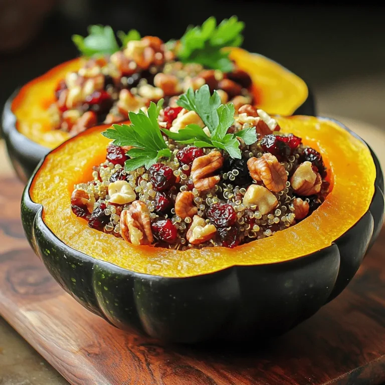 For this delicious stuffed acorn squash, gather these ingredients: - 2 medium acorn squashes, halved and seeds removed - 1 cup quinoa, thoroughly rinsed - 2 cups vegetable broth (preferably low-sodium) - 1/2 cup dried cranberries - 1/2 cup walnuts, roughly chopped - 1 small onion, finely diced - 2 cloves garlic, minced - 1 teaspoon ground cinnamon - 1/2 teaspoon ground nutmeg - Salt and freshly cracked pepper, to taste - 2 tablespoons extra virgin olive oil, divided - Fresh parsley leaves, chopped (for garnish) You might not have every ingredient at home. Here are some swaps: - Quinoa: Use brown rice or couscous for a different base. - Vegetable broth: Water works in a pinch, but broth adds flavor. - Dried cranberries: Raisins or chopped dried apricots will also taste great. - Walnuts: Almonds or pecans can replace walnuts if needed. - Onion: Shallots or leeks can give a unique taste. - Garlic: Garlic powder can be used if fresh is not available. - Olive oil: Avocado oil is a good alternative for cooking. This stuffed acorn squash is not just tasty but also healthy. Here’s a rough estimate per serving: - Calories: 300 - Protein: 8g - Carbohydrates: 45g - Fat: 12g - Fiber: 7g - Sugar: 6g This dish balances protein and carbs while offering vitamins and minerals. You get fiber from the quinoa and nutrients from the squash. For the full recipe, check out the details above. Enjoy making this nutritious meal! To begin, preheat your oven to 400°F (200°C). Take two medium acorn squashes and slice them in half. Remove the seeds carefully. Place the halves, cut side up, on a baking sheet lined with parchment paper. Drizzle one tablespoon of olive oil on each half. Season them with salt and pepper. Roast in the oven for 30-35 minutes. The squash should feel soft when poked with a fork. While the squash roasts, you can cook the quinoa. Pour 2 cups of vegetable broth into a medium saucepan and bring it to a rolling boil. Add 1 cup of rinsed quinoa to the boiling broth. Lower the heat to a gentle simmer and cover the pot. Let it cook for about 15 minutes, or until the liquid is fully absorbed. Once done, fluff the quinoa with a fork and set it aside. Next, grab a skillet and warm the remaining tablespoon of olive oil over medium heat. Add a small, finely diced onion. Sauté for 3-4 minutes until it turns translucent. Then, add 2 cloves of minced garlic and cook for 1 more minute. Be careful not to burn the garlic! Now, mix in the fluffed quinoa, ½ cup of dried cranberries, and ½ cup of roughly chopped walnuts. Add 1 teaspoon of ground cinnamon and ½ teaspoon of ground nutmeg. Season with salt and freshly cracked pepper. Stir this all together and let it heat for another 2-3 minutes. Once your acorn squashes are perfectly roasted, remove them from the oven. Carefully fill each half with the warm quinoa mixture. Make sure they are generously stuffed! Return the stuffed squashes to the oven for an extra 10 minutes. This will warm the filling and give a nice crisp to the top. After baking, let them cool for a few moments. Finish with fresh parsley on top for a pop of color. Enjoy your flavorful delight! To roast acorn squash just right, start with fresh ones. Look for squashes that feel heavy for their size. The skin should be firm and free of soft spots. When you cut them, make sure to scoop out all the seeds. This helps them cook evenly. When you place them cut side up, drizzle them with olive oil and season well. This adds flavor and helps them caramelize. Roast them at 400°F for about 30-35 minutes. Check for doneness with a fork. They should be soft but not mushy. To make the filling pop, mix in dried fruits like cranberries or apricots. They add sweetness and a nice texture. For crunch, walnuts or pecans work great. Toast them lightly before adding for extra flavor. Spice it up with cinnamon or nutmeg. These warm spices bring out the sweetness of the squash and the fruit. Don't forget to season with salt and pepper. Taste as you go to ensure it’s just right. Fresh herbs like parsley add brightness when you garnish. If you’re short on time, use pre-cooked quinoa. It cuts down on cooking time. You can find it in most grocery stores. You can also roast the squash while you prepare the filling. This multitasking saves time. For a quick cleanup, line your baking sheet with parchment paper. It prevents sticking and makes for easy serving. Finally, consider making a double batch of the filling. You can use it for salads or stuffed peppers later in the week. {{image_4}} You can easily make this dish vegan and gluten-free. Start by using vegetable broth that is gluten-free. Quinoa is naturally gluten-free, so you are in luck! For a vegan twist, skip the cheese usually added to other stuffed squash recipes. You can use nutritional yeast for a cheesy flavor without dairy. This keeps your meal light and flavorful while sticking to vegan guidelines. The great part about stuffed acorn squash is the endless filling options. You can swap quinoa for brown rice or farro for a different texture. Add black beans for extra protein or spinach for a pop of color. If you love cheese, consider crumbled feta or goat cheese to enhance the taste. You can even add cooked sausage or ground turkey for a heartier meal. The choice is yours, so feel free to mix and match! You can adjust the recipe based on the season. In fall, use pumpkin spice along with cranberries. In winter, add roasted root vegetables like carrots or parsnips. Spring can bring fresh herbs like dill or basil, while summer allows for fresh tomatoes and corn. Each season offers unique flavors, so embrace what’s fresh around you. This makes each dish not just tasty but also exciting and fun! To keep your stuffed acorn squash fresh, let it cool first. Store any leftovers in an airtight container. Place it in the fridge. It should last for up to four days. If you want to maintain the dish's flavor, avoid stacking layers. Keep the filling and squash separate if possible. When you're ready to enjoy your leftovers, preheat your oven to 350°F (175°C). Place the squash halves in a baking dish. Cover them with foil to prevent drying out. Heat for about 15-20 minutes, or until warmed through. You can also use a microwave. Heat on medium for about 3-5 minutes. Stir the filling halfway through for even warmth. You can freeze stuffed acorn squash for later. First, let it cool completely. Wrap each half tightly in plastic wrap. Then, place it in a freezer-safe bag or container. It can last for up to three months in the freezer. To eat, thaw overnight in the fridge before reheating. This method helps keep the texture and flavors intact. For the best taste, use within a month. If you want more details, check the Full Recipe for tips. Stuffed acorn squashes stay good in the fridge for about 4 to 5 days. Store them in an airtight container to keep them fresh. If you want to enjoy them later, make sure they are cool before you seal them up. Yes, you can prepare stuffed acorn squash ahead of time. You can make the filling a day before and store it in the fridge. Just assemble and bake the squash when you're ready to eat. This makes it easy for busy days or special dinners. Stuffed acorn squash pairs well with many dishes. Here are some ideas: - A simple green salad - Roasted vegetables - Garlic bread - Grilled chicken or tofu - A warm grain salad These sides will add more color and flavor to your meal, making it even more enjoyable. For the complete recipe, check out the Autumn Harvest Stuffed Acorn Squash. It includes all the steps and tips to make this dish a hit at your table. Stuffed acorn squash is a tasty, easy dish. We covered ingredients, cooking steps, and tips for the best results. You learned about substitutions and how to store leftovers. There are also fun variations, like vegan options and seasonal fillings. By following these steps, you can make a delicious meal. Enjoy experimenting and sharing this wonderful dish with friends and family!