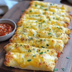 - 2 cups all-purpose flour - 1 tablespoon instant yeast - 1 teaspoon sugar - 1 teaspoon salt - ¾ cup warm water (about 110°F/43°C) - 2 tablespoons olive oil - 3 cloves garlic, finely minced - 1 cup shredded mozzarella cheese - ½ cup grated Parmesan cheese - 2 tablespoons fresh parsley, chopped - 1 teaspoon Italian seasoning - ¼ teaspoon red pepper flakes (optional) Great garlic breadsticks start with fresh, simple ingredients. Each plays a key role in flavor and texture. First, all-purpose flour gives the bread a nice structure. Instant yeast helps it rise quickly. Sugar adds just a hint of sweetness. Salt brings out all the flavors. Warm water activates the yeast, making it bubbly. Olive oil adds moisture and richness. Garlic gives that classic taste we love. Mozzarella and Parmesan cheese melt beautifully for that gooey texture. Fresh parsley adds color and a fresh bite. Italian seasoning brings a mix of herbs for depth. Red pepper flakes can kick up the heat, but they are optional. Gather these ingredients for a fun cooking adventure. You will find the full recipe at the end for easy reference. - Mixing bowls - Baking sheet - Rolling pin - Parchment paper Having the right tools makes cooking easier. Mixing bowls are great for combining ingredients. A baking sheet is key for even cooking. A rolling pin helps shape the dough perfectly. Parchment paper keeps things clean and helps with sticking. - Prep Time: 10 min - Cook Time: 20 min - Total Time: 50 min - Servings: 12 This recipe fits into a busy day. With just 10 minutes to prep, you can have warm, cheesy breadsticks in less than an hour. Perfect for sharing with family or friends! To start, grab a large mixing bowl. Combine 2 cups of all-purpose flour, 1 tablespoon of instant yeast, 1 teaspoon of sugar, and 1 teaspoon of salt. Stir well until everything is mixed. In a separate bowl, mix ¾ cup of warm water and 2 tablespoons of olive oil. This should be warm, about 110°F (43°C). Gradually add this liquid mixture to the dry ingredients while stirring. Keep mixing until a dough starts to form. Next, transfer the dough to a floured surface. Knead the dough with your hands for 5-7 minutes. You want it to be smooth and elastic. Take a bowl and lightly grease it with olive oil. Place the kneaded dough inside and turn it to coat. Cover the bowl with a damp cloth. Allow the dough to rise in a warm spot for about 30 minutes, or until it doubles in size. Now it’s time to bake! Preheat your oven to 425°F (220°C). Once the dough has risen, gently punch it down to let air out. Roll it out on a floured surface into a rectangle. Make it about ½ inch thick. Carefully move the rolled dough onto a baking sheet lined with parchment paper. In a small bowl, mix 3 cloves of finely minced garlic with the remaining olive oil. Brush this garlic oil over the dough, leaving a small border around the edges. Sprinkle 1 cup of shredded mozzarella and ½ cup of grated Parmesan cheese on top. For extra flavor, mix 2 tablespoons of chopped parsley, 1 teaspoon of Italian seasoning, and optional red pepper flakes. Sprinkle this mix over the cheese. Bake for 15-20 minutes or until golden and bubbly. For the full recipe, check the instructions in the earlier section. Enjoy your cheesy garlic breadsticks! To get the best texture, kneading is key. Knead the dough for about 5-7 minutes. This helps it become smooth and elastic. You want the dough to feel soft but not sticky. If it sticks to your hands, add a little flour. The right consistency is crucial for chewy breadsticks. Want to boost the garlic flavor? Try using roasted garlic instead of raw. Roasting garlic makes it sweet and creamy. For cheese, mozzarella is great, but you can mix it up! Try adding cheddar or gouda for extra flavor. Each cheese brings a unique taste to the breadsticks. Pair your breadsticks with marinara sauce for dipping. You can also use ranch or garlic butter. For a beautiful presentation, arrange them on a wooden board. Sprinkle some fresh parsley on top for color. This makes them look even more appetizing. Enjoy your cheesy garlic breadsticks fresh out of the oven! {{image_4}} You can use many types of cheese for your breadsticks. Mozzarella is a classic choice, offering great meltability. If you want a sharper taste, try aged cheddar or gouda. For a creamier texture, use fontina. You can also mix cheeses for a unique flavor. Looking for vegan options? Vegan mozzarella works well, and cashew cheese adds a nice touch too. Want to add some heat? Sprinkle red pepper flakes on top before baking. This gives your breadsticks a mild kick. You can also experiment with herbs. Try adding oregano or thyme for extra flavor. Fresh basil can also brighten the taste, making your breadsticks more aromatic. For a fun twist, make pumpkin garlic breadsticks. Add pureed pumpkin to your dough for a seasonal flavor. This option is perfect for fall gatherings. If you want something sweet, try a dessert version. Use cinnamon and sugar on the dough before baking. Drizzle with icing once baked for a tasty treat. If you want the full recipe, check out the details above. To keep your cheesy garlic breadsticks fresh, store them in an airtight container. This method helps prevent them from drying out. If you don't have an airtight container, you can wrap them tightly in plastic wrap. Make sure to keep them in the fridge. This way, they’ll stay good for about three days. When you want to enjoy your leftover breadsticks, the best method is to use an oven. Preheat the oven to 350°F (175°C). Place the breadsticks on a baking sheet and cover them with aluminum foil. Heat them for about 10 minutes. This keeps them soft and warm. If you prefer a crispy texture, remove the foil for the last few minutes. Freezing your baked breadsticks is easy. Allow them to cool completely first. Then, wrap each breadstick in plastic wrap or aluminum foil. Place them in a freezer-safe bag. Label the bag with the date. When you’re ready to eat them, take them out and thaw at room temperature. You can also reheat them in the oven as mentioned above. This way, they taste fresh and delicious! Yes, you can use whole wheat flour. It changes the flavor and texture. Your breadsticks will be denser and nutty. Use the same amount of whole wheat flour. If the dough feels too dry, add a little more water. To make gluten-free breadsticks, use a gluten-free flour blend. Look for blends made for baking. Check the packaging for the right amount to use. This will help keep the dough from being too crumbly or dry. If the dough is sticky, add a bit more flour. Do this slowly, one tablespoon at a time. Knead the dough after each addition. This helps you get a smooth and elastic dough. Leftovers can last about 3 to 5 days in the fridge. Store them in an airtight container. This keeps them fresh and prevents them from drying out. Yes, you can make them ahead. Prepare the dough and let it rise. Then, shape the breadsticks and place them on a baking sheet. Cover and refrigerate. Bake them fresh when you are ready to eat! You can also freeze them for later use. You now have a complete recipe for tasty garlic breadsticks. With simple ingredients and steps, you're ready to impress. Remember the key points: knead well for the right texture and experiment with flavors. Don’t hesitate to try different cheeses and spices to find your favorite. Store extras properly, so they stay fresh. Enjoy making and sharing these breadsticks with friends and family. It’s fun to bake, and even better to eat!