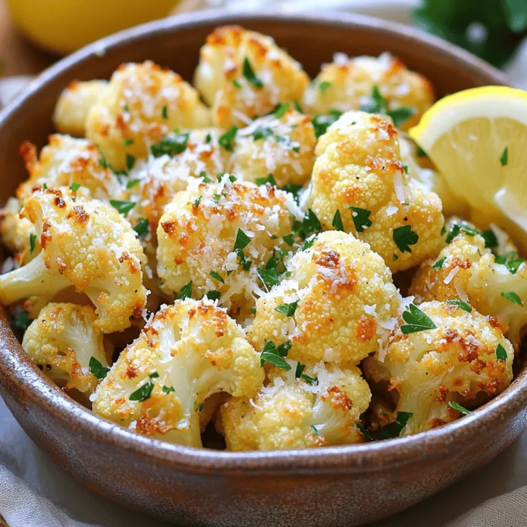 - 1 large head of cauliflower - 3 tablespoons extra-virgin olive oil - 4 cloves garlic, finely minced - 1/2 cup freshly grated Parmesan cheese - 1 teaspoon dried oregano - 1 teaspoon smoked paprika - Sea salt and black pepper to taste - Fresh parsley for garnish When I set out to make baked garlic Parmesan cauliflower, I focus on fresh and simple ingredients. A large head of cauliflower serves as the star of this dish. Choose one that feels firm and has tight florets. I use three tablespoons of extra-virgin olive oil. This oil adds richness and helps the cauliflower roast perfectly. The garlic is key, so I finely mince four cloves. Garlic brings bold flavor and pairs beautifully with Parmesan. For the cheesy finish, I use half a cup of freshly grated Parmesan cheese. Fresh cheese melts better and gives a deeper flavor than pre-grated options. I season with a teaspoon each of dried oregano and smoked paprika. Oregano adds an earthy note, while smoked paprika gives a hint of warmth. Don’t forget sea salt and black pepper to taste; these enhance all the flavors. Finally, I garnish with fresh parsley. It adds color and a burst of freshness to the dish. For the full recipe, you can refer to the detailed instructions shared earlier. First, preheat your oven to 425°F (220°C). This heat will help the cauliflower roast perfectly. Line a large baking sheet with parchment paper. This step keeps the cauliflower from sticking and makes cleanup easy. Next, gather your ingredients. In a large bowl, mix together the olive oil, minced garlic, oregano, smoked paprika, salt, and pepper. Use a whisk to combine everything well. You want this mix to be fragrant and smooth. Now it’s time to coat the cauliflower. Take your cauliflower florets and add them to the bowl with the garlic seasoning. Toss them gently so every floret gets a nice coat of the mix. This step is key for great flavor. Spread the seasoned cauliflower on the prepared baking sheet. Make sure the florets sit in a single layer. This helps them roast evenly and get crispy. Place your baking sheet in the preheated oven. Bake the cauliflower for 15 minutes. This time allows the cauliflower to start softening and caramelizing. After 15 minutes, carefully pull the baking sheet out. Sprinkle the grated Parmesan cheese over the cauliflower. This will melt and create a golden crust. Put the baking sheet back in the oven. Bake for another 10 to 15 minutes. You want the cheese to become bubbly and golden, while the cauliflower becomes tender. Once done, take the baking sheet out. Let the cauliflower cool for a few minutes. Garnish it with chopped parsley before serving to add a fresh touch. You can find the full recipe to guide you through these steps perfectly. To get the best baked garlic Parmesan cauliflower, focus on even roasting. Place the florets in a single layer on the baking sheet. This helps them cook evenly and become crispy. If they touch, they may steam instead of roast. Check for doneness by piercing a floret with a fork. It should be tender but not mushy. Look for a golden brown color on the cheese. This means it is ready to enjoy. To boost flavor, consider adding spices like cayenne pepper for heat or lemon zest for brightness. You can also use fresh herbs like thyme or rosemary for added depth. If you have dietary preferences, swap out the cheese for a vegan option. Nutritional yeast can give a cheesy flavor without dairy. Adjust the amounts based on your taste. Serve your baked cauliflower in a rustic bowl, garnished with fresh parsley. This adds color and freshness. For a zesty kick, place lemon wedges on the side. They brighten the dish and offer a nice contrast to the savory flavors. Pair this tasty side with grilled chicken or fish. It also goes well with a quinoa salad for a hearty meal. Enjoy the blend of flavors and the beautiful presentation! For the full recipe, check out the sections above. {{image_4}} You can switch up the cheese in this recipe. Try using mozzarella for a gooey texture. Cheddar also adds a sharp flavor. If you want to make it vegan, try nutritional yeast. It gives a cheesy taste without dairy. You can also use vegan mozzarella for more creaminess. Feel free to add more veggies. Broccoli or bell peppers pair well with cauliflower. You can even toss in some cooked chicken for protein. For added flavor, use fresh herbs. Basil or thyme can bring a fresh taste to the dish. You can also sprinkle red pepper flakes for some heat. Want to save time? Try using an air fryer. Cook the cauliflower at 375°F for about 12-15 minutes. It will crisp up nicely and cook faster. If you’re in a rush, you can sauté the cauliflower on the stovetop. Use a pan with oil and cook for about 10 minutes, stirring often. This method gives a nice char, too. For more details, check the Full Recipe. To store leftover baked garlic Parmesan cauliflower, let it cool first. Place it in an airtight container. This helps keep the flavors fresh. You can store it in the fridge for up to three days. If you want to keep it longer, consider freezing it. It can last up to three months in the freezer. To reheat the cauliflower, the oven is your best friend. Preheat your oven to 350°F (175°C). Place the cauliflower on a baking sheet. Bake for about 10 minutes. This keeps the texture crisp. You can also use a microwave for quick reheating. However, it may make the cauliflower a bit soft. Want to get creative? Use leftovers in a salad or a wrap. You can add them to pasta for a tasty meal. This way, you enjoy those delicious flavors in new ways! For the full recipe, check out the details above. Bake Baked Garlic Parmesan Cauliflower for about 25 to 30 minutes total. Start by baking it for 15 minutes. This helps it get tender and a bit caramelized. After that, sprinkle the Parmesan cheese on top. Then bake it for another 10 to 15 minutes. This allows the cheese to melt and turn golden brown. Keep an eye on it during the last few minutes to avoid burning. Yes, you can use frozen cauliflower. Frozen cauliflower works well if you're short on time. First, thaw it completely and drain any excess water. This step is key to avoid a soggy dish. Then, follow the same steps in the recipe. Just note that baking time may vary. Check for doneness a bit earlier to ensure perfect texture. Baked Garlic Parmesan Cauliflower pairs well with many dishes. You can serve it alongside grilled chicken or fish for a complete meal. It also goes great with pasta dishes or a hearty salad. If you're having a barbecue, it makes a tasty side. You can even enjoy it as a snack on its own! To make Baked Garlic Parmesan Cauliflower gluten-free, check your ingredients. The main recipe is already gluten-free. Just ensure the Parmesan cheese is gluten-free. Most brands are safe, but it's good to double-check. You can enjoy this dish with peace of mind while sticking to a gluten-free diet. For the full recipe, you have everything you need to create this delicious side dish! This blog post gives you a clear path to making Baked Garlic Parmesan Cauliflower. We covered essential ingredients, easy steps, and helpful tips for great flavor. Remember to enjoy the cooking process and explore variations. You can adjust for your taste or needs, making this dish your own. This tasty recipe is simple and has great options for any meal. So grab your ingredients and start cooking! Enjoy every bite!