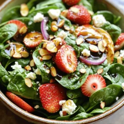 - Spinach - Strawberries For this salad, I start with fresh baby spinach. It gives a nice base. Aim for about 4 cups, making sure to wash and dry it well. Next, I add 1 cup of ripe strawberries. I hull them and slice into thin rounds. The sweet flavors of strawberries complement spinach beautifully. - Feta Cheese - Almonds Feta cheese adds creaminess. I use about 1/2 cup, crumbled, to sprinkle on top. For some crunch, I include 1/4 cup of sliced almonds. I lightly toast them first for a nutty flavor. This mix of textures makes the salad exciting. - Balsamic Vinegar - Honey - Olive Oil - Salt and Pepper I make a simple dressing with 2 tablespoons of balsamic vinegar. It gives a tangy kick. Then, I add 1 tablespoon of honey to balance the taste. For richness, I include 2 tablespoons of olive oil. Finally, I season with salt and freshly ground black pepper. The dressing ties all the flavors together. You can find the Full Recipe for the Strawberry Spinach Salad above. Enjoy making it! To make a delightful strawberry spinach salad, follow these simple steps. - Washing and drying spinach: Start with fresh baby spinach. Rinse it well under cold water. Use a salad spinner or a clean towel to dry the leaves. This keeps the salad from getting soggy. - Hulling and slicing strawberries: Take ripe strawberries and hull them. Remove the green tops. Slice them into thin rounds so each piece looks beautiful. - Layering the spinach and strawberries: In a large bowl, add the washed spinach. Then, layer the sliced strawberries on top. The red and green colors create a lovely contrast. - Adding feta, almonds, and onions: Sprinkle crumbled feta cheese over the salad. Next, add sliced almonds for crunch. Finally, toss in thin slices of red onion for a pop of flavor. - Combining ingredients in a bowl: In a small bowl, combine balsamic vinegar, honey, and olive oil. Add salt and pepper to taste. - Whisking to blend flavors: Use a whisk to mix the dressing until smooth. This ensures all flavors blend well together. - Drizzling dressing before serving: Just before you serve, drizzle the dressing over the salad. This adds flavor without making it soggy. - Tossing the salad gently: Use tongs or two forks to toss the salad carefully. Make sure every piece gets a bit of dressing. - Adjusting seasoning if needed: Taste the salad. If it needs more flavor, add a little more salt and pepper. This recipe is quick and easy! You can find the full recipe for more details. Enjoy your fresh and flavorful strawberry spinach salad! To make the best strawberry spinach salad, choose ripe strawberries. Look for bright red berries with no white spots. They should be firm but slightly soft to the touch. Smell the strawberries; they should have a sweet aroma. For the spinach, pick fresh baby spinach. Look for vibrant green leaves that feel crisp. Avoid any leaves with yellow or brown spots. Fresh spinach adds a lovely crunch and flavor. The dressing should be thick enough to coat the salad. If it’s too thin, add more honey or olive oil. If it’s too thick, whisk in a bit of water or vinegar. Store leftover dressing in the fridge. Use a sealed container to keep it fresh. Shake or stir well before using it again. This dressing pairs perfectly with many salads. To make your salad look stunning, garnish with whole strawberries. Add a sprinkle of extra feta on top for color. You might also consider edible flowers for a fancy touch. Serve the salad in a large bowl. A bright bowl enhances the vibrant colors of the salad. This makes it appealing for gatherings or family meals. For the full recipe, check the details above. {{image_4}} If you want to change up the flavors, try different cheese. Goat cheese offers a tangy bite. Ricotta can give a creamy texture. You can also skip cheese altogether for a lighter salad. When it comes to nuts, feel free to swap almonds. Pecans or walnuts add a rich crunch. Sunflower seeds are a great nut-free option. They pack flavor and add a lovely crunch. Adding protein can make this salad more filling. Grilled chicken is a classic choice. It adds a nice smoky flavor. Shrimp is another tasty option that pairs well with strawberries. For a vegetarian twist, consider legumes. Chickpeas or black beans boost protein and fiber. They add heartiness without meat. To brighten up the salad, try citrus dressings. A lemon vinaigrette gives a fresh zing. Orange juice mixed with olive oil adds a sweet touch. Adding fresh herbs can elevate the taste. Basil or mint adds a refreshing twist. Chopped herbs can make every bite more vibrant and lively. You can find the full recipe for this delightful Strawberry Spinach salad to explore these variations. To keep spinach fresh, store it in a damp paper towel. Place it in a plastic bag. This helps maintain moisture without making it soggy. You can also use a salad spinner to remove excess water before storage. For strawberries, choose ripe ones without blemishes. Store them in the fridge, but do not wash them until ready to use. Wash them gently to avoid bruising when you are ready to enjoy them. This keeps them tasty and firm. If you have leftover salad, place it in an airtight container. Refrigerate it for up to one day. The spinach may wilt over time, so it’s best to eat it fresh. If the salad looks sad or mushy, it’s time to toss it. I do not recommend freezing the assembled salad. Freezing changes the texture of the spinach and strawberries. However, you can freeze individual ingredients. Wash and slice strawberries, then spread them on a baking sheet. Once frozen, transfer them to a bag. Spinach can also be blanched and frozen for later use. Just remember, frozen salads lose their freshness and crunch. To make this salad vegan, you can easily swap out the cheese and dressing. - Substitutes for cheese: Use tofu or avocado for creaminess. Nutritional yeast also adds a cheesy flavor. - Alternative dressings: Try a vinaigrette made from lemon juice, olive oil, and maple syrup. It's light and tasty. Yes, you can prepare this salad ahead of time with a few tips. - Tips for prep ahead of time: Wash and dry the spinach and strawberries. Slice them, but keep them separate until serving. - Storing before serving: Place the spinach and strawberries in a sealed container. Add the nuts and dressing right before you serve to keep everything fresh. This salad offers many health benefits thanks to its fresh ingredients. - Nutritional value of spinach and strawberries: Spinach is rich in vitamins A, C, and K. Strawberries are high in antioxidants and vitamin C. Together, they support your immune system. - Benefits of feta and nuts: Feta cheese adds protein and calcium. Almonds provide healthy fats and fiber, making this salad both filling and nutritious. For the full recipe, check out the detailed instructions and enjoy this fresh delight! In this blog post, we explored a fresh salad filled with spinach, strawberries, feta cheese, and almonds. I shared steps to prepare and assemble your salad easily. We also discussed tips for selecting the best ingredients and ways to customize your dish. Remember, you can make this salad your own by adding proteins or trying different dressings. Fresh salads are not only tasty, but they are also good for you. Enjoy creating a delicious, healthy meal that fits your taste!