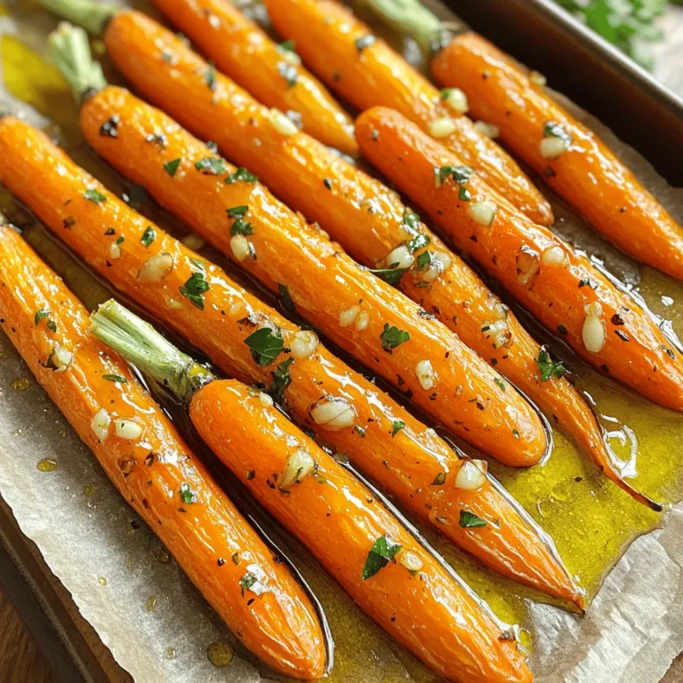 - 1 pound baby carrots (or regular carrots, peeled and cut into ¼ inch sticks) - 4 cloves garlic, finely minced - 2 tablespoons extra virgin olive oil - 1 tablespoon pure honey - 1 teaspoon dried thyme (or 1 tablespoon freshly chopped thyme) - Salt and freshly cracked pepper, to taste - Fresh parsley, finely chopped (for garnish) If you want to change the honey, use maple syrup or agave for sweetness. Both work well and add a nice flavor. For herbs, feel free to switch thyme with rosemary or oregano. Each brings its own twist to the dish. Using fresh garlic is key. It gives a strong flavor and a nice aroma. Look for firm cloves with no spots. Choose bright, firm carrots for the best taste. If they are limp or pitted, they are not fresh. The quality of these ingredients makes all the difference in your dish. For the full recipe, check out the details above. 1. Preheat your oven to 425°F (220°C). This high heat helps the carrots get crispy. 2. Line a baking sheet with parchment paper. This makes cleanup easier. 3. In a large bowl, add 1 pound of baby carrots. You can use regular carrots, too. 4. Mince 4 cloves of garlic and add them to the bowl. 5. Pour in 2 tablespoons of extra virgin olive oil and 1 tablespoon of pure honey. 6. Sprinkle in 1 teaspoon of dried thyme and a good pinch of salt and pepper. 7. Toss everything well. Each carrot should be coated in the tasty mix. 1. Spread the carrots evenly on the lined baking sheet. Don’t crowd them. This helps them roast well. 2. Put the baking sheet in the hot oven. Roast the carrots for about 25 to 30 minutes. 3. Halfway through, stir the carrots gently to help them roast evenly. 4. They are done when they are soft and have a nice caramel color. 1. Take the baking sheet out of the oven. Let the carrots cool for about 5 minutes. 2. Transfer the warm carrots to a serving platter. 3. Top with finely chopped fresh parsley for a burst of color and flavor. 4. You can serve these carrots as a side dish or enjoy them as a snack. For the complete details on how to make these tasty Garlic Roasted Carrots, check out the Full Recipe. To get that amazing caramelization, set your oven to 425°F (220°C). This high heat helps the carrots brown nicely. The secret to perfect caramelization is to avoid overcrowding. If you pack the carrots too close, they will steam instead of roast. Spread them out on the baking sheet. This way, each carrot gets its turn in the hot air. You can add more spices to make the flavor pop. Try adding a pinch of cumin or paprika for a bit of warmth. If you like heat, sprinkle in some red pepper flakes or drizzle with sriracha. These spices work well with garlic and give the dish a new twist. Garlic roasted carrots pair well with many main dishes. They are great alongside chicken, pork, or fish. For a vegetarian option, serve them with quinoa or a grain salad. To impress your guests, arrange the carrots on a platter. A sprinkle of fresh parsley adds a nice touch. You can also use a drizzle of balsamic glaze for extra flair. {{image_4}} You can cook garlic roasted carrots in different ways. If you’re short on time, try the microwave. Just place the carrots in a bowl with a splash of water. Cover it with a lid or plastic wrap. Microwave on high for five minutes. Check for tenderness, then let them cool before adding the garlic and oil. Another fun method is grilling. Toss the carrots with oil and garlic, then wrap them in foil. Grill for about 15-20 minutes. The heat gives them a nice smoky flavor, which pairs well with the garlic. Want to change the flavors? Adding citrus zest can brighten the dish. Try lemon or orange zest. Mix it in with the garlic before roasting. This adds a refreshing twist that makes the carrots pop. You can also incorporate nuts or seeds. Chopped almonds or pumpkin seeds add crunch and extra taste. Simply sprinkle them on top after roasting for a delightful finish. Seasons change, and so can your carrots. In spring, add fresh herbs like dill or basil. These herbs give a light, fresh taste that feels bright and vibrant. In fall, think cozy flavors like cinnamon. A sprinkle of cinnamon can turn your garlic roasted carrots into a warm side dish. It’s perfect for holiday meals. These seasonal tweaks keep the dish exciting all year long. For more ideas, check out the Full Recipe. To keep your garlic roasted carrots fresh, use an airtight container. Glass or BPA-free plastic containers work well. Make sure the carrots cool down to room temperature before sealing. Store them in the fridge for up to four days. This keeps the flavors intact and helps them stay crunchy. When it's time to enjoy your leftovers, the best method is to reheat in the oven. Preheat your oven to 350°F (175°C). Place the carrots on a baking sheet and warm them for about 10 minutes. This method helps to keep them crisp. If you're in a hurry, you can use the microwave. Just heat them in short bursts of 30 seconds. Remember to check often to avoid sogginess. If you want to save garlic roasted carrots for later, freezing is a great option. First, let the carrots cool completely. Then, place them in a single layer on a baking sheet. Freeze them for about an hour. Once frozen, transfer the carrots to a freezer-safe bag. Remove as much air as possible before sealing. They can last up to three months in the freezer. When you’re ready to use them, thaw the carrots in the fridge overnight. Reheat them in the oven or a skillet before serving. This keeps their flavor and texture nice. For the full recipe, check out the Garlic Roasted Carrots with Thyme & Honey section! Yes, you can use frozen carrots. However, they need some prep. First, thaw them in the fridge overnight or in the microwave. Once thawed, drain any excess water. After that, follow the same steps in the full recipe. Keep an eye on the roasting time. Frozen carrots may need a bit longer to roast. Garlic roasted carrots pair well with many dishes. They go great with roasted chicken or grilled fish. You can also serve them with quinoa or rice for a healthy meal. Feel free to add a salad for some freshness. The sweet and savory flavors of the carrots will complement any main dish nicely. To make this recipe vegan, replace the honey with maple syrup or agave nectar. Both options add sweetness without animal products. You can also add more herbs or spices to enhance the flavor. Adjust the olive oil and seasoning as needed. This way, you can enjoy the same great taste while keeping it plant-based. In this post, we explored all about garlic roasted carrots. We listed key ingredients and shared swaps for flexibility. I discussed how to prepare, roast, and serve them well. Tips for achieving great flavor and texture were shared, along with variations for every season. Lastly, we covered storage options and answered common questions. Roasted carrots can fit any meal and please anyone. Enjoy cooking them your way!