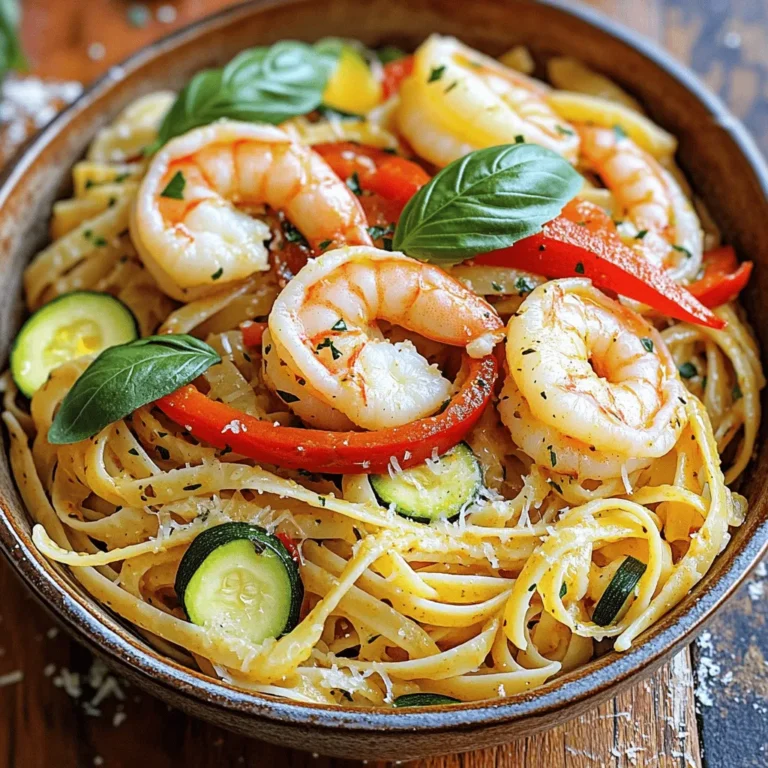 For a tasty Spicy Shrimp Pasta, gather the following ingredients: - 8 oz linguine or spaghetti - 1 lb large shrimp, peeled and deveined - 3 tablespoons extra virgin olive oil - 4 cloves garlic, finely minced - 1 teaspoon red pepper flakes (or adjust to your spice preference) - 1 medium-sized bell pepper, sliced (red or yellow recommended for sweetness) - 1 medium zucchini, cut into thin half-moons - 1 can (14 oz) diced tomatoes, drained well - Sea salt and freshly cracked black pepper, to taste - Fresh basil or parsley leaves, for garnish (optional) - Grated Parmesan cheese, for serving (optional) These ingredients bring the right balance of flavors. The shrimp adds protein, while the bell pepper and zucchini provide crunch. Fresh herbs like basil or parsley elevate the taste. Don't forget the Parmesan cheese for a creamy finish. This full recipe is simple yet satisfying, making it a great choice for any weeknight. First, boil a large pot of salted water. You want it to be really hot. Once it boils, add 8 oz of linguine or spaghetti. Cook it according to the package directions. This usually takes about 8 to 10 minutes. Test the pasta for al dente by tasting a piece. It should be firm but not hard. Before you drain the pasta, reserve 1 cup of the cooking water. This water helps later. Drain the pasta in a colander and set it aside. Next, grab a large skillet and heat 3 tablespoons of olive oil over medium-high heat. Wait until the oil shimmers. Add 1 lb of large shrimp that are peeled and deveined. Season the shrimp with sea salt and black pepper. Cook for 2 to 3 minutes, turning them often. The shrimp should turn bright pink and opaque. Once they are done, put the shrimp on a plate and cover to keep warm. In the same skillet, lower the heat a bit. Add 4 cloves of minced garlic and 1 teaspoon of red pepper flakes. Stir this mix for about 30 seconds. You want the garlic to smell good but not brown. Now add 1 sliced bell pepper and 1 medium zucchini, cut into half-moons. Cook these for 3 to 4 minutes. Stir often until the veggies are tender but still colorful. Time to mix everything! Add a can of drained diced tomatoes into the skillet. Stir gently to combine with the veggies. Now return the cooked shrimp to the skillet. Next, add the drained pasta. Carefully mix everything together. If it seems dry, pour in some of that reserved pasta water. This helps make the dish nice and saucy. Now, taste your pasta. Adjust the seasoning with more salt and pepper if needed. Let the dish cook together for another 2 to 3 minutes. This lets all the flavors blend well. When you are ready to serve, plate your Spicy Shrimp Pasta nicely. For a pop of color, garnish with fresh basil or parsley. If you like cheese, sprinkle some grated Parmesan on top. For more details, check the [Full Recipe]. - Selecting the right type of shrimp: Choose large shrimp for a better bite. Fresh or frozen works well, but ensure they are peeled and deveined. Look for shrimp that smell clean and ocean-like. - Perfectly cooking pasta: Use a large pot with plenty of water. Add salt to the water; it helps flavor the pasta. Cook until it’s al dente, which means firm but not hard. Reserve some pasta water before draining. - Preventing overcooked shrimp: Shrimp cooks quickly. Sauté for only 2-3 minutes. They should turn bright pink and opaque. Remove them from the heat as soon as they are done. - Adding more spices or herbs: Spice it up with more red pepper flakes if you like heat. Fresh herbs like basil or parsley add flavor too. You can also try a pinch of smoked paprika for depth. - Suggested marinades for shrimp: Marinate shrimp in olive oil, lemon juice, and garlic for 30 minutes before cooking. This adds flavor and makes them tender. - Using fresh ingredients for better taste: Fresh vegetables like zucchini and bell peppers make a big difference. They add color, crunch, and taste. Always use ripe tomatoes for a rich sauce. For the full recipe, check out the Spicy Shrimp Pasta Extravaganza. Enjoy your cooking! {{image_4}} You can change this dish to fit your needs. Here are some ideas: - Whole Wheat or Gluten-Free Pasta: You can swap regular pasta for whole wheat or gluten-free options. This change adds fiber and makes it easier for those with gluten issues to enjoy. - Substituting Shrimp for Other Proteins: If you don’t want shrimp, try chicken or scallops. These proteins cook well and soak up flavors nicely. - Seasonal Vegetables for Customization: Use what's fresh in your area. In summer, add cherry tomatoes or spinach. In fall, use squash or kale. This keeps your dish exciting and healthy. The heat of your dish can change with a few tweaks. Consider these options: - Increasing or Decreasing Red Pepper Flakes: If you love heat, add more red pepper flakes. For less spice, use fewer flakes. Start small, then add until it's just right for you. - Alternative Spicy Additions like Jalapeños: You can add diced jalapeños for a fresh twist. They bring a different flavor and can be milder if you remove the seeds. Explore these variations to make your Spicy Shrimp Pasta fit your taste! For the complete recipe, check the Full Recipe. To store leftovers, place the pasta in an airtight container. Let it cool before sealing. This helps keep it fresh. You can store it in the fridge for about 3 days. When reheating, use a skillet over low heat. Add a splash of water or broth to keep it moist. Stir often to heat evenly. To freeze the dish, let it cool completely. Then, transfer it to a freezer-safe container. Label the container with the date. You can freeze Spicy Shrimp Pasta for up to 3 months. When you’re ready to eat, move it to the fridge to thaw overnight. For reheating, place it in a skillet with a little water. Heat on low, stirring gently. You can also microwave it in a bowl with a cover. Just heat in short bursts, stirring in between. This keeps the pasta from drying out. The best pasta for shrimp pasta is linguine or spaghetti. Both types hold sauce well and pair nicely with shrimp. They have a great texture that complements the dish. Yes, you can make this recipe ahead of time. Cook the pasta and shrimp, then store them separately. When you are ready to eat, reheat everything together in a skillet for best results. Shrimp is cooked when it turns bright pink and opaque. It usually takes about 2-3 minutes to cook on medium-high heat. Avoid overcooking, as shrimp can become rubbery. Yes, you can use frozen shrimp. Just thaw them in cold water before cooking. This helps maintain their texture and flavor. You can serve garlic bread or a simple salad with your pasta. Both options add nice balance to the meal. A glass of white wine also pairs well. Yes, this dish is quite flexible. You can swap shrimp for chicken or tofu. You can also use gluten-free pasta if needed. Feel free to adjust the vegetables to fit your taste. For the full recipe, check out the Spicy Shrimp Pasta Extravaganza. This blog post covered the essential ingredients and steps to create Spicy Shrimp Pasta. You learned how to cook the pasta, sauté the shrimp, and prepare fresh veggies. We also touched on tips for selecting ingredients and customizing your dish. Keep it simple, use fresh ingredients, and experiment with flavors. Enjoy your cooking journey, and savor every bite of your delicious creation!