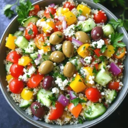 To make a vibrant Mediterranean quinoa salad, gather these main ingredients: - 1 cup quinoa - 2 cups vegetable broth or water - 1 cup cherry tomatoes, halved - 1 cucumber, diced - 1 bell pepper (red or yellow), diced - 1/2 red onion, finely chopped - 1/2 cup Kalamata olives, pitted and sliced - 1/2 cup feta cheese, crumbled - 1/4 cup fresh parsley, chopped - 1/4 cup extra virgin olive oil - 2 tablespoons freshly squeezed lemon juice - 1 teaspoon dried oregano - Salt and freshly cracked black pepper to taste These ingredients blend together to create a dish bursting with flavor. The quinoa provides a nutty base, while the veggies add crunch and freshness. The olives and feta bring a salty kick, making every bite delightful. You can customize your salad with optional add-ins. Here are a few ideas: - Avocado for creaminess - Chickpeas for added protein - Sun-dried tomatoes for a sweet tang - Roasted red peppers for extra depth Feel free to mix and match these add-ins to suit your taste. This salad is versatile and makes a great meal for any occasion. Each ingredient in this salad offers unique health benefits. Quinoa is high in protein and fiber. It’s also gluten-free, making it a great choice for many diets. The cherry tomatoes are packed with vitamins C and K. They also have antioxidants that can help protect your cells. Cucumbers are hydrating and low in calories, making them a great addition to any dish. Kalamata olives provide healthy fats that support heart health. Feta cheese adds flavor and calcium. Overall, this salad is a balanced dish that fuels your body with good nutrition. For the full recipe, check here: [Full Recipe]. First, rinse the quinoa under cold water for 2-3 minutes. This step helps remove any bitter taste. Next, add the rinsed quinoa to a medium saucepan with 2 cups of vegetable broth or water. Heat it on high until it boils. Once boiling, lower the heat and cover the saucepan. Let it simmer for about 15 minutes. When done, the quinoa should look fluffy and all the liquid will be absorbed. Remove it from heat and fluff it with a fork. Place the quinoa in a large bowl and let it cool down. While the quinoa cools, prepare the other ingredients. In a large mixing bowl, combine the halved cherry tomatoes, diced cucumber, diced bell pepper, finely chopped red onion, sliced Kalamata olives, crumbled feta cheese, and chopped parsley. Mix these ingredients well. The colors and textures will make the salad eye-catching and inviting. In a separate small bowl, whisk together the extra virgin olive oil, lemon juice, dried oregano, and a pinch of salt and cracked black pepper. This dressing adds a bright flavor to the salad. Once the quinoa has cooled, gently fold it into the bowl with the vegetables and cheese. Drizzle the dressing over everything and toss it all together. Taste and adjust the seasoning if needed. Enjoy your Mediterranean Quinoa Salad! For the full recipe, check out the details above. When making Mediterranean quinoa salad, I see some common mistakes. The first mistake is not rinsing the quinoa. Rinsing removes a bitter coating called saponin. If you skip this step, the salad may taste off. Another mistake is overcooking the quinoa. You want the grains fluffy, not mushy. Lastly, don’t forget to taste and adjust the seasoning. Each ingredient adds its own flavor. For the best flavor, use fresh ingredients. Fresh herbs like parsley make a big difference. Choose ripe cherry tomatoes and crisp cucumbers. Also, use high-quality extra virgin olive oil. This oil adds richness to the salad. Squeeze fresh lemon juice for brightness. Don’t skimp on salt and pepper; they enhance all the flavors. Prep and cook time is key for this salad. You only need about 15 minutes to prep. Cooking the quinoa takes about 15 minutes, giving you a total of 30 minutes. Start by rinsing and cooking the quinoa first. While it cooks, chop your veggies. This way, everything is ready at the same time. For a more relaxed pace, you can even prep ingredients ahead of time. The full recipe will guide you through each step easily. {{image_4}} You can boost your Mediterranean quinoa salad by adding proteins. Grilled chicken adds a tasty twist. Simply cube cooked chicken and mix it in. Chickpeas are a great option too. They add fiber and protein, making the salad heartier. Canned chickpeas work well; just rinse and drain them first. For a seafood twist, try shrimp or tuna. These options make the dish more filling and satisfying. This salad is easy to adapt for vegan and gluten-free diets. To make it vegan, just skip the feta cheese. You can replace it with avocado for creaminess. For gluten-free, quinoa is already a safe choice. Always check for cross-contamination if you buy pre-packaged items. You can also use gluten-free grains like millet or brown rice if you prefer. Feel free to swap ingredients based on your taste. If you don’t like olives, try artichoke hearts or roasted red peppers. For cheese lovers, goat cheese adds a nice flavor. Don't have cherry tomatoes? Use diced regular tomatoes instead. Mixing in different herbs like mint or basil can bring fresh flavors. This salad is versatile and lets you customize it to your liking. Check the full recipe for more ideas! To keep your Mediterranean quinoa salad fresh, place it in an airtight container. This helps keep the flavors vibrant. Make sure to store it in the fridge. It should last about three to five days. If you notice any off smells or colors, it's best to toss it. To enjoy it cold, just grab a bowl from the fridge when you're ready to eat. When you meal prep, it's smart to store components separately. Keep the quinoa, veggies, and dressing apart. This helps maintain freshness and crunch. Combine them just before eating. For easy meals, prepare the quinoa and chop the veggies ahead of time. You can mix and match throughout the week for variety. You can freeze quinoa salad, but it might change the texture. If you want to freeze it, store just the quinoa. Let it cool first, then place it in a freezer-safe bag. Use it within three months for the best quality. When you're ready to use it, thaw it in the fridge overnight. Then, mix with fresh veggies and dressing for a quick meal. For the full recipe, check out the Mediterranean Quinoa Salad 🥗. You can keep Mediterranean Quinoa Salad in the fridge for about 3 to 5 days. Store it in an airtight container to keep it fresh. The flavors blend over time, making it even tastier. If you see any change in smell or color, it’s best to throw it out. Yes, you can make this salad ahead of time! In fact, it tastes better after the flavors mix. Prepare it a day or two before you plan to serve it. Just store it in your fridge. If you add feta cheese, do it right before serving to keep it fresh. You can serve Mediterranean Quinoa Salad in many ways: - As a side dish to grilled meats or fish - On a bed of greens for a light lunch - In a wrap or pita with extra veggies - Topped with lemon slices for a fresh touch You can also serve it chilled or at room temperature. Enjoy it your way! For the full recipe, check out the detailed steps above. Mediterranean quinoa salad is fresh, healthy, and easy to make. We covered the key ingredients and their benefits. I shared step-by-step instructions and helpful tips for flavor and time. You can customize the salad with proteins and swaps to fit your diet. Storing leftovers or meal prep is simple and effective. Enjoy this nutritious dish that you can adapt to your taste. Experiment with flavors and ingredients. You’ll find endless ways to make it your own. Dive in and savor every bite!