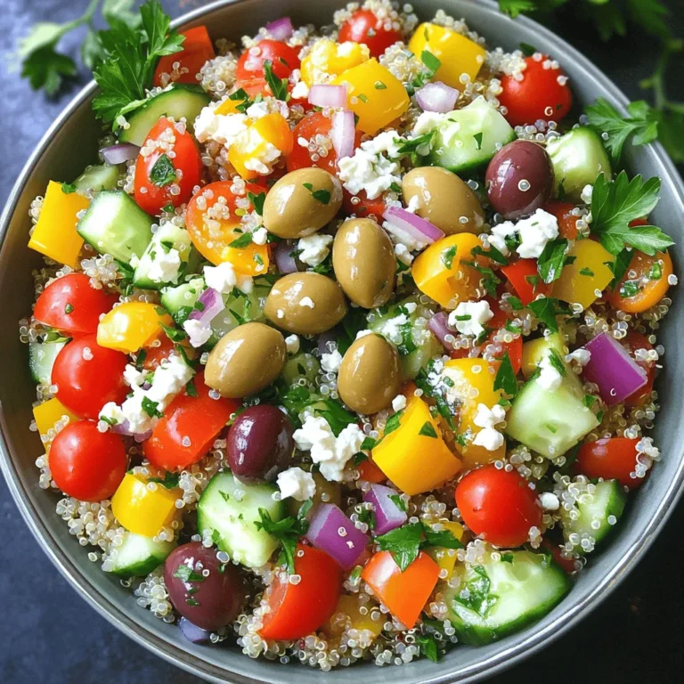To make a vibrant Mediterranean quinoa salad, gather these main ingredients: - 1 cup quinoa - 2 cups vegetable broth or water - 1 cup cherry tomatoes, halved - 1 cucumber, diced - 1 bell pepper (red or yellow), diced - 1/2 red onion, finely chopped - 1/2 cup Kalamata olives, pitted and sliced - 1/2 cup feta cheese, crumbled - 1/4 cup fresh parsley, chopped - 1/4 cup extra virgin olive oil - 2 tablespoons freshly squeezed lemon juice - 1 teaspoon dried oregano - Salt and freshly cracked black pepper to taste These ingredients blend together to create a dish bursting with flavor. The quinoa provides a nutty base, while the veggies add crunch and freshness. The olives and feta bring a salty kick, making every bite delightful. You can customize your salad with optional add-ins. Here are a few ideas: - Avocado for creaminess - Chickpeas for added protein - Sun-dried tomatoes for a sweet tang - Roasted red peppers for extra depth Feel free to mix and match these add-ins to suit your taste. This salad is versatile and makes a great meal for any occasion. Each ingredient in this salad offers unique health benefits. Quinoa is high in protein and fiber. It’s also gluten-free, making it a great choice for many diets. The cherry tomatoes are packed with vitamins C and K. They also have antioxidants that can help protect your cells. Cucumbers are hydrating and low in calories, making them a great addition to any dish. Kalamata olives provide healthy fats that support heart health. Feta cheese adds flavor and calcium. Overall, this salad is a balanced dish that fuels your body with good nutrition. For the full recipe, check here: [Full Recipe]. First, rinse the quinoa under cold water for 2-3 minutes. This step helps remove any bitter taste. Next, add the rinsed quinoa to a medium saucepan with 2 cups of vegetable broth or water. Heat it on high until it boils. Once boiling, lower the heat and cover the saucepan. Let it simmer for about 15 minutes. When done, the quinoa should look fluffy and all the liquid will be absorbed. Remove it from heat and fluff it with a fork. Place the quinoa in a large bowl and let it cool down. While the quinoa cools, prepare the other ingredients. In a large mixing bowl, combine the halved cherry tomatoes, diced cucumber, diced bell pepper, finely chopped red onion, sliced Kalamata olives, crumbled feta cheese, and chopped parsley. Mix these ingredients well. The colors and textures will make the salad eye-catching and inviting. In a separate small bowl, whisk together the extra virgin olive oil, lemon juice, dried oregano, and a pinch of salt and cracked black pepper. This dressing adds a bright flavor to the salad. Once the quinoa has cooled, gently fold it into the bowl with the vegetables and cheese. Drizzle the dressing over everything and toss it all together. Taste and adjust the seasoning if needed. Enjoy your Mediterranean Quinoa Salad! For the full recipe, check out the details above. When making Mediterranean quinoa salad, I see some common mistakes. The first mistake is not rinsing the quinoa. Rinsing removes a bitter coating called saponin. If you skip this step, the salad may taste off. Another mistake is overcooking the quinoa. You want the grains fluffy, not mushy. Lastly, don’t forget to taste and adjust the seasoning. Each ingredient adds its own flavor. For the best flavor, use fresh ingredients. Fresh herbs like parsley make a big difference. Choose ripe cherry tomatoes and crisp cucumbers. Also, use high-quality extra virgin olive oil. This oil adds richness to the salad. Squeeze fresh lemon juice for brightness. Don’t skimp on salt and pepper; they enhance all the flavors. Prep and cook time is key for this salad. You only need about 15 minutes to prep. Cooking the quinoa takes about 15 minutes, giving you a total of 30 minutes. Start by rinsing and cooking the quinoa first. While it cooks, chop your veggies. This way, everything is ready at the same time. For a more relaxed pace, you can even prep ingredients ahead of time. The full recipe will guide you through each step easily. {{image_4}} You can boost your Mediterranean quinoa salad by adding proteins. Grilled chicken adds a tasty twist. Simply cube cooked chicken and mix it in. Chickpeas are a great option too. They add fiber and protein, making the salad heartier. Canned chickpeas work well; just rinse and drain them first. For a seafood twist, try shrimp or tuna. These options make the dish more filling and satisfying. This salad is easy to adapt for vegan and gluten-free diets. To make it vegan, just skip the feta cheese. You can replace it with avocado for creaminess. For gluten-free, quinoa is already a safe choice. Always check for cross-contamination if you buy pre-packaged items. You can also use gluten-free grains like millet or brown rice if you prefer. Feel free to swap ingredients based on your taste. If you don’t like olives, try artichoke hearts or roasted red peppers. For cheese lovers, goat cheese adds a nice flavor. Don't have cherry tomatoes? Use diced regular tomatoes instead. Mixing in different herbs like mint or basil can bring fresh flavors. This salad is versatile and lets you customize it to your liking. Check the full recipe for more ideas! To keep your Mediterranean quinoa salad fresh, place it in an airtight container. This helps keep the flavors vibrant. Make sure to store it in the fridge. It should last about three to five days. If you notice any off smells or colors, it's best to toss it. To enjoy it cold, just grab a bowl from the fridge when you're ready to eat. When you meal prep, it's smart to store components separately. Keep the quinoa, veggies, and dressing apart. This helps maintain freshness and crunch. Combine them just before eating. For easy meals, prepare the quinoa and chop the veggies ahead of time. You can mix and match throughout the week for variety. You can freeze quinoa salad, but it might change the texture. If you want to freeze it, store just the quinoa. Let it cool first, then place it in a freezer-safe bag. Use it within three months for the best quality. When you're ready to use it, thaw it in the fridge overnight. Then, mix with fresh veggies and dressing for a quick meal. For the full recipe, check out the Mediterranean Quinoa Salad 🥗. You can keep Mediterranean Quinoa Salad in the fridge for about 3 to 5 days. Store it in an airtight container to keep it fresh. The flavors blend over time, making it even tastier. If you see any change in smell or color, it’s best to throw it out. Yes, you can make this salad ahead of time! In fact, it tastes better after the flavors mix. Prepare it a day or two before you plan to serve it. Just store it in your fridge. If you add feta cheese, do it right before serving to keep it fresh. You can serve Mediterranean Quinoa Salad in many ways: - As a side dish to grilled meats or fish - On a bed of greens for a light lunch - In a wrap or pita with extra veggies - Topped with lemon slices for a fresh touch You can also serve it chilled or at room temperature. Enjoy it your way! For the full recipe, check out the detailed steps above. Mediterranean quinoa salad is fresh, healthy, and easy to make. We covered the key ingredients and their benefits. I shared step-by-step instructions and helpful tips for flavor and time. You can customize the salad with proteins and swaps to fit your diet. Storing leftovers or meal prep is simple and effective. Enjoy this nutritious dish that you can adapt to your taste. Experiment with flavors and ingredients. You’ll find endless ways to make it your own. Dive in and savor every bite!