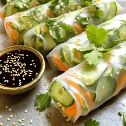 - 4 rice paper wrappers - 1 medium cucumber, julienned - 1 large ripe avocado, sliced - 1 cup shredded carrots - 1/2 cup fresh cilantro leaves - 1/2 cup fresh mint leaves - 1/4 cup hoisin sauce (for dipping) - 1 tablespoon sesame seeds (optional) The ingredients for cucumber avocado summer rolls are fresh and light. You want to choose high-quality, ripe produce. For the cucumber, julienne it into thin strips. This shape adds crunch and makes it easy to roll. The avocado must be ripe but not overripe. It should yield to gentle pressure but still hold its shape. Shredded carrots add sweetness and color. Fresh cilantro and mint bring bright flavors. They also make the rolls more aromatic. Hoisin sauce serves as a perfect dip, giving a sweet and savory balance. Lastly, sesame seeds add a nice crunch if you choose to use them. - Caloric content: Approximately 100 calories per roll - Macronutrient breakdown: - Carbohydrates: 15g - Fats: 4g - Proteins: 2g - Dietary information: Vegan, gluten-free These summer rolls are a healthy choice. They provide a good balance of carbs, fats, and proteins. The rolls are packed with nutrients from fresh vegetables. Plus, they are low in calories, making them a great snack. They fit well into a vegan or gluten-free diet. Enjoy them as a refreshing treat on warm days. For the complete recipe, check out the full recipe. To start, you need warm water. Take a shallow dish and fill it with warm water. This water helps to soften the rice paper wrappers. Soaking the wrappers makes them easy to roll. - Soaking technique: Dip one rice paper wrapper into the warm water for about 10-15 seconds. Watch for it to soften. - Importance of softness: A soft wrapper rolls better and holds the filling. If it’s too hard, it will tear. Now it's time to layer your ingredients. This step is key for great flavor and looks. - Layering ingredients correctly: Place the softened wrapper on a flat surface. In the center, add julienned cucumber, a slice of avocado, shredded carrots, and fresh herbs. - Tips for even distribution: Spread the ingredients out evenly. This helps each bite taste balanced and fresh. Rolling requires a bit of practice, but it's easy once you get the hang of it. - Step-by-step rolling method: Fold the sides of the wrapper over the filling. Then, from the bottom edge, roll tightly but gently. Keep the filling snug inside. - Common mistakes to avoid: Don’t roll too loosely. This can cause the filling to fall out. Also, avoid overstuffing, as this can lead to tearing. Follow these steps for perfect cucumber avocado summer rolls. Enjoy the fun of making these refreshing bites at home! You can find the full recipe above. - Choosing ripe avocados: Look for avocados that yield slightly when pressed. They should feel soft but not mushy. A dark green color often means they are ripe. Avoid any with large dark spots or wrinkles. - Selecting the freshest herbs: Choose herbs that are vibrant and fragrant. Fresh mint should feel crisp and green. Cilantro should have no yellow leaves or wilting. These herbs add bright flavors to your rolls. - Techniques for tight rolling: Start by placing your filling in the center of the wrapper. Fold the sides over first, then roll from the bottom. Keep the roll tight as you go to prevent gaps. - How to prevent tearing: Soak the rice paper just until it’s soft. If you soak it too long, it can tear easily. Use a clean surface to roll, and avoid overstuffing your rolls. - Pairing sauces and dips: Hoisin sauce works great with these rolls. You can also try peanut sauce or a spicy chili sauce for a kick. These add extra flavor that complements the fresh ingredients. - Plating ideas for presentation: Arrange the rolls on a large platter. You can slice them in half to show the colorful filling inside. Add a small bowl of dipping sauce in the center for a nice touch. Enjoy making these Cucumber Avocado Summer Rolls and don't forget to check the Full Recipe for more details! {{image_4}} You can add proteins to your cucumber avocado summer rolls for a heartier meal. Popular choices include shrimp and tofu. - Shrimp: Use cooked shrimp. You can boil or sauté them quickly. - Tofu: Use firm tofu. Press it to remove moisture, then cube and sauté until golden. Adjust cooking times based on the protein you choose. Shrimp cooks fast, while tofu may take longer to get crispy. Enhancing flavor can make your rolls exciting. You can add different herbs and spices. - Herbs: Try basil or dill for a twist. - Spices: Add a pinch of chili flakes for a kick. You can also switch up your dipping sauces. Instead of hoisin, try peanut sauce or sweet chili sauce. Each brings a new taste. Dietary needs matter when making summer rolls. You can find gluten-free options for the wrappers. - Gluten-Free Wrappers: Look for rice paper or other gluten-free brands. You might want to adjust calories too. Consider using less avocado or replacing it with cucumber for fewer calories. Enjoy these rolls your way! For the full recipe, check out the Cucumber Avocado Summer Rolls. To keep your cucumber avocado summer rolls fresh, store them in the fridge. Use a sealed container to prevent them from drying out. You can also place a damp paper towel in the container to help maintain moisture. This method keeps them crisp and tasty. Fresh summer rolls last about 1 to 2 days in the fridge. Always check for signs of spoilage. If the rice paper feels sticky or the veggies look wilted, it’s best to toss them. Fresh ingredients are key for the best taste. You should not reheat summer rolls, as they are meant to be served cold. Instead, enjoy them straight from the fridge. If they lose some texture, try dipping them in sauce. This can help revive their flavor and make them more enjoyable. You can find the Full Recipe for cucumber avocado summer rolls above to make this refreshing dish! To know when the rice paper is ready, look for these signs of perfect softness: - It should feel soft and pliable. - It must not be sticky to the touch. - A slight bend without breaking shows it's ready. When you dip the rice paper in warm water, it will start to soften after about 10 to 15 seconds. If it feels firm, give it a few more seconds. Don't soak it too long, or it may tear. Yes, you can make summer rolls ahead of time. Here are some storage options for pre-made rolls: - Wrap each roll in plastic wrap to keep them fresh. - Store them in an airtight container in the fridge. - Place a damp paper towel with the rolls to maintain moisture. Keep in mind that pre-made rolls are best eaten within a day. They may lose some crispness if stored too long. If you're looking for alternatives to avocado, consider these options for creaminess: - Use hummus for a smooth texture. - Mashed banana can add creaminess and sweetness. - Silken tofu works well for a mild flavor. These substitutes can help you enjoy the same delightful texture without avocado. Each choice brings its unique twist to the rolls. You learned how to make fresh summer rolls with simple ingredients. We covered key tips for prepping and rolling. I shared ideas for variations, storage, and serving. Remember, fresh veggies and herbs make a big difference. Use smart techniques to avoid common mistakes. Enjoy experimenting with flavors and fillings. With practice, you’ll master this fun dish. Now, get rolling and impress others with your tasty creations!