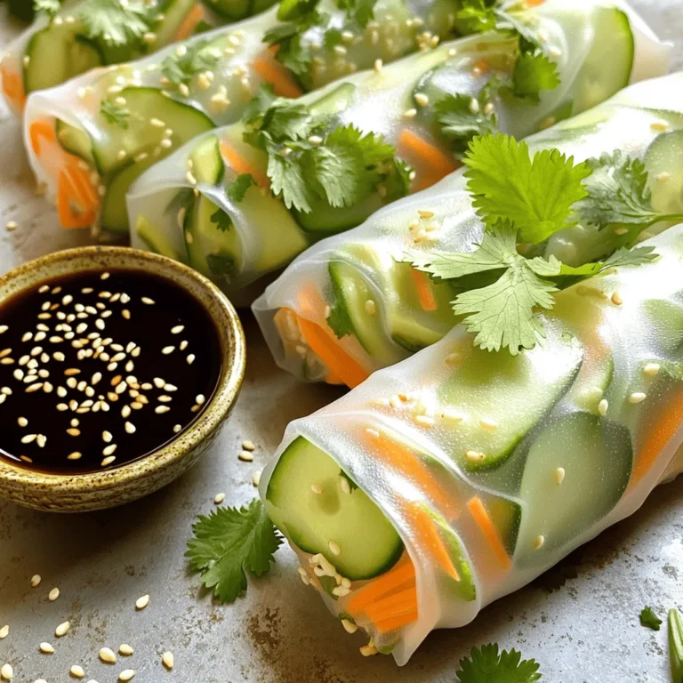 - 4 rice paper wrappers - 1 medium cucumber, julienned - 1 large ripe avocado, sliced - 1 cup shredded carrots - 1/2 cup fresh cilantro leaves - 1/2 cup fresh mint leaves - 1/4 cup hoisin sauce (for dipping) - 1 tablespoon sesame seeds (optional) The ingredients for cucumber avocado summer rolls are fresh and light. You want to choose high-quality, ripe produce. For the cucumber, julienne it into thin strips. This shape adds crunch and makes it easy to roll. The avocado must be ripe but not overripe. It should yield to gentle pressure but still hold its shape. Shredded carrots add sweetness and color. Fresh cilantro and mint bring bright flavors. They also make the rolls more aromatic. Hoisin sauce serves as a perfect dip, giving a sweet and savory balance. Lastly, sesame seeds add a nice crunch if you choose to use them. - Caloric content: Approximately 100 calories per roll - Macronutrient breakdown: - Carbohydrates: 15g - Fats: 4g - Proteins: 2g - Dietary information: Vegan, gluten-free These summer rolls are a healthy choice. They provide a good balance of carbs, fats, and proteins. The rolls are packed with nutrients from fresh vegetables. Plus, they are low in calories, making them a great snack. They fit well into a vegan or gluten-free diet. Enjoy them as a refreshing treat on warm days. For the complete recipe, check out the full recipe. To start, you need warm water. Take a shallow dish and fill it with warm water. This water helps to soften the rice paper wrappers. Soaking the wrappers makes them easy to roll. - Soaking technique: Dip one rice paper wrapper into the warm water for about 10-15 seconds. Watch for it to soften. - Importance of softness: A soft wrapper rolls better and holds the filling. If it’s too hard, it will tear. Now it's time to layer your ingredients. This step is key for great flavor and looks. - Layering ingredients correctly: Place the softened wrapper on a flat surface. In the center, add julienned cucumber, a slice of avocado, shredded carrots, and fresh herbs. - Tips for even distribution: Spread the ingredients out evenly. This helps each bite taste balanced and fresh. Rolling requires a bit of practice, but it's easy once you get the hang of it. - Step-by-step rolling method: Fold the sides of the wrapper over the filling. Then, from the bottom edge, roll tightly but gently. Keep the filling snug inside. - Common mistakes to avoid: Don’t roll too loosely. This can cause the filling to fall out. Also, avoid overstuffing, as this can lead to tearing. Follow these steps for perfect cucumber avocado summer rolls. Enjoy the fun of making these refreshing bites at home! You can find the full recipe above. - Choosing ripe avocados: Look for avocados that yield slightly when pressed. They should feel soft but not mushy. A dark green color often means they are ripe. Avoid any with large dark spots or wrinkles. - Selecting the freshest herbs: Choose herbs that are vibrant and fragrant. Fresh mint should feel crisp and green. Cilantro should have no yellow leaves or wilting. These herbs add bright flavors to your rolls. - Techniques for tight rolling: Start by placing your filling in the center of the wrapper. Fold the sides over first, then roll from the bottom. Keep the roll tight as you go to prevent gaps. - How to prevent tearing: Soak the rice paper just until it’s soft. If you soak it too long, it can tear easily. Use a clean surface to roll, and avoid overstuffing your rolls. - Pairing sauces and dips: Hoisin sauce works great with these rolls. You can also try peanut sauce or a spicy chili sauce for a kick. These add extra flavor that complements the fresh ingredients. - Plating ideas for presentation: Arrange the rolls on a large platter. You can slice them in half to show the colorful filling inside. Add a small bowl of dipping sauce in the center for a nice touch. Enjoy making these Cucumber Avocado Summer Rolls and don't forget to check the Full Recipe for more details! {{image_4}} You can add proteins to your cucumber avocado summer rolls for a heartier meal. Popular choices include shrimp and tofu. - Shrimp: Use cooked shrimp. You can boil or sauté them quickly. - Tofu: Use firm tofu. Press it to remove moisture, then cube and sauté until golden. Adjust cooking times based on the protein you choose. Shrimp cooks fast, while tofu may take longer to get crispy. Enhancing flavor can make your rolls exciting. You can add different herbs and spices. - Herbs: Try basil or dill for a twist. - Spices: Add a pinch of chili flakes for a kick. You can also switch up your dipping sauces. Instead of hoisin, try peanut sauce or sweet chili sauce. Each brings a new taste. Dietary needs matter when making summer rolls. You can find gluten-free options for the wrappers. - Gluten-Free Wrappers: Look for rice paper or other gluten-free brands. You might want to adjust calories too. Consider using less avocado or replacing it with cucumber for fewer calories. Enjoy these rolls your way! For the full recipe, check out the Cucumber Avocado Summer Rolls. To keep your cucumber avocado summer rolls fresh, store them in the fridge. Use a sealed container to prevent them from drying out. You can also place a damp paper towel in the container to help maintain moisture. This method keeps them crisp and tasty. Fresh summer rolls last about 1 to 2 days in the fridge. Always check for signs of spoilage. If the rice paper feels sticky or the veggies look wilted, it’s best to toss them. Fresh ingredients are key for the best taste. You should not reheat summer rolls, as they are meant to be served cold. Instead, enjoy them straight from the fridge. If they lose some texture, try dipping them in sauce. This can help revive their flavor and make them more enjoyable. You can find the Full Recipe for cucumber avocado summer rolls above to make this refreshing dish! To know when the rice paper is ready, look for these signs of perfect softness: - It should feel soft and pliable. - It must not be sticky to the touch. - A slight bend without breaking shows it's ready. When you dip the rice paper in warm water, it will start to soften after about 10 to 15 seconds. If it feels firm, give it a few more seconds. Don't soak it too long, or it may tear. Yes, you can make summer rolls ahead of time. Here are some storage options for pre-made rolls: - Wrap each roll in plastic wrap to keep them fresh. - Store them in an airtight container in the fridge. - Place a damp paper towel with the rolls to maintain moisture. Keep in mind that pre-made rolls are best eaten within a day. They may lose some crispness if stored too long. If you're looking for alternatives to avocado, consider these options for creaminess: - Use hummus for a smooth texture. - Mashed banana can add creaminess and sweetness. - Silken tofu works well for a mild flavor. These substitutes can help you enjoy the same delightful texture without avocado. Each choice brings its unique twist to the rolls. You learned how to make fresh summer rolls with simple ingredients. We covered key tips for prepping and rolling. I shared ideas for variations, storage, and serving. Remember, fresh veggies and herbs make a big difference. Use smart techniques to avoid common mistakes. Enjoy experimenting with flavors and fillings. With practice, you’ll master this fun dish. Now, get rolling and impress others with your tasty creations!