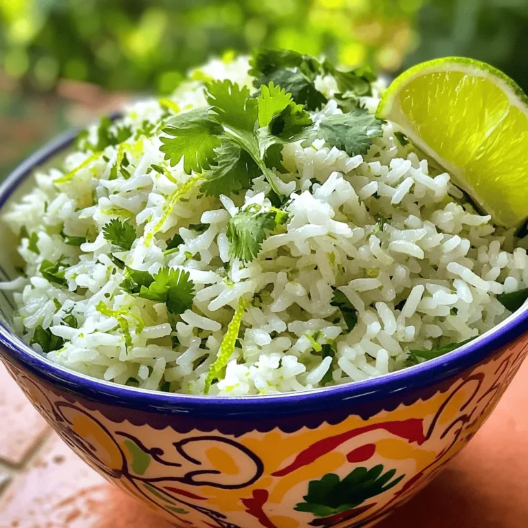- 1 cup jasmine rice, well rinsed - 2 cups vegetable broth - 1 tablespoon high-quality olive oil - 1 clove garlic, finely minced - Zest of 1 lime - 2 tablespoons freshly squeezed lime juice - 1/2 teaspoon ground cumin - 1/4 cup fresh cilantro, finely chopped - Salt and freshly ground black pepper to taste - Additional herbs (like parsley or basil) - Spices (like chili powder or paprika) - Vegetables (like bell peppers or corn) The right ingredients make all the difference in cilantro lime rice. Jasmine rice is my go-to. It cooks up fluffy and has a nice aroma. Rinse it well to remove extra starch. This step helps keep the rice from getting too sticky. Using vegetable broth instead of water adds depth to the flavor. High-quality olive oil is essential. It gives a rich taste when you sauté the garlic. Fresh garlic brings a bright, bold flavor. Lime zest and lime juice are the stars of this dish. They deliver that zesty, fresh punch. Ground cumin adds warmth and a hint of earthiness. Fresh cilantro ties everything together. It adds color and a fresh note. Feel free to mix in optional add-ins. Extra herbs can enhance the taste. Spices like chili powder add a kick. Vegetables like bell peppers or corn can make it heartier. You can find the full recipe for more cooking details. 1. Heating olive oil and sautéing garlic: Start by heating 1 tablespoon of olive oil in a medium pot over medium heat. Once it’s warm, add 1 clove of minced garlic. Sauté the garlic for about 30 seconds. It should smell great and turn a light golden color. 2. Toasting jasmine rice: Next, add 1 cup of rinsed jasmine rice to the pot. Stir the rice well, letting it toast for about 1 minute. This step brings out a nutty flavor. 3. Adding vegetable broth and spices: Pour in 2 cups of vegetable broth. Add 1/2 teaspoon of ground cumin and stir everything together. This spice adds depth to the rice. 1. Bringing the mixture to a boil: Turn up the heat and let the mixture come to a vigorous boil. This step is key for cooking the rice properly. 2. Reducing heat to simmer: Once it boils, lower the heat to a gentle simmer. Cover the pot with a lid. This helps the rice cook evenly. 3. Covering the pot and cooking time: Let the rice simmer for about 15 minutes. It should absorb all the liquid and become tender. After 15 minutes, remove the pot from the heat but keep it covered for another 5 minutes. This extra time helps the rice steam. 1. Fluffing the rice with a fork: After resting, take a fork and fluff the rice gently. This helps separate the grains and makes it light. 2. Incorporating lime and cilantro: Now it’s time to mix in the zest of 1 lime, 2 tablespoons of fresh lime juice, and 1/4 cup of finely chopped cilantro. Stir everything well to combine. 3. Seasoning to taste: Finally, taste the rice and add salt and freshly ground black pepper as needed. This step enhances the flavors and makes the dish truly pop. You can enjoy this cilantro lime rice warm as a side or as a base for your favorite dishes. For the complete recipe, check out the [Full Recipe]. Rinsing your rice is key. It removes excess starch. This helps the rice stay fluffy. Rinse in cold water until the water runs clear. This simple step makes a big difference. The water-to-rice ratio is also important. For jasmine rice, use two cups of water for every cup of rice. This keeps the rice moist but not soggy. Measure carefully for the best results. Adding lime zest can boost flavor. You can add it at different times. Try mixing it in before cooking for a deep zest. You can also add it after cooking for a fresh pop. Adjust it to your taste. Balancing flavors is important too. Start with a pinch of salt. Add pepper to enhance the taste. Taste as you go, and tweak it until it feels just right. Use vibrant serving dishes to show off your rice. A colorful bowl makes your dish pop. It also adds to the meal's appeal. Garnish your rice for a final touch. Add extra cilantro on top for color and flavor. A few lime wedges on the side look great too. This makes your plate look fresh and inviting. For a full recipe, check out the Cilantro Lime Rice Fiesta. {{image_4}} You can use different rice types for cilantro lime rice. Brown rice adds a nutty taste and more fiber. Quinoa is a great gluten-free option. It cooks quickly and is full of protein. Jasmine rice gives a fragrant aroma and a soft texture. Mixing rice types can create fun flavors and textures. Adding protein makes this dish heartier. You can mix in cooked beans for a vegetarian option. Black beans or pinto beans work well and boost nutrition. If you prefer meat, shredded chicken adds richness. Cooked shrimp or fish also pair nicely. Choose proteins that match your meal style. You can play with flavors by adding herbs or spices. Try fresh parsley or dill for a new twist. A dash of chili powder can give a spicy kick. Adjust the lime juice to change the acidity level. More lime juice makes the dish brighter. Less lime gives a more mellow taste. Experimenting can lead to exciting new flavors! For the complete recipe, check out the [Full Recipe]. To keep cilantro lime rice fresh, place it in the fridge. Use an airtight container for the best results. This helps prevent odors and keeps the rice tasty. You can store it for about 3 to 5 days in the refrigerator. To freeze cilantro lime rice, let it cool first. Then, scoop portions into freezer bags or containers. Make sure to remove as much air as possible before sealing. This helps avoid freezer burn. When you want to eat it, take it out and let it thaw in the fridge overnight. Reheat it in a pot over low heat, stirring in a splash of water if needed. Cilantro lime rice stays fresh for about a week in the fridge. If frozen, it can last up to 2 months. Watch for signs of spoilage. If the rice has a sour smell or shows any mold, it’s best to throw it away. Always trust your nose and eyes for food safety. For the full recipe, check out the [Full Recipe]. Cilantro lime rice tastes fresh due to the bright flavors of lime and cilantro. Lime adds a zesty punch. It brightens the rice, making each bite lively. Cilantro brings a fresh, herbaceous note. Together, they create a tasty balance. The acidity of lime cuts through richness, making it a great side dish. Yes, you can make cilantro lime rice ahead of time. Cook the rice and let it cool completely. Store it in an airtight container in the fridge. It will stay fresh for up to three days. When you are ready to serve, reheat it in a pot with a splash of water. This will help it steam back to fluffy perfection. Cilantro lime rice pairs well with many dishes. It complements grilled chicken or fish nicely. Tacos and fajitas also work great. For a vegetarian option, serve it with black beans or grilled veggies. You can even use it as a bed for stir-fried proteins. This rice adds flavor and color to any meal. To make cilantro lime rice gluten-free, use vegetable broth that is labeled gluten-free. For a vegan option, this recipe is already vegan-friendly. You can also skip the oil for a lighter version. Consider adding a bit of coconut milk for a creamy touch. This keeps the dish flavorful while catering to dietary needs. For more details, check the Full Recipe. Cilantro lime rice is a fresh and tasty dish. This blog covered key ingredients, simple steps, and tips to improve texture and flavor. You can customize it with proteins or different rice. Storing leftovers helps maintain freshness. Remember to check for spoilage. With this guide, you can create a delicious side that fits any meal. Enjoy making and sharing your new recipe!