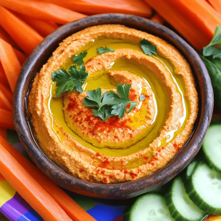 - 1 cup canned chickpeas, thoroughly drained and rinsed - 1 medium roasted red pepper (you may use jarred or homemade) - 2 tablespoons tahini - 2 tablespoons freshly squeezed lemon juice - 1 clove garlic, finely minced - 2 tablespoons extra virgin olive oil - Fresh parsley, finely chopped - Smoked paprika - Sea salt Roasted red pepper hummus is simple yet full of flavor. You will need chickpeas, which give the hummus its creamy base. Roasted red pepper adds a sweet and smoky taste. Tahini brings a nutty flavor and richness. Next, gather fresh lemon juice for a bright kick. Garlic adds depth, while olive oil makes it smooth. You can adjust the salt to your taste. For garnishes, fresh parsley brightens the dish. Smoked paprika adds a touch of warmth. A sprinkle of sea salt enhances all the flavors. If you want to see the full recipe, click on [Full Recipe]. Enjoy creating this delightful dish! Option 1: Over an Open Flame To roast a red pepper over an open flame, hold it directly over the flame on your gas stove. Keep turning it until the skin is blackened all around. This should take about 10 minutes. Once charred, put the pepper in a plastic bag and seal it. Let it sit for about 10 minutes. This helps to loosen the skin for easy peeling. Option 2: In the Oven If you prefer using the oven, preheat it to 450°F (230°C). Place your red pepper on a baking sheet. Roast it for 20 to 25 minutes, turning it halfway through. The skin should be deeply charred. After roasting, follow the same method as above by sealing it in a bag. Combining Ingredients in the Food Processor Once your red pepper is roasted and peeled, it's time to blend the hummus. In your food processor, add the following: - 1 cup canned chickpeas, thoroughly drained and rinsed - 1 medium roasted red pepper - 2 tablespoons tahini - 2 tablespoons freshly squeezed lemon juice - 1 clove garlic, finely minced - 2 tablespoons extra virgin olive oil - 1/2 teaspoon ground cumin Blend these ingredients until smooth. You may need to stop and scrape down the sides a few times. Achieving a Smooth Consistency Keep blending until the mixture is creamy and well combined. If it seems too thick, don't worry. You can add water a little at a time to help it blend smoothly. Adding Water for Creaminess If your hummus is thick, add a tablespoon of water at a time. Blend well after each addition. Keep doing this until you reach your desired creaminess. Seasoning to Taste After blending, taste your hummus. Add sea salt or a bit more lemon juice if needed. Adjust it to fit your taste. Each person has their own preference, so make it just right for you. This simple process will lead you to a flavorful Roasted Red Pepper Hummus that everyone will love. For the complete steps, check out the Full Recipe. - Scraping Down the Bowl: When you blend your ingredients, stop occasionally. Use a spatula to scrape down the sides of the bowl. This ensures everything mixes well. It helps create a smooth texture. I often find that this step makes a big difference in the final result. - Tasting and Adjusting Flavors: Taste your hummus before serving. You may want to adjust the flavors. Add more salt or lemon juice if needed. Trust your taste buds. They guide you to the perfect balance. I recommend starting with small amounts, then adjusting as you go. - Pairing with Dippers: Serve your hummus with a variety of dippers. Pita bread, carrot sticks, and cucumber slices work well. The crunchiness of the veggies contrasts nicely with the creamy hummus. You can even use crackers for a fun twist! - Presentation Ideas: A colorful platter always impresses. Arrange your dippers around the hummus. Drizzle olive oil on top for a rich look. Sprinkle chopped parsley and smoked paprika for color. This makes your dish not just tasty but visually appealing too. - Nutritional Advantages: Roasted red pepper hummus is packed with nutrients. Chickpeas provide protein and fiber. Red peppers are rich in vitamins A and C. Together, they create a healthy snack option. - Why It's a Healthy Snack: Unlike many dips, hummus is low in unhealthy fats. It offers a good source of energy without the extra calories. This makes it a smart choice for any diet. Enjoy it guilt-free! {{image_4}} To make your roasted red pepper hummus even better, try adding herbs or spices. Fresh herbs like basil or cilantro give a bright taste. You can also add spices like cayenne for heat or smoked paprika for depth. Mixing in other vegetables can also change the flavor. Consider blending in spinach, sun-dried tomatoes, or even beets. Each addition brings a new twist to the classic recipe. If you want a vegan-friendly dish, this hummus is perfect. It contains no animal products. Just ensure your tahini is pure and vegan. For those needing gluten-free options, this hummus is a great choice. Serve it with gluten-free crackers or veggie sticks for a tasty snack. Roasted red pepper hummus pairs well with many foods. It goes great with pita bread, chips, or fresh veggies like carrots and cucumbers. You can also add it to wraps or sandwiches for extra flavor. When it comes to drinks, try serving it with a light white wine or sparkling water. These options complement the hummus and enhance the meal. This recipe is simple, yet it opens the door to endless possibilities. For the full recipe, check out Roasted Red Pepper Hummus Delight. To keep your roasted red pepper hummus fresh, store it in an airtight container. Place it in the fridge. This helps maintain its rich flavor and creamy texture. Duration of Freshness Homemade hummus stays fresh for about five to seven days. Always check for any signs of spoilage before eating. If you want to save some for later, you can freeze hummus. Use a freezer-safe container or bag to store it. Leave some space for expansion as it freezes. Freezing Hummus for Future Use Hummus can last up to three months in the freezer. Make sure to label your container with the date. Thawing Tips When you’re ready to enjoy frozen hummus, move it to the fridge overnight. This helps it thaw slowly and keeps the texture nice. Sometimes, hummus can dry out in the fridge. If this happens, don’t worry! Adding Moisture You can add a bit of water or olive oil to bring it back to life. Start with a teaspoon, then blend until smooth. Enhancing Flavor Taste your hummus after adding moisture. You may want to add a little more salt or lemon juice for added flavor. This makes it taste fresh again! For the full recipe, check out Roasted Red Pepper Hummus Delight 🥙. Roasted red pepper hummus is a creamy dip made from blended chickpeas and roasted red peppers. It has a smooth texture and a rich, smoky flavor. The roasted peppers add a sweet and tangy taste that makes this hummus unique. It’s perfect as a snack or appetizer. Yes, you can use canned chickpeas. They save time and are already cooked. Just drain and rinse them well before using. This makes your hummus quick and easy to prepare. Homemade hummus lasts about 4 to 7 days in the fridge. Store it in an airtight container to keep it fresh. If you notice any off smells or changes in texture, it's best to discard it. If you don’t have tahini, try using sunflower seed butter or Greek yogurt. These options add creaminess and flavor. You can also skip it altogether, but it may change the taste slightly. Yes, roasted red pepper hummus is a healthy choice. It is packed with protein and fiber from chickpeas. The olive oil and peppers provide healthy fats and vitamins. It's a nutritious snack that can fit into many diets. You can find store-bought roasted red pepper hummus in most grocery stores. Look in the deli or refrigerated section. Many brands offer this flavor, so you can easily find one you like. - Roasted Red Pepper Hummus Delight 🥙 Roasted red pepper hummus is easy to make and delicious. You need chickpeas, tahini, and roasted red pepper to start. Add fresh lemon juice and garlic for flavor. Roast peppers over a flame or in the oven, then blend. Adjust the taste to your liking for the best results. Consider trying different herbs or vegetables for unique flavors. Enjoy it with dippers or as a healthy snack. Store leftovers safely, and don’t forget to revive any old hummus with a splash of water. This dish is a great way to enjoy healthy eating!