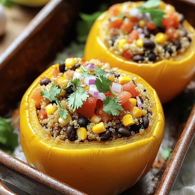 - 4 large bell peppers (any color) - 1 cup quinoa, thoroughly rinsed - 2 cups vegetable broth - 1 can (15 oz) black beans, drained and rinsed - 1 cup corn (can be fresh, frozen, or canned) - 1 cup diced tomatoes (canned or fresh) - 1 small red onion, finely chopped - 2 cloves garlic, minced - 1 teaspoon ground cumin - 1 teaspoon smoked paprika - Salt and pepper to taste When I make Vegan Stuffed Bell Peppers, I focus on freshness and flavor. Each ingredient plays a vital role in creating a tasty dish. The bell peppers are the star. They add color and sweetness to each bite. I love using a mix of colors—red, yellow, and green. It makes the dish pop! Quinoa is my go-to grain. It cooks easily and adds a nice texture. It is also packed with protein, making this meal filling and healthy. Next, I add black beans. They provide protein and fiber. You can use canned beans to save time. Just make sure to rinse them well. Corn is another favorite. I like the sweetness it brings. Fresh corn is great, but frozen corn works well too. Diced tomatoes add moisture and flavor. You can use fresh tomatoes or canned ones, depending on what you have. Now for the spices! Red onion and garlic give depth. Ground cumin and smoked paprika add warmth. I always taste and adjust with salt and pepper. This mix of ingredients makes each stuffed pepper a delight. If you want to see how to make this dish, check out the Full Recipe. To start, you need to cut the bell peppers. Take each bell pepper and slice off the top. Remove the seeds and inner membranes. Make sure to leave the bottom intact. This step helps the peppers hold in the filling. Place the peppers upright in a baking dish, so they stand securely. Next, let’s cook the quinoa. Rinse one cup of quinoa under cold water. In a medium saucepan, heat two cups of vegetable broth. Add the rinsed quinoa to the broth. Bring the mixture to a boil, then lower the heat to a simmer. Cover the saucepan and cook for about 15 minutes. The quinoa should become tender and absorb all the liquid. Now, it’s time to mix the filling. In a large bowl, combine the cooked quinoa, one can of drained black beans, one cup of corn, and one cup of diced tomatoes. Add ground cumin, smoked paprika, salt, and pepper to taste. Use a spatula to mix everything well. Ensure all ingredients are evenly combined. To stuff the peppers, take the quinoa mixture and carefully fill each bell pepper. Press gently to pack the filling inside. Once filled, cover the baking dish with aluminum foil. Place it in the preheated oven at 375°F (190°C). Bake for 30 minutes, then remove the foil. Continue baking for another 10 to 15 minutes. The peppers should be tender and slightly roasted. After baking, let them cool for a few moments. Before serving, add some chopped cilantro or parsley for a fresh touch. For the complete recipe, check out [Full Recipe]. To make your stuffed peppers burst with flavor, consider adding extra spices. Here are some ideas: - Chili powder: Adds heat and depth. - Oregano: Gives a nice herbal touch. - Lime juice: Brightens the dish with acidity. - Nutritional yeast: Adds a cheesy, savory flavor. Feel free to mix and match these spices to find what you love best. For tender yet firm peppers, follow these tips: - Choose large, ripe peppers. They cook evenly and hold their shape. - Blanch the peppers in boiling water for 5 minutes before stuffing. This softens them slightly. - Bake covered for part of the time, then uncover to roast. This keeps them juicy. A perfect texture makes each bite enjoyable. Pair your vegan stuffed peppers with tasty sides for a complete meal. Here are some ideas: - Quinoa salad: A light, fresh side that complements the peppers. - Guacamole: Creamy and rich, it adds a nice contrast. - Salsa: A zesty topping brings extra flavor and freshness. Serve the peppers on a vibrant platter, drizzled with olive oil and a wedge of lime for an eye-catching presentation. Check out the Full Recipe for more details! {{image_4}} You can switch the quinoa for other grains. Brown rice works well and adds fiber. Couscous is another great choice and cooks quickly. Use farro for a nutty taste. Each grain brings its unique texture and flavor. To boost protein, add lentils or chickpeas to your filling. Tofu crumbles also provide a great option. Tempeh gives a firm texture and rich taste. You can mix in nuts or seeds for crunch and extra nutrients. These additions make your meal more satisfying. You can explore different cuisines by changing the spices and ingredients. For a Mexican twist, add jalapeños and top with avocado. If you want a Mediterranean feel, use olives and feta-style vegan cheese. Each variation brings a new taste to your dish. To keep your Vegan Stuffed Bell Peppers fresh, place them in an airtight container. This method locks in moisture and flavor. Store them in the fridge for up to four days. If you want to enjoy them later, make sure they cool down first before sealing. This way, you avoid condensation inside the container. Freezing is a great option for longer storage. First, let the stuffed peppers cool completely. Next, wrap each pepper in plastic wrap or aluminum foil. Then, place them in a freezer-safe bag or container. This method protects them from freezer burn. You can freeze them for up to three months. When ready to eat, thaw them in the fridge overnight. Reheat in the oven at 350°F (175°C) until warmed through, about 20-25 minutes. Vegan Stuffed Bell Peppers stay good in the fridge for about four days. If frozen, they last for about three months. It’s best to label your containers with the date. This way, you can keep track of freshness. Always check for any signs of spoilage before consuming. To make Vegan Stuffed Bell Peppers gluten-free, you can use specific substitutes. Here are some options: - Replace quinoa with gluten-free grains like brown rice or millet. - Use gluten-free vegetable broth. - Ensure your canned beans and corn are certified gluten-free. These swaps keep the dish tasty and safe for those avoiding gluten. Yes, you can prepare these stuffed peppers ahead of time. Here’s how: - You can stuff the peppers a day before and store them in the fridge. - Cover the dish tightly with plastic wrap or foil. - When ready to cook, just bake them directly from the fridge, adding a few extra minutes to the cooking time. This makes meal prep easy and saves time on busy days. Toppings can add fun and flavor to your stuffed peppers. Here are some great vegan options: - Avocado slices or guacamole for creaminess. - A sprinkle of nutritional yeast for a cheesy flavor. - Fresh herbs like cilantro or parsley for brightness. - Salsa or hot sauce for a spicy kick. Feel free to mix and match these toppings to suit your taste! Vegan stuffed bell peppers are easy to make and fun to enjoy. You learned the key ingredients, how to prep, cook, and bake them. I also shared tips for better flavor and texture. You can try different grains and add protein for variety. Storing leftovers is straightforward. This dish is versatile, healthy, and perfect for any meal. Enjoy creating your unique version!