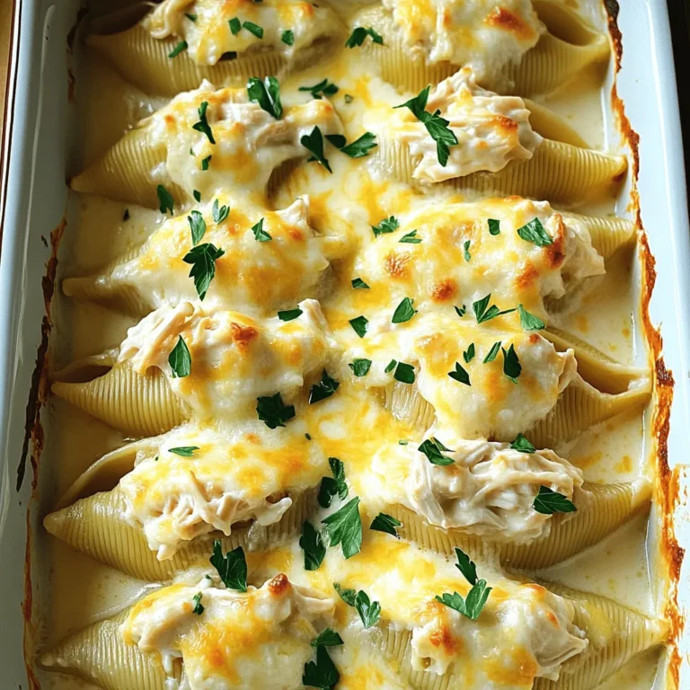 - Large pasta shells - Cooked chicken, shredded - Ricotta cheese To create the heart of this dish, we focus on three main ingredients. First, choose large pasta shells that hold the filling well. You need about 12 of these. Next, use cooked chicken, shredded into bite-sized pieces, for flavor and texture. I find that 2 cups works best. Finally, ricotta cheese adds creaminess and richness to the mix. One cup of ricotta will do. - Mozzarella cheese - Grated Parmesan cheese Cheese makes this dish special. I use mozzarella cheese for a gooey, melty texture. One cup of shredded mozzarella is perfect, plus a bit more for topping. Grated Parmesan cheese adds a sharp flavor. A half cup of Parmesan will elevate your stuffed shells. - Garlic powder and onion powder - Alfredo sauce (store-bought or homemade) - Salt, pepper, and parsley Seasonings bring everything together. I add garlic powder and onion powder for depth of flavor. One teaspoon of each does the trick. You can use store-bought or homemade Alfredo sauce, about 2 cups in total. Finally, season with salt and pepper to taste, and add chopped parsley for garnish. This will brighten the dish and make it look appealing. For the complete recipe, you can refer to the Full Recipe section. First, bring a large pot of salted water to a boil. This step is key for flavor. Once boiling, add the large pasta shells. Cook them for about 10 to 12 minutes. You want them al dente, so check the package for specific times. Drain the shells gently once cooked. Set them aside to cool while you prepare the filling. In a mixing bowl, combine the shredded chicken and all the cheeses. Use ricotta, mozzarella, and Parmesan in your mix. Then, add the garlic powder, onion powder, and a little salt and pepper. Stir this mixture well. You want it creamy and smooth. Make sure every bite holds a burst of flavor. Now comes the fun part—filling the pasta shells! Use a spoon to fill each shell with the chicken and cheese mixture. Don’t overfill; just a generous scoop will do. Place the filled shells in a 9x13 inch baking dish. Pour one cup of Alfredo sauce evenly over the bottom to keep the shells from sticking. Arrange the shells with the open side facing up. Pour the rest of the Alfredo sauce over them. Make sure every shell is covered; this keeps them moist. Finally, sprinkle the extra mozzarella on top. Cover the dish with aluminum foil to keep moisture in. Bake it in the preheated oven at 375°F for 25 minutes. After that, remove the foil and let it bake for another 10 minutes. You want the cheese to be bubbly and golden. Once done, let it rest for about 5 minutes. This helps the flavors settle. For a pop of color, sprinkle some fresh parsley on top before serving. For the full recipe, check the detailed instructions provided earlier. To make Chicken Alfredo Stuffed Shells shine, avoid overfilling them. If you pack too much filling, they can break. You want a nice balance, so each bite is creamy and rich. After baking, let the shells rest for about five minutes. This helps the flavors blend and makes them easier to serve. For an extra kick, add spices like Italian seasoning or crushed red pepper flakes. Fresh herbs like basil or oregano also work well. If you want more texture, try adding chopped spinach or diced bell peppers to the filling. These veggies add color and nutrition to your meal. Serve the stuffed shells on individual plates for a classy look. Drizzle some Alfredo sauce on top and sprinkle fresh parsley for color. You can also add a little extra cheese to make it even more appealing. A well-plated dish not only tastes better but also impresses your guests. For a fun twist, arrange the shells in a circle and garnish with cherry tomatoes. For the full recipe, check out the details shared above. {{image_4}} You can switch up the meat in your stuffed shells. Try ground turkey for a leaner option. Chicken is great, but beef can add a rich flavor. You can also use sausage for a spicy kick. If you're looking for vegetarian options, use mushrooms or spinach. Both add texture and taste. You can also try lentils or chickpeas for protein. These options cater to different diets and tastes. A homemade Alfredo sauce can elevate your dish. To make it, melt butter in a pan. Add minced garlic and cook until fragrant. Then, stir in heavy cream and grated Parmesan. Whisk until smooth and season with salt and pepper. You can also explore other sauces. For example, a marinara sauce can add a fresh twist. Pesto is another fun option, offering a burst of flavor. Each sauce can transform the dish into something new. While large pasta shells are classic, you can try other shapes. Manicotti or cannelloni work well, too. They hold the filling nicely, making for a great bite. If you want a gluten-free option, use rice or chickpea pasta. These alternatives ensure everyone can enjoy a tasty meal. No matter the shape, the filling will shine through. After enjoying your Chicken Alfredo Stuffed Shells, store the leftovers in the fridge. Put them in an airtight container. This keeps them fresh and tasty. They stay good for about 3 to 4 days. If you want them to last longer, consider freezing. To freeze your stuffed shells, let them cool first. Place them in a freezer-safe container or bag. Make sure to remove as much air as possible. This helps prevent freezer burn. You can freeze them for up to 3 months. When you’re ready to eat, thaw them overnight in the fridge before reheating. For reheating, I recommend the oven for the best texture. Preheat your oven to 350°F (175°C). Place the stuffed shells in a baking dish with a bit of Alfredo sauce. Cover with foil and heat for about 20-25 minutes. If you use a microwave, be careful. Heat in short bursts to avoid drying them out. Add a splash of sauce before microwaving to keep them moist. Chicken Alfredo stuffed shells last about 3 to 4 days in the fridge. To keep them fresh, store the shells in an airtight container. This helps prevent drying out and keeps the flavors intact. When reheating, make sure they are heated evenly. Yes, you can make Chicken Alfredo stuffed shells ahead of time. Here are some tips for preparing in advance: - Assemble and Chill: You can prepare the dish and store it in the fridge for up to 24 hours before baking. - Freezing: For longer storage, freeze the assembled shells without baking. Wrap them tightly in foil or plastic wrap. They can last up to 3 months in the freezer. - Baking from Frozen: If baking from frozen, add extra time to the cooking process. This ensures they cook through properly. Chicken Alfredo stuffed shells pair well with several side dishes. Here are some great options: - Garlic Bread: The warm, buttery flavor complements the creamy sauce. - Salad: A fresh green salad with a light vinaigrette adds a crisp contrast. - Steamed Vegetables: Broccoli or green beans bring extra color and nutrition to the meal. - Roasted Asparagus: This side offers a nice earthy flavor that balances the richness of the dish. For the full recipe, check out the detailed guide to make this delightful dinner at home! This guide covered making Chicken Alfredo Stuffed Shells from scratch. You learned about ingredients like pasta, chicken, and cheese. I shared steps for cooking, filling, and baking the shells. Tips helped add flavor and make your dish shine. We also explored variations for proteins and sauces to keep meals exciting. Remember, cooking is about creativity. Enjoy your cooking journey and share your tasty results!
