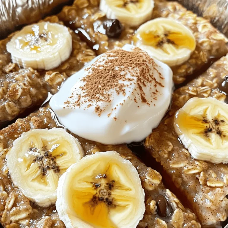 - 2 ripe bananas, thoroughly mashed - 2 cups rolled oats - 2 cups almond milk (or any milk of your preference) - 1/4 cup pure maple syrup (or honey) - 1/4 cup almond butter (or creamy peanut butter) - 1 teaspoon pure vanilla extract - 1 teaspoon baking powder - 1 teaspoon ground cinnamon - 1/2 teaspoon sea salt - 1/2 cup walnuts, coarsely chopped (optional) - 1/4 cup dark chocolate chips (optional) You can switch out almond milk for regular milk or oat milk. If you want a nut-free option, use sunflower seed butter instead of almond butter. You can also omit the walnuts and chocolate chips if you prefer a simpler taste. Maple syrup can be replaced with agave syrup if that’s what you have. Bananas give energy and potassium. They help with muscle function. Rolled oats are full of fiber. They keep you feeling full longer. Almond milk is low in calories and dairy-free. It’s great for those who are lactose intolerant. Maple syrup adds sweetness but has antioxidants too. Walnuts provide healthy fats and protein. If you add dark chocolate, it gives a tasty treat and has antioxidants. This recipe is tasty and has many health benefits! 1. Preheat the oven to 375°F (190°C). Grease an 8x8-inch baking dish with non-stick spray or a little oil. 2. Mash the bananas in a large bowl until smooth. 3. Add almond milk, maple syrup, almond butter, and vanilla to the bowl. Mix until smooth and combined. 4. In a separate bowl, whisk the rolled oats, baking powder, ground cinnamon, and sea salt. Make sure they are mixed well. 5. Combine wet and dry ingredients. Slowly mix the dry ingredients into the wet mixture. Stir gently to keep the texture nice. 6. If you like, fold in the walnuts and dark chocolate chips. This adds a nice crunch and flavor. 7. Pour the batter into the greased baking dish. Spread it evenly with a spatula. 1. Place the baking dish in your preheated oven. 2. Bake for 30-35 minutes. Watch for the top to turn golden brown. 3. Check for doneness by inserting a toothpick into the center. If it comes out clean or with a few moist crumbs, it's ready. - The top should be golden brown. - The edges will look set, not jiggly. - A toothpick inserted in the center should come out clean or with a few moist crumbs. - Let it cool for a few minutes before cutting into squares. Enjoy your tasty Banana Bread Baked Oatmeal! For the complete recipe, check out the [Full Recipe]. Store leftover banana bread baked oatmeal in an airtight container. Keep it in the fridge for up to five days. You can also slice it into squares for easy grabbing. If you want to keep it longer, freeze it. Wrap each slice tightly in plastic wrap and place them in a freezer bag. It can last for up to three months frozen. When you want to enjoy your baked oatmeal again, you have some easy options. You can reheat it in the microwave for about 30 seconds. If you prefer the oven, heat it at 350°F (175°C) for about 10 minutes. You can add a splash of milk to keep it moist while reheating. You can easily modify this recipe for different diets. For a gluten-free version, use certified gluten-free oats. If you need a nut-free option, you can replace almond milk with oat or soy milk. For a vegan twist, swap the honey for maple syrup and ensure your milk is plant-based. You can enjoy this dish no matter your dietary needs! For the full recipe, check the section above. {{image_4}} You can change the flavor of your Banana Bread Baked Oatmeal easily. Try adding a spoonful of peanut butter or almond butter for a richer taste. You can also mix in some dried fruits like raisins or cranberries. If you love spices, add a pinch of nutmeg or cardamom for a warm flavor. Another fun idea is to swirl in some cocoa powder for a chocolatey twist. Toppings can make this dish even better! I love to add a scoop of yogurt on top for creaminess. Drizzling extra maple syrup adds sweetness, too. You can sprinkle chopped nuts, like walnuts or pecans, for a nice crunch. Fresh fruit, such as banana slices or berries, also makes it look pretty. If you want a dessert vibe, top it with a few chocolate chips or a sprinkle of coconut flakes. This recipe works for many diets. To make it gluten-free, just use gluten-free oats. For a nut-free version, switch almond milk for oat milk or coconut milk. You can also replace almond butter with sunflower seed butter. These swaps help you enjoy this dish without worry. Just follow the [Full Recipe] to keep it simple! To keep your banana bread baked oatmeal fresh, store it in an airtight container. This method helps prevent moisture loss and keeps the flavors intact. Make sure it cools completely before sealing. For best results, keep it in the fridge if you plan to eat it within a few days. You can freeze banana bread baked oatmeal for longer storage. Cut it into squares and wrap each piece tightly in plastic wrap. Then, place the wrapped squares in a freezer bag or container. This way, you can grab a square whenever you want a quick snack. It stays fresh for about three months in the freezer. In the fridge, baked oatmeal lasts about 5 days. This makes it a great choice for meal prep! Just heat up a square in the microwave when you’re ready to enjoy it. It’s a delicious and healthy option for breakfast or a snack. Yes, you can make this dish ahead of time. Just prepare it the night before. Store it in the fridge covered. In the morning, you can bake it fresh. This lets the flavors mix well. To make this recipe vegan, simply use plant-based ingredients. Replace almond milk with a vegan milk, like oat or soy. Use maple syrup instead of honey. Almond butter is already vegan, so no changes needed there. If you do not have almond milk, use any milk you like. Soy milk, oat milk, or coconut milk work great. Each milk adds its own flavor but keeps the dish creamy. You can also use water in a pinch, but it may not be as rich. For the full recipe, check out the details above! This blog post covered how to make delicious Banana Bread Baked Oatmeal. We explored ingredients and their health benefits, along with substitution options. The step-by-step instructions made baking simple. I shared tips for storage and reheating, plus ideas for variations to fit different diets. In closing, you now have all the tools to enjoy this tasty treat. Get creative with flavors and toppings. Enjoy your yummy oatmeal!