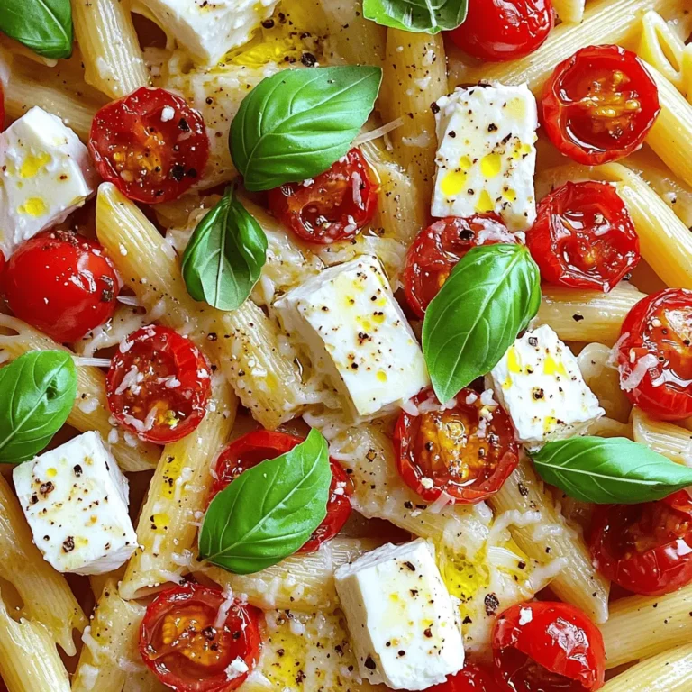 To make this dish, you need a few key ingredients. Here’s what you’ll need: - 200g pasta (penne or fusilli works best) - 200g block of feta cheese - 2 cups cherry tomatoes, halved - 4 cloves garlic, finely minced - 1/4 cup extra virgin olive oil - 1 teaspoon dried oregano - 1/2 teaspoon red pepper flakes (optional for heat) - Salt and freshly cracked black pepper to taste - Fresh basil leaves for garnish - Grated Parmesan cheese for serving (optional) These ingredients come together to create a creamy, savory dish. The feta cheese melts into a smooth sauce, while the tomatoes burst with flavor. You can customize this recipe in many ways. Here are some fun ideas: - Add olives for a briny touch. - Toss in spinach for some greens. - Use sun-dried tomatoes for a richer flavor. - Swap feta for goat cheese for a tangy twist. These variations let you explore different flavor profiles and keep each meal exciting. Fresh ingredients make a big difference. Here are some tips: - Look for firm, unbruised tomatoes. They should feel heavy for their size. - Choose feta cheese that is creamy and not overly crumbly. - For garlic, pick bulbs that are firm and free from soft spots. - When selecting olive oil, opt for a high-quality extra virgin variety. Using fresh ingredients will elevate your baked feta pasta, making every bite delightful. First, you need to preheat your oven to 400°F (200°C). This step gets the oven ready for cooking. Next, take a large baking dish and place a block of feta cheese in the center. Surround the feta with two cups of halved cherry tomatoes and four minced garlic cloves. This mix adds great flavor. Drizzle a quarter cup of extra virgin olive oil over everything. Then, add one teaspoon of dried oregano and a pinch of salt and pepper to season. This mix will make the dish tasty. Put the baking dish in the oven. Bake for 25 to 30 minutes. You want the feta cheese to soften and the tomatoes to burst. This step creates a delicious sauce. The cheese should look creamy and inviting. Keep an eye on it so nothing burns. While the feta and tomatoes bake, start boiling a large pot of salted water. Add 200 grams of pasta, like penne or fusilli. Cook the pasta according to the package instructions until it is al dente. Once done, drain the pasta and set it aside. When the feta and tomatoes are ready, take the baking dish out. Use a fork to mash the feta and tomatoes together, creating a creamy sauce. Finally, toss the drained pasta into the dish. Mix until the pasta is well coated in that yummy sauce. Serve hot, with fresh basil on top for a nice finish. If you like, add some grated Parmesan cheese too. For the full recipe, check the details above. To make the best baked feta pasta, focus on your feta cheese. Choose a block of high-quality feta. It should be creamy and not too crumbly. This will help it melt well. Ensure to use fresh cherry tomatoes. They should be ripe and sweet for the best flavor. When you bake them, they will burst and create a rich sauce. One common mistake is not preheating the oven. Always preheat to 400°F (200°C) for even cooking. Also, do not skip the salt. It enhances the flavors of the dish. Avoid overcooking the pasta. Cook it al dente, as it will continue to cook when mixed with the hot feta and tomatoes. Lastly, don’t forget to mix well after baking. This helps combine all the flavors. You can boost the flavor of your baked feta pasta with extra seasonings. Try adding fresh herbs like thyme or rosemary. A squeeze of lemon juice adds brightness. You can also mix in olives for a savory touch. If you like heat, add more red pepper flakes. Adjust the seasonings to your taste. Each of these choices makes the dish unique. For the full recipe, check out the details above. {{image_4}} You can make baked feta pasta even better with some veggie twists. Add spinach for extra greens. Zucchini or bell peppers can also work great. Just chop them up and toss them in before baking. They will cook down and add nice flavors. Want more protein? You can add cooked chicken or shrimp. Just sauté them in a pan first. Mix them in when you add the pasta. This gives you a heartier meal. You could also try cooked sausage for a different taste. If you need a gluten-free dish, choose gluten-free pasta. Many brands offer great options. You could also use zucchini noodles as a fun swap. They cook quickly and add health benefits. Just remember to adjust the cooking time based on what you use. For a complete guide on how to make this dish, check out the Full Recipe. To keep your baked feta pasta fresh, let it cool first. Then, place it in an airtight container. You can store it in the fridge for up to three days. Make sure the lid fits snugly to prevent air from getting in. This will help keep the flavors intact. When you want to enjoy your leftovers, preheat your oven to 350°F (175°C). Place the pasta in an oven-safe dish. Cover it with foil to keep it moist. Heat for about 15-20 minutes or until warm. You can also reheat it in the microwave. Just use a microwave-safe bowl and cover it loosely. Heat in short bursts, stirring in between, until it's hot. You can freeze baked feta pasta for later. After it cools, place it in a freezer-safe container. Use a container that seals tightly to avoid freezer burn. It will stay fresh for up to three months. When ready to eat, thaw it overnight in the fridge. Then, reheat as described above. Enjoy the deliciousness anytime! For the full recipe, check the instructions above. Yes, you can. While feta gives a unique flavor, you can try goat cheese or cream cheese. These cheeses melt well, just like feta. Goat cheese has a tangy taste, and cream cheese is rich and creamy. You might need to adjust the seasonings a bit to match the cheese you choose. Penne and fusilli are my top picks. They hold the sauce well and give great texture. You can also use spaghetti or rigatoni if you prefer. Just make sure to cook the pasta until it's al dente. This keeps it firm and tasty when mixed with the sauce. Look for the feta to soften and become creamy. It should change from a firm block to a smooth texture. The tomatoes will burst and sizzle, filling the dish with flavor. After about 25-30 minutes at 400°F (200°C), check if it looks bubbly and golden. That’s your cue to take it out! You learned the key ingredients for baked feta pasta. We covered how to prepare them and bake the dish. I shared tips to avoid common mistakes and how to enhance flavors. There are options for different diets, too. Storing and reheating leftovers can keep your meal fresh. Remember, you can always swap ingredients to fit your taste. Enjoy your cooking adventures and share your pasta with friends. Simple, fun, and full of flavor, this dish is sure to please anyone.
