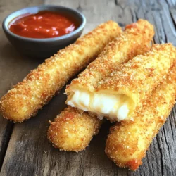 - 10 sticks of mozzarella cheese (string cheese) - 1 cup all-purpose flour - 2 large eggs - 1 cup seasoned breadcrumbs - 1 teaspoon garlic powder - 1 teaspoon dried oregano - 1/2 teaspoon cayenne pepper (optional) - Salt and pepper to taste - Vegetable oil for frying - Marinara sauce for dipping Gather these ingredients to create your homemade mozzarella sticks. Using string cheese gives you that perfect stretchy cheese effect. Flour adds a light coating, while seasoned breadcrumbs bring crunch. Garlic powder and oregano add flavor. If you like spice, cayenne pepper gives a nice kick. Don't forget salt and pepper! You’ll also need oil for frying and marinara sauce for dipping. This recipe is simple and fun. You can make it with friends or family. Enjoy the process and savor the cheesy, crispy results! For full details, check out the Full Recipe! Freezing the cheese is key to great mozzarella sticks. It keeps the cheese solid while frying. Without this step, the cheese might melt too fast and ooze out. Put the mozzarella sticks in the freezer for 30 minutes before you start. This helps you get that perfect stretch when you bite in. Next, set up your breading area. You need three bowls. In the first bowl, mix the flour with a little salt and pepper. In the second bowl, whisk the eggs until they are smooth. In the last bowl, combine the breadcrumbs with the garlic powder, oregano, and cayenne pepper if you like it spicy. Make sure everything is ready for easy dipping. Now it’s time to coat the cheese. Take the frozen mozzarella sticks out of the freezer. First, roll each stick in the flour. Shake off any extra flour. Then dip it into the egg mixture, letting the excess drip off. Finally, roll it in the breadcrumb mixture. Press gently so the crumbs stick well. For extra crunch, repeat the egg and breadcrumb steps. To fry, heat vegetable oil in a large skillet or deep fryer. You want about 1 to 2 inches of oil. Heat it to 350°F (175°C). Test the oil by dropping a small breadcrumb in; it should sizzle right away. Carefully add the cheese sticks to the hot oil in small batches. Don’t crowd the pan! Fry them for 1 to 2 minutes until they are golden brown and crispy. After frying, use a slotted spoon to take out the sticks. Place them on a plate lined with paper towels. This will soak up extra oil, keeping them crispy. For serving, arrange the mozzarella sticks on a nice plate. Pair them with marinara sauce for dipping. Enjoy these tasty treats right away for the best flavor! For the full recipe, check the section above. To get crispy mozzarella sticks, the oil needs to be hot. Heat vegetable oil to about 350°F (175°C). Use a thermometer for accuracy. If you do not have a thermometer, drop in a small breadcrumb. It should sizzle. Fry the sticks in small batches. This helps them cook evenly and stay crispy. Overcrowding the pan makes them soggy. One big mistake is skipping the freezing step. If the cheese is not frozen, it melts too fast. You end up with cheese oozing out. Another common error is not using enough oil. The sticks need to float while frying. If they sit on the bottom, they absorb oil. This leads to soggy breading. Serve your mozzarella sticks hot with marinara sauce. The sauce adds a nice tangy flavor. You can also add other dips like ranch or spicy aioli. For a fun twist, try mixing herbs into your breadcrumbs. Fresh basil or parsley can brighten the flavors. This makes for a tasty and colorful presentation. Use the Full Recipe for detailed steps on how to make these snacks. {{image_4}} To add a twist to your mozzarella sticks, try some spices. You can mix herbs into the breadcrumbs for a flavor boost. Here are some ideas: - Add 1 teaspoon of Italian seasoning for a classic taste. - Try 1/2 teaspoon of smoked paprika for a smoky kick. - For heat, mix in 1/2 teaspoon of chili powder. These spices will make your sticks pop with flavor! If you need a gluten-free version, no problem! You can swap regular flour and breadcrumbs for gluten-free options. Use: - 1 cup of gluten-free all-purpose flour. - 1 cup of gluten-free breadcrumbs. This way, everyone can enjoy your homemade treats without worries. Baking mozzarella sticks is a healthier choice. Here’s how to do it: 1. Preheat your oven to 400°F (200°C). 2. After coating the cheese sticks, place them on a baking sheet. 3. Spray them lightly with cooking oil. 4. Bake for 10-12 minutes until golden. Baking gives you a tasty crunch without the frying! You can find the full recipe in the earlier section. To keep your mozzarella sticks fresh, let them cool first. Place any leftovers in an airtight container. You can store them in the fridge for up to three days. For longer storage, freeze them. Wrap each stick in plastic wrap, then place them in a freezer-safe bag. They will stay good for up to two months. When you want to enjoy your leftovers, reheating them is key. The best method is to use the oven. Preheat your oven to 375°F (190°C). Place the mozzarella sticks on a baking sheet. Bake for about 10 minutes until they are hot and crispy. You can also use an air fryer. Set it to 350°F (175°C) and heat for 5 to 7 minutes. Avoid using a microwave, as it makes them soggy. To keep mozzarella sticks from leaking, freezing is key. Place the cheese in the freezer for 30 minutes. This helps it hold its shape while frying. Also, coat the sticks well in flour, egg, and breadcrumbs. A thick coating prevents cheese from oozing out. Fry them in hot oil, around 350°F (175°C). If the oil is hot enough, the coating seals quickly. Avoid overcrowding the pan, as this can lower the oil's temperature. Yes, you can use other types of cheese. Cheddar, pepper jack, or gouda work well. Just cut them into sticks similar to mozzarella. Keep in mind that softer cheeses may ooze more. For firmer options, stick to cheeses that melt well but hold their shape. Mixing cheeses can add great flavor, too. You can make mozzarella sticks ahead of time easily. First, prepare them as normal and freeze before frying. Place the breaded sticks on a tray and freeze until solid. Then, transfer them to a freezer bag. They can stay fresh for up to three months. When ready, fry them straight from the freezer. Just add a minute or two to the cooking time. This keeps them crisp and tasty. Making your own mozzarella sticks is fun and easy. You start with simple ingredients and follow a clear process. Freezing the cheese is key for keeping its shape. You learned how to bread, fry, and serve these snacks perfectly. Avoiding common mistakes helps you achieve the best taste and texture. Plus, there are great variations to explore. Don't forget to store leftovers properly to enjoy later. With these tips, you can impress friends and family with delicious, homemade mozzarella sticks. Enjoy your cooking journey!
