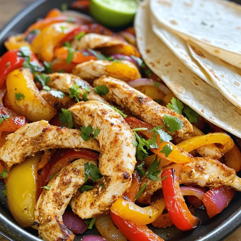 - 1.5 lbs boneless, skinless chicken breasts, sliced into thin strips - 2 tablespoons olive oil - 1 tablespoon chili powder - 1 teaspoon ground cumin - 1 teaspoon smoked paprika - ½ teaspoon garlic powder - ½ teaspoon onion powder - Salt and freshly ground black pepper to taste - 1 red bell pepper, sliced into thin strips - 1 yellow bell pepper, sliced into thin strips - 1 red onion, sliced into thin wedges - Juice of 1 lime - Fresh cilantro, chopped (for garnish) - Flour or corn tortillas (for serving) For this recipe, the listed ingredients serve about four people. If you need to serve more, just double the amounts. For smaller groups, cut the ingredients in half. This gives you flexibility based on your needs. To enhance the flavor, you can add more spices. Consider using smoked chipotle for heat or oregano for earthiness. You can also marinate the chicken for an hour or overnight in lime juice and spices. This adds depth and makes the chicken even tastier. For the Full Recipe, check the complete ingredient list and preparation steps. 1. First, preheat your oven to 400°F (200°C). This heat will help cook the chicken and veggies perfectly. 2. Next, line a large sheet pan with parchment paper. This makes cleanup easy and helps prevent sticking. 3. In a big mixing bowl, add 1.5 lbs of sliced chicken breasts. Drizzle in 2 tablespoons of olive oil for moisture and flavor. 4. Now, add the spices: 1 tablespoon of chili powder, 1 teaspoon of ground cumin, 1 teaspoon of smoked paprika, ½ teaspoon of garlic powder, and ½ teaspoon of onion powder. Add salt and pepper to taste. 5. Toss everything together. Make sure the chicken is well coated with the spice mix. 1. Add sliced red and yellow bell peppers and a red onion to the bowl. Squeeze juice from 1 lime over the mix. Toss again until everything is coated. 2. Carefully spread the chicken and veggie mix onto the prepared sheet pan. Make sure it’s in a single layer to roast evenly. 3. Place the pan in your preheated oven. Bake for 20-25 minutes. The chicken should reach an internal temperature of 165°F (74°C), and the veggies should be tender. 4. Stir the mixture halfway through the cooking time. This helps it roast evenly and develop great flavor. 1. Once cooked, take the pan out of the oven and let it cool for about 5 minutes. 2. Serve the warm fajita mix with tortillas. You can use flour or corn, depending on your taste. 3. For a fun touch, garnish with fresh cilantro. This adds color and brightness to the dish. 4. Consider serving the fajitas on a wooden board. You can add toppings like diced avocado, sour cream, and salsa on the side. This lets everyone customize their meal. For the full recipe, refer to the detailed instructions above. Enjoy your flavorful sheet pan chicken fajitas! To cut chicken and vegetables for fajitas, aim for thin strips. Thin slices cook faster and soak up flavors better. For chicken, slice against the grain. This makes it tender. Cut bell peppers and onions into uniform strips. This ensures even cooking. For even roasting on the sheet pan, spread the chicken and vegetables in a single layer. Avoid overcrowding the pan. If they touch, they will steam instead of roast. Stir halfway through cooking for even browning. Marinating chicken adds depth to the flavor. Use lime juice, olive oil, and spices to create a simple marinade. Let the chicken sit for at least 30 minutes. This helps the flavors infuse. When seasoning, use a mix of spices like chili powder and cumin. These spices add warmth. Don’t forget to season with salt and pepper. Taste as you go to adjust the flavors. For preparation, you need a cutting board and a sharp knife. These tools help you cut ingredients safely and easily. A large bowl is great for mixing the chicken and spices. A good quality sheet pan is key for roasting. Look for one that distributes heat evenly. Parchment paper makes cleanup easy. Tongs or a spatula help you serve the fajitas without making a mess. {{image_4}} You can switch up the protein in your fajitas. Try using steak, shrimp, or tofu. Each protein brings a unique flavor and texture. If you choose steak, cut it into thin strips. Shrimp should be peeled and deveined. Tofu needs to be pressed and cubed. Cooking times will change with each protein. - Steak: Cook for about 12-15 minutes. - Shrimp: They cook quickly, around 8-10 minutes. - Tofu: Bake for about 20-25 minutes, similar to chicken. You can make fajitas without meat. Use a mix of colorful veggies for a tasty meal. Great options include zucchini, mushrooms, and corn. You can also add black beans for protein. - Suggested veggie combinations: - Bell peppers and onions - Mushrooms and spinach - Zucchini and corn Fajitas are great in many forms. You can create fajita bowls or tacos. For bowls, layer rice, beans, and the fajita mix. Add toppings like avocado or salsa. For tacos, fill tortillas with the veggie mix and enjoy. If you have leftovers, get creative! You can make a quesadilla or a breakfast burrito. Just add eggs and cheese for a fun twist. For the full recipe, check it out to explore your options! Store leftover fajitas in airtight containers. This keeps them fresh. For the fridge, they last up to three days. If you want to keep them longer, freeze them. Fajitas can last in the freezer for up to three months. To maintain flavor and texture, separate the chicken from the vegetables before storing. This will help prevent sogginess. Reheat your fajitas in the oven for the best results. Set your oven to 350°F (175°C). Place the fajitas on a baking sheet and cover them with foil. Heat for about 15 minutes. You can also use a skillet on the stove. Just warm them over medium heat, stirring often. This method ensures even heating and keeps the chicken juicy. You can make fajitas ahead of time for quick meals. Slice the chicken and veggies and store them separately. Season them just before cooking. This way, you save time during busy weeks. Pair leftover fajitas with rice or salad for quick lunches. You can also use them in wraps or quesadillas, mixing things up for variety. For the full recipe, check out the details above. You can store leftover chicken fajitas in the fridge for up to three days. Make sure to place them in an airtight container. If you want to keep them longer, freeze them for up to three months. Just remember to thaw them in the fridge before reheating. Yes, you can use frozen vegetables. Just keep in mind that they may release more water during cooking. This can slightly change the taste and texture of the fajitas. If you use frozen veggies, check them halfway through cooking. You might need to adjust the cooking time. Some tasty side dishes are: - Mexican rice - Refried beans - Guacamole - Corn on the cob - Chips and salsa These sides add nice flavors and textures to your meal. You can also serve drinks like a refreshing margarita or a cold soda. The chicken is fully cooked when it reaches an internal temperature of 165°F (74°C). You can check this with a meat thermometer. Look for the chicken to be white and no longer pink inside. If it looks juicy and tender, it’s ready to enjoy! In this post, we explored how to make delicious sheet pan chicken fajitas. We discussed key ingredients, proper measurements, and flavor enhancements. I shared step-by-step cooking instructions and serving tips. You learned about various protein options and how to store leftovers. This dish is not only easy to prepare but also perfect for any meal. Enjoy your fajitas with friends and family for a tasty treat. With these tips, you can create flavorful meals that everyone will love. Happy cooking!