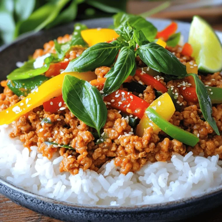 - Ground chicken - Fresh Thai basil leaves - Garlic and chilies To make Thai Basil Chicken, you need some key ingredients. First, ground chicken is your main protein. It cooks quickly and absorbs flavors well. Next, fresh Thai basil leaves add a unique taste. Their sweet and slightly spicy flavor is essential. Garlic and chilies bring depth and heat to this dish. - Soy sauce - Oyster sauce - Fish sauce - Sugar - Vegetable oil For sauces and seasonings, you need a few staples. Soy sauce adds saltiness and umami. Oyster sauce gives a rich sweetness. Fish sauce enhances the overall flavor, making it more savory. Sugar balances the salty notes and brings harmony. Vegetable oil helps sauté the ingredients without burning. - Cooked jasmine rice - Lime wedges - Sesame seeds for garnish When serving, jasmine rice is perfect to soak up flavors. It pairs well with the spicy chicken. Lime wedges add a fresh burst when squeezed over the dish. Finally, sesame seeds give a nice crunch and look appealing. For the full recipe, check the details above. First, gather all your ingredients. You will need: - 1 lb (450g) ground chicken - 2 cups fresh Thai basil leaves - 4 cloves garlic, finely minced - 2-3 Thai bird's eye chilies, finely chopped - 1 bell pepper (any color), thinly sliced - 2 tablespoons soy sauce - 1 tablespoon oyster sauce - 1 tablespoon fish sauce - 1 tablespoon sugar - 1 tablespoon vegetable oil - Cooked jasmine rice, for serving - Lime wedges, for garnish - Sesame seeds, for garnish (optional) Next, chop, slice, and measure everything. This makes cooking faster. You will need a skillet, a spatula, and some bowls. Heat the skillet over medium-high heat. Add the vegetable oil. Once it shimmers, toss in the minced garlic and chopped chilies. Sauté for about 30 seconds. You want them fragrant but not burned. Now, add the ground chicken. Break it apart with your spatula. Cook for about 4-5 minutes. The chicken should turn brown and cook all the way through. Mix in the sliced bell pepper. Sauté for another 2-3 minutes. You want the pepper to soften just a bit, but keep its crunch. In a small bowl, whisk together the soy sauce, oyster sauce, fish sauce, and sugar. Pour this mix over the chicken and pepper. Stir well to coat everything evenly. Remove the skillet from the heat. Gently fold in the Thai basil leaves. They will wilt with the heat. Serve the Thai Basil Chicken over jasmine rice. Add lime wedges on the side. Sprinkle sesame seeds for an extra crunch, if you like. Enjoy your meal! For the full recipe, check the details above. When making Thai basil chicken, fresh ingredients really shine. Start by picking fresh Thai basil. Look for bright green leaves without brown spots. Fresh basil gives a fragrant and sweet flavor. Next, consider your chilies. I love using Thai bird's eye chilies. They pack a punch! If you prefer less heat, you can use milder chilies. Dried chilies work too, but fresh ones taste best. Just remember, fresh chilies give more flavor. Fresh ingredients are a must for great taste. They enhance the dish and make it pop. Balancing spicy, sweet, and savory flavors is key. Use soy sauce and oyster sauce to add umami. Then, add sugar to bring in sweetness. Adjust the chilies to fit your taste. This balance creates a delicious meal. Heat matters when cooking. I recommend medium-high heat for sautéing. This helps the garlic and chilies release their flavors without burning. To keep your chicken moist, don’t overcook it. Cook until it turns brown and is no longer pink inside. Stir often to prevent sticking. This way, your chicken stays juicy and tender. For the full recipe, check out the Full Recipe section. Enjoy cooking! {{image_4}} You can easily change the protein in Thai basil chicken. If you want a vegetarian dish, use tofu or tempeh. Both options soak up flavors and add a nice texture. For meat lovers, consider using ground pork or beef. These proteins work well in this dish too. Just swap the chicken for your favorite option and keep the cooking method the same. Want more heat? Add extra bird's eye chilies to the mix. You can also include fresh ginger for a nice kick and extra flavor. Need less heat? Use fewer chilies or remove the seeds. This way, you control the spice level. Tailoring the heat makes the dish more enjoyable for everyone. Plating can make your meal shine. Try nesting the chicken on a bed of jasmine rice. Add a colorful sprinkle of bell pepper on top for a pop of color. Serve with lime wedges for a fresh touch. Consider pairing it with a side of steamed vegetables or a simple cucumber salad. These sides add flavor and texture, making your meal even better. For more ideas, check out the Full Recipe to explore different plating styles! To store your Thai Basil Chicken, let it cool first. Place it in an airtight container. This helps keep it fresh. It will last about 3 to 4 days in the fridge. Always check for any off smells before eating leftovers. When reheating, use low heat to keep it juicy. The stovetop is best for this dish. Add a splash of water to prevent drying out. If using a microwave, cover it with a damp paper towel. Heat in short bursts, stirring in between, to keep it moist. To freeze Thai Basil Chicken, cool it completely first. Place it in a freezer-safe container. It can last up to 2 months. When you want to eat it, thaw it overnight in the fridge. Reheat using the stovetop for the best taste and texture. To make Thai Basil Chicken spicy, adjust the chili quantity. Use fresh Thai bird's eye chilies for heat. You can add 2-3 chopped chilies based on your spice level. If you want more heat, add an extra chili or two. If you prefer less heat, use fewer chilies. It's all about your taste! If you can't find Thai basil, you can use other herbs. Sweet basil is a good choice, but it has a different flavor. You can also try mint or cilantro for a fresh twist. These herbs give a nice taste, but the dish will be different. So, feel free to experiment! Yes, you can make Thai Basil Chicken gluten-free. Use gluten-free soy sauce instead of regular. Many brands offer gluten-free options. Also, check for gluten-free versions of fish sauce and oyster sauce. Always read labels to be sure. This way, everyone can enjoy this tasty dish! For the complete cooking process, check the Full Recipe. In this post, we explored how to make delicious Thai Basil Chicken. We covered key ingredients, from ground chicken to fresh basil, and discussed sauces that pack flavor. I shared step-by-step cooking instructions and valuable tips for best results. You can switch proteins or adjust spice levels to suit your taste. Finally, we looked at storage options for leftovers. With these ideas, you can create a meal that's both tasty and fun. Enjoy your cooking adventure!