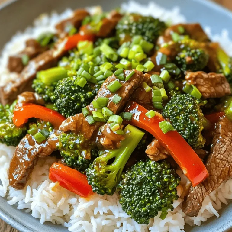 For Easy Beef and Broccoli Stir Fry, gather these ingredients: - 1 lb (450g) beef sirloin, thinly sliced against the grain - 3 cups fresh broccoli florets - 1 red bell pepper, sliced into thin strips - 3 cloves garlic, finely minced - 1 tablespoon fresh ginger, grated - 1/4 cup low-sodium soy sauce - 1 tablespoon honey - 2 tablespoons cornstarch, divided - 2 tablespoons vegetable oil - 1 teaspoon sesame oil - Salt and freshly cracked black pepper to taste - 2 green onions, sliced on the diagonal (for garnish) - Cooked jasmine rice or noodles, for serving Start by slicing the beef sirloin thinly. Cut against the grain for tenderness. Mince the garlic and grate the fresh ginger. Slice the red bell pepper into thin strips. Rinse the broccoli florets. This prep helps your stir fry cook evenly. Next, mix the beef with cornstarch, salt, and pepper in a bowl. Let it marinate for about 10 minutes. While the beef marinates, whisk together soy sauce, honey, ginger, and the remaining cornstarch in another bowl. This sauce adds flavor and thickness to your dish. - 1 lb = 450g - 1 tablespoon = 15 milliliters - 1 teaspoon = 5 milliliters - 1/4 cup = 60 milliliters - 3 cups = 720 milliliters These conversions help if you prefer using metric or need to adjust portions. For the full recipe, visit [Full Recipe]. To start, you need to marinate the beef. Take 1 pound of thinly sliced beef sirloin. Place it in a bowl and add 1 tablespoon of cornstarch. Sprinkle in a generous pinch of salt and some freshly cracked black pepper. Toss everything together until the beef is well coated. Let it sit for about 10 minutes. This step adds flavor and helps tenderize the meat. Next, grab a small mixing bowl. In it, mix together 1/4 cup of low-sodium soy sauce, 1 tablespoon of honey, and freshly grated ginger. Add the remaining tablespoon of cornstarch to this mix. Whisk it all until smooth. Set aside this sauce for later. It will tie all the flavors together. Heat 1 tablespoon of vegetable oil in a large skillet or wok over medium-high heat. Once the oil shimmers, add the marinated beef in a single layer. You might need to cook it in batches to avoid crowding. Sear the beef for 2-3 minutes until it turns brown. Once done, take the beef out and keep it warm on a plate. In the same skillet, add another tablespoon of vegetable oil. When it’s hot, toss in 3 cloves of minced garlic. Sauté for about 30 seconds, stirring often. You want it fragrant but not browned. Then, add 3 cups of fresh broccoli florets and 1 sliced red bell pepper. Stir-fry these for 4-5 minutes until they are bright and tender-crisp. Now it’s time to bring everything together. Return the seared beef to the pan and pour in the prepared sauce. Toss everything well to coat. Cook for another 2-3 minutes so the sauce thickens and covers the beef and veggies. Finally, drizzle 1 teaspoon of sesame oil over the dish for extra flavor. Toss again and remove from heat. Garnish with sliced green onions before serving over cooked jasmine rice or noodles. For the full recipe, check out the details provided above. Enjoy your meal! To make a great stir-fry, heat matters. Use a hot skillet or wok. This helps sear the beef quickly. It keeps the meat juicy and full of flavor. Cook the beef in small batches. This avoids steaming and ensures even cooking. Remember to toss the ingredients often. This keeps everything cooking evenly and prevents burning. Beef and broccoli need the right flavors. Use low-sodium soy sauce for a savory kick. Adding fresh garlic and ginger makes the dish aromatic. Honey brings a touch of sweetness that balances the salt. Don’t forget sesame oil! This adds a nutty finish that elevates the dish. Experiment with other spices too. A pinch of red pepper flakes can add some heat. Crisp vegetables make the dish pop. To achieve this, cook broccoli and bell peppers just until bright. They should still have a bit of crunch. Stir-fry them for about 4-5 minutes. If you see too much brown, you may be overcooking. Quick cooking keeps their color and nutrients. This makes your dish both tasty and healthy. For the full recipe, check out the Beef & Broccoli Bliss Stir Fry. {{image_4}} You can switch up the beef in this stir fry. Chicken, pork, or tofu work great. If you choose chicken, use boneless thighs for juiciness. Pork tenderloin adds a nice flavor. For a plant-based option, try firm tofu. Just press it to remove extra moisture before cooking. Feel free to mix in different veggies. Carrots, snap peas, or bell peppers add color and crunch. Mushrooms bring an earthy taste. You can also use green beans or bok choy for a fresh twist. The more colorful, the better! The sauce is key to this dish. If you want a spicier kick, add chili paste or sriracha. For a sweeter touch, use maple syrup instead of honey. You can also try adding sesame paste for extra depth. Adjust the soy sauce to your taste for a saltier flavor. Explore and find what you love! For the full recipe, check out the detailed instructions above. To store your Easy Beef and Broccoli Stir Fry, let it cool first. Place it in an airtight container. This keeps the flavors fresh and prevents spoilage. You can refrigerate it for up to three days. If you want to keep it longer, consider freezing it. When you’re ready to enjoy your stir fry again, reheat it gently. Use a skillet over medium heat. Add a splash of water or broth to keep it moist. Stir until heated through. You can also use a microwave. Heat in short bursts, stirring in between, to avoid hot spots. For freezing, make sure your stir fry is completely cooled. Transfer it to a freezer-safe container or bag. It can last up to three months in the freezer. To reheat, let it thaw overnight in the fridge. Then, follow the reheating instructions mentioned above for best results. To make Easy Beef and Broccoli Stir Fry from scratch, follow these steps: - Marinate 1 lb of thinly sliced beef with salt, pepper, and cornstarch. - Mix soy sauce, honey, ginger, and cornstarch for the sauce. - Heat oil in a skillet, cook the beef until brown, then set aside. - Stir-fry garlic, broccoli, and red bell pepper until tender-crisp. - Add the beef back and pour in the sauce. Toss and cook until thick. You can find the Full Recipe for detailed steps. Yes, you can use frozen broccoli. Just remember to thaw it first. Frozen broccoli cooks faster than fresh. You may want to reduce cooking time to avoid mushiness. Easy Beef and Broccoli Stir Fry pairs well with: - Cooked jasmine rice - Noodles - Quinoa You can also add a side salad for extra freshness. Easy Beef and Broccoli Stir Fry lasts about 3 to 4 days in the fridge. Store it in an airtight container to keep it fresh. Yes, meal prepping Easy Beef and Broccoli Stir Fry is easy. Cook it in advance and store it in portions. This dish reheats well and stays tasty. Just remember to store it properly! You learned about making Easy Beef and Broccoli Stir Fry. We covered the key ingredients, preparation, and cooking steps. I shared tips for perfecting your stir-fry and offered delicious variations. Storing and reheating your dish is easy when you follow the right methods. In the end, cooking can be both simple and fun. Experiment with flavors and enjoy your meal!