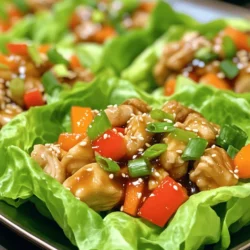 - 1 lb boneless, skinless chicken thighs, diced into bite-sized pieces - 1/4 cup alcohol-free teriyaki sauce - 2 tablespoons sesame oil - 1 tablespoon fresh ginger, finely grated - 2 cloves garlic, minced - 1 red bell pepper, finely chopped - 1 cup carrots, finely shredded - 1/2 cup green onions, thinly sliced - 1 tablespoon sesame seeds, for garnish - 1 head of butter lettuce or romaine lettuce, leaves separated for wrapping Using boneless, skinless chicken thighs ensures the meat stays juicy. Chicken thighs also absorb flavor well. I recommend using alcohol-free teriyaki sauce for a cleaner taste. Fresh ginger and garlic make a big difference in flavor. They bring warmth and depth to the dish. Choose fresh vegetables for the best taste. Crisp red bell pepper and crunchy carrots add color and texture. The green onions bring a mild onion flavor, which complements the teriyaki sauce. You can use chicken breast if you prefer a leaner option. Ground turkey or beef also works well in this recipe. For a vegetarian twist, try diced tofu or tempeh. If you can't find butter lettuce, romaine lettuce is a great alternative. For the teriyaki sauce, you can use soy sauce mixed with honey or maple syrup if you want a different flavor. For a spicy kick, add a bit of sriracha or chili paste to the chicken mix. You can also switch up the veggies based on what you have. Snow peas or bean sprouts can add a nice crunch too. Check the full recipe for more details on making these tasty Teriyaki Chicken Lettuce Wraps. To start, gather your ingredients and a medium mixing bowl. Take the diced chicken thighs and place them into the bowl. Next, add the alcohol-free teriyaki sauce, grated ginger, and minced garlic. Mix everything well so the chicken is fully coated. Marinating is key here. Let the chicken sit for at least 30 minutes. If you have more time, refrigerate it for up to 2 hours. This step enhances the flavor of the chicken. Now, heat a large skillet or wok over medium-high heat. Add the sesame oil and let it warm up. Once hot, add your marinated chicken to the pan. Keep the leftover marinade for later. Cook the chicken for about 6-8 minutes. Stir occasionally until it turns golden brown and is fully cooked. This is where the magic happens, as the chicken absorbs those rich flavors. With the chicken cooked, it's time to bring everything together. Add the finely chopped red bell pepper and shredded carrots to the skillet. Cook this mix for another 2-3 minutes, just until the veggies soften a bit but stay crunchy. If you reserved any marinade, pour it in now and let it simmer for one more minute. Remove the skillet from heat and fold in the sliced green onions. Now, take your lettuce leaves and carefully separate them. These will be your wraps. Use a spoon to scoop the chicken and vegetable filling into the center of each leaf. This creates a healthy and delicious wrap that’s fun to eat. Sprinkle sesame seeds on top for that extra crunch and flavor. Enjoy these tasty Teriyaki Chicken Lettuce Wraps as a fresh meal or snack! For the full recipe, check out the detailed instructions above. Marinating chicken is key for flavor. I suggest using fresh ginger and garlic. These ingredients boost taste and aroma. Combine them with teriyaki sauce in a bowl. Mix well with the diced chicken. Cover and let it sit for at least 30 minutes. If you can, marinate it for up to 2 hours. This longer time adds more flavor. Always refrigerate your marinating chicken to keep it safe. For the best texture, use boneless, skinless chicken thighs. They stay juicy and tender. When cooking, use medium-high heat. This helps the chicken cook evenly and brown nicely. Make sure to stir occasionally. This way, every piece gets that golden color. Cook until the chicken is no longer pink inside. It should take about 6-8 minutes. If you want extra flavor, add some reserved marinade during cooking. Serving is fun with lettuce wraps! Use butter or romaine lettuce for a nice crunch. Arrange your wraps on a platter. You can add a small bowl of extra teriyaki sauce for dipping. This sauce enhances the flavors even more. To make it pretty, sprinkle sesame seeds on top. Add sliced green onions for extra color. Enjoy your wraps fresh for the best taste. For the full recipe, check out the recipe details above! {{image_4}} If you want a vegetarian or vegan take on teriyaki chicken lettuce wraps, use tofu. Firm tofu works best. First, press the tofu to remove extra moisture. Then, dice it into cubes. Marinate it in the same teriyaki sauce for some great flavor. You can also use tempeh for a nutty taste. For a completely plant-based option, add chickpeas for protein. They blend well with the teriyaki sauce too. If you like some heat, add fresh chilies or chili paste. You can use Sriracha or sambal oelek for a quick kick. Start with a small amount, then taste as you go. If you want milder wraps, skip the heat or add more veggies. Sweet bell peppers and carrots can balance any spice. While teriyaki sauce is a classic choice, you can mix it up. Try hoisin sauce for a sweeter, thicker option. Peanut sauce can add a creamy texture and rich flavor. For a tangy twist, use ponzu sauce. Each sauce changes the taste, giving you new wraps each time. Explore these variations to keep your meals exciting. For the full recipe, check out the Teriyaki Chicken Lettuce Wraps. After making teriyaki chicken lettuce wraps, you can store them in the fridge. Place the wraps in an airtight container. They will stay fresh for about two days. To keep the lettuce crisp, store the filling and lettuce leaves separately. This helps maintain texture and flavor. You can freeze the chicken filling if you want to store it longer. First, let it cool completely. Then, place it in a freezer-safe bag or container. Be sure to remove as much air as possible. The filling will last for up to three months in the freezer. However, I do not recommend freezing the lettuce leaves. They will lose their crispness. To reheat the chicken filling, take it out of the freezer and let it thaw in the fridge overnight. You can reheat it on the stove over medium heat until warm. Stir occasionally to heat evenly. If you stored the filling in the fridge, you can heat it directly. Just warm it on the stove or in the microwave. Once heated, serve it with fresh lettuce leaves for a tasty meal. For the full recipe, check the link in the article. Yes, you can make Teriyaki Chicken Lettuce Wraps ahead of time. Prepare the chicken and veggies and store them in separate containers. This keeps the lettuce fresh. When you are ready to eat, just assemble the wraps. The flavors will blend well. This makes it easy for meal prep or quick lunches. Each serving of Teriyaki Chicken Lettuce Wraps contains around: - Calories: 320 - Protein: 25g - Fat: 18g - Carbohydrates: 12g - Fiber: 3g This recipe offers a good balance of protein and healthy fats. It is low in carbs, making it a great choice for many diets. You can easily customize the filling. Here are some ideas: - Add diced water chestnuts for crunch. - Use different vegetables like zucchini or mushrooms. - Swap teriyaki sauce for hoisin or sweet chili sauce. - Add fresh herbs like cilantro or mint for extra flavor. Feel free to mix and match to find your perfect taste! For the full recipe, check out the details above. This article gave you all the details on making Teriyaki Chicken Lettuce Wraps. We explored the key ingredients, preparation steps, and useful tips. You now have options for variations and storage advice. Remember, enjoy trying different flavors and spices. Experimenting makes cooking fun! Keep your wraps fresh and tasty to delight your family. Enjoy cooking and serving these healthy wraps!