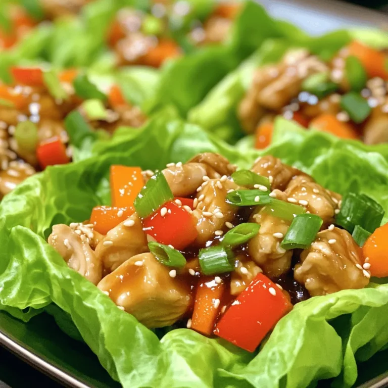 - 1 lb boneless, skinless chicken thighs, diced into bite-sized pieces - 1/4 cup alcohol-free teriyaki sauce - 2 tablespoons sesame oil - 1 tablespoon fresh ginger, finely grated - 2 cloves garlic, minced - 1 red bell pepper, finely chopped - 1 cup carrots, finely shredded - 1/2 cup green onions, thinly sliced - 1 tablespoon sesame seeds, for garnish - 1 head of butter lettuce or romaine lettuce, leaves separated for wrapping Using boneless, skinless chicken thighs ensures the meat stays juicy. Chicken thighs also absorb flavor well. I recommend using alcohol-free teriyaki sauce for a cleaner taste. Fresh ginger and garlic make a big difference in flavor. They bring warmth and depth to the dish. Choose fresh vegetables for the best taste. Crisp red bell pepper and crunchy carrots add color and texture. The green onions bring a mild onion flavor, which complements the teriyaki sauce. You can use chicken breast if you prefer a leaner option. Ground turkey or beef also works well in this recipe. For a vegetarian twist, try diced tofu or tempeh. If you can't find butter lettuce, romaine lettuce is a great alternative. For the teriyaki sauce, you can use soy sauce mixed with honey or maple syrup if you want a different flavor. For a spicy kick, add a bit of sriracha or chili paste to the chicken mix. You can also switch up the veggies based on what you have. Snow peas or bean sprouts can add a nice crunch too. Check the full recipe for more details on making these tasty Teriyaki Chicken Lettuce Wraps. To start, gather your ingredients and a medium mixing bowl. Take the diced chicken thighs and place them into the bowl. Next, add the alcohol-free teriyaki sauce, grated ginger, and minced garlic. Mix everything well so the chicken is fully coated. Marinating is key here. Let the chicken sit for at least 30 minutes. If you have more time, refrigerate it for up to 2 hours. This step enhances the flavor of the chicken. Now, heat a large skillet or wok over medium-high heat. Add the sesame oil and let it warm up. Once hot, add your marinated chicken to the pan. Keep the leftover marinade for later. Cook the chicken for about 6-8 minutes. Stir occasionally until it turns golden brown and is fully cooked. This is where the magic happens, as the chicken absorbs those rich flavors. With the chicken cooked, it's time to bring everything together. Add the finely chopped red bell pepper and shredded carrots to the skillet. Cook this mix for another 2-3 minutes, just until the veggies soften a bit but stay crunchy. If you reserved any marinade, pour it in now and let it simmer for one more minute. Remove the skillet from heat and fold in the sliced green onions. Now, take your lettuce leaves and carefully separate them. These will be your wraps. Use a spoon to scoop the chicken and vegetable filling into the center of each leaf. This creates a healthy and delicious wrap that’s fun to eat. Sprinkle sesame seeds on top for that extra crunch and flavor. Enjoy these tasty Teriyaki Chicken Lettuce Wraps as a fresh meal or snack! For the full recipe, check out the detailed instructions above. Marinating chicken is key for flavor. I suggest using fresh ginger and garlic. These ingredients boost taste and aroma. Combine them with teriyaki sauce in a bowl. Mix well with the diced chicken. Cover and let it sit for at least 30 minutes. If you can, marinate it for up to 2 hours. This longer time adds more flavor. Always refrigerate your marinating chicken to keep it safe. For the best texture, use boneless, skinless chicken thighs. They stay juicy and tender. When cooking, use medium-high heat. This helps the chicken cook evenly and brown nicely. Make sure to stir occasionally. This way, every piece gets that golden color. Cook until the chicken is no longer pink inside. It should take about 6-8 minutes. If you want extra flavor, add some reserved marinade during cooking. Serving is fun with lettuce wraps! Use butter or romaine lettuce for a nice crunch. Arrange your wraps on a platter. You can add a small bowl of extra teriyaki sauce for dipping. This sauce enhances the flavors even more. To make it pretty, sprinkle sesame seeds on top. Add sliced green onions for extra color. Enjoy your wraps fresh for the best taste. For the full recipe, check out the recipe details above! {{image_4}} If you want a vegetarian or vegan take on teriyaki chicken lettuce wraps, use tofu. Firm tofu works best. First, press the tofu to remove extra moisture. Then, dice it into cubes. Marinate it in the same teriyaki sauce for some great flavor. You can also use tempeh for a nutty taste. For a completely plant-based option, add chickpeas for protein. They blend well with the teriyaki sauce too. If you like some heat, add fresh chilies or chili paste. You can use Sriracha or sambal oelek for a quick kick. Start with a small amount, then taste as you go. If you want milder wraps, skip the heat or add more veggies. Sweet bell peppers and carrots can balance any spice. While teriyaki sauce is a classic choice, you can mix it up. Try hoisin sauce for a sweeter, thicker option. Peanut sauce can add a creamy texture and rich flavor. For a tangy twist, use ponzu sauce. Each sauce changes the taste, giving you new wraps each time. Explore these variations to keep your meals exciting. For the full recipe, check out the Teriyaki Chicken Lettuce Wraps. After making teriyaki chicken lettuce wraps, you can store them in the fridge. Place the wraps in an airtight container. They will stay fresh for about two days. To keep the lettuce crisp, store the filling and lettuce leaves separately. This helps maintain texture and flavor. You can freeze the chicken filling if you want to store it longer. First, let it cool completely. Then, place it in a freezer-safe bag or container. Be sure to remove as much air as possible. The filling will last for up to three months in the freezer. However, I do not recommend freezing the lettuce leaves. They will lose their crispness. To reheat the chicken filling, take it out of the freezer and let it thaw in the fridge overnight. You can reheat it on the stove over medium heat until warm. Stir occasionally to heat evenly. If you stored the filling in the fridge, you can heat it directly. Just warm it on the stove or in the microwave. Once heated, serve it with fresh lettuce leaves for a tasty meal. For the full recipe, check the link in the article. Yes, you can make Teriyaki Chicken Lettuce Wraps ahead of time. Prepare the chicken and veggies and store them in separate containers. This keeps the lettuce fresh. When you are ready to eat, just assemble the wraps. The flavors will blend well. This makes it easy for meal prep or quick lunches. Each serving of Teriyaki Chicken Lettuce Wraps contains around: - Calories: 320 - Protein: 25g - Fat: 18g - Carbohydrates: 12g - Fiber: 3g This recipe offers a good balance of protein and healthy fats. It is low in carbs, making it a great choice for many diets. You can easily customize the filling. Here are some ideas: - Add diced water chestnuts for crunch. - Use different vegetables like zucchini or mushrooms. - Swap teriyaki sauce for hoisin or sweet chili sauce. - Add fresh herbs like cilantro or mint for extra flavor. Feel free to mix and match to find your perfect taste! For the full recipe, check out the details above. This article gave you all the details on making Teriyaki Chicken Lettuce Wraps. We explored the key ingredients, preparation steps, and useful tips. You now have options for variations and storage advice. Remember, enjoy trying different flavors and spices. Experimenting makes cooking fun! Keep your wraps fresh and tasty to delight your family. Enjoy cooking and serving these healthy wraps!