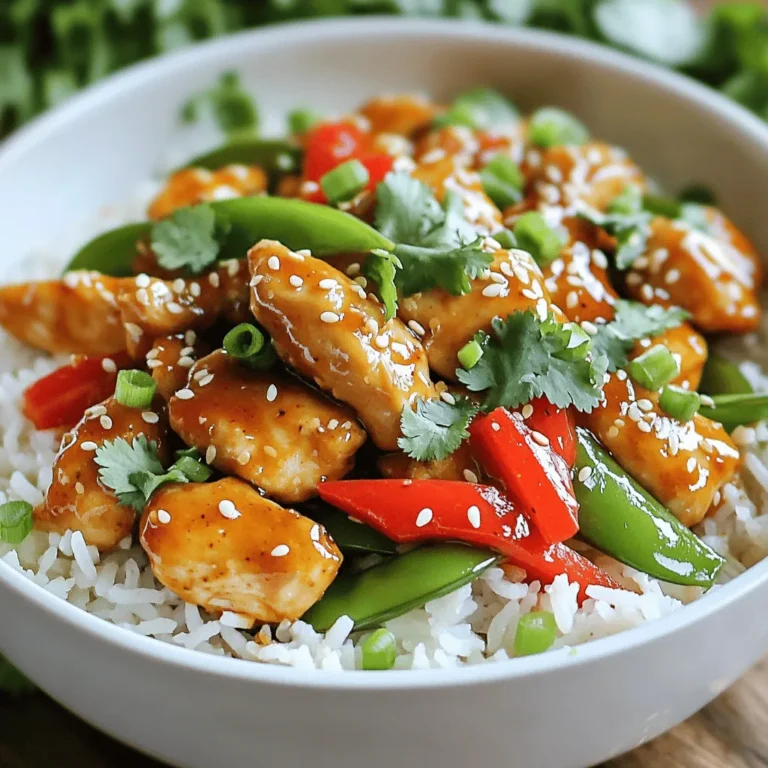 To make Sweet Chili Chicken Bowls, you need the following ingredients: - 2 boneless, skinless chicken breasts, diced into bite-sized pieces - 1 cup jasmine rice - 1 cup low-sodium chicken broth - 1 red bell pepper, thinly sliced - 1 cup snap peas, trimmed and halved - 2 cloves garlic, minced - 1 tablespoon fresh ginger, grated - 1/3 cup sweet chili sauce - 2 tablespoons soy sauce - 1 tablespoon sesame oil - Salt and pepper to taste - 2 green onions, chopped for garnish - Sesame seeds for garnish - Fresh cilantro leaves for garnish (optional) This recipe serves four and takes about 35 minutes to prepare. You can easily swap out some ingredients if you want to change things up. Here are a few ideas: - Use quinoa or brown rice instead of jasmine rice for more fiber. - Swap the chicken for tofu or shrimp for a different protein. - Try adding broccoli or carrots for more color and crunch. - Use low-sodium soy sauce to cut back on salt. - If you like heat, add sliced jalapeños or chili flakes. These changes can help you customize the dish to your taste. Each serving of Sweet Chili Chicken Bowls is packed with nutrition. Here’s a quick look at what you get: - Calories: About 400 - Protein: 30 grams - Fat: 10 grams - Carbohydrates: 50 grams - Fiber: 3 grams - Sugar: 8 grams This meal is not only tasty but also provides balanced nutrition. You can feel good about serving it to your family! To cook jasmine rice, first rinse 1 cup of rice in cold water. This helps remove excess starch. In a medium saucepan, combine the rinsed rice with 1 cup of low-sodium chicken broth. Bring this to a boil over medium-high heat. Once it boils, cover the pan and reduce the heat to low. Let it cook for 15-18 minutes. After that, take it off the heat but keep it covered for 5 more minutes. This steaming makes the rice fluffy. While the rice cooks, let’s prepare the chicken. Heat 1 tablespoon of sesame oil in a large skillet over medium-high heat. Cut 2 boneless, skinless chicken breasts into bite-sized pieces. Season them with salt and pepper. Add the chicken to the hot skillet. Sauté for 5-7 minutes. Stir occasionally. The chicken should be golden brown and cooked through. Now, let’s add some flavor. Once the chicken is cooked, add 2 minced garlic cloves and 1 tablespoon of grated ginger to the skillet. Stir for about 30 seconds. The garlic and ginger will smell great! Next, add 1 thinly sliced red bell pepper and 1 cup of snap peas that are trimmed and halved. Sauté this mixture for 3-4 minutes. You want the veggies to be tender but still crunchy. It’s time to make the dish really shine. Drizzle 1/3 cup of sweet chili sauce and 2 tablespoons of soy sauce over the chicken and veggies. Mix everything well so each piece gets coated. Let it simmer for 2-3 minutes. This helps the sauce thicken a bit. After this, your sweet chili chicken is ready to serve over the fluffy jasmine rice. Enjoy your homemade Sweet Chili Chicken Bowls! For the complete recipe, check out the Full Recipe. To fluff jasmine rice, start with rinsing it well. Rinse until the water runs clear. This removes excess starch and helps the rice stay light. Use a 1:1 ratio of rice to chicken broth. After cooking, let it sit for five minutes. Then, use a fork to gently fluff the rice. This keeps the grains separate and airy. Marinading chicken adds flavor and tenderness. Use sweet chili sauce as a base for your marinade. Add a splash of soy sauce for depth. Let the chicken sit in the marinade for at least 30 minutes. For even more flavor, marinate overnight in the fridge. This helps the chicken soak up all that tasty goodness. To cook vegetables well, cut them into uniform pieces. This ensures even cooking. Start with the hardest vegetables first, like bell peppers. Add softer veggies, like snap peas, later. Sauté them for just a few minutes. This keeps them crisp and vibrant. Always season with salt and pepper during cooking. This brings out their natural flavors. {{image_4}} You can easily switch up the protein in this dish. Instead of chicken, try shrimp or tofu. Shrimp cooks fast, so add it to the pan for just 3-5 minutes. Tofu is great for a plant-based option. Use firm tofu, press it to remove extra water, and then cube it. Sauté it until golden. Both options taste amazing with the sweet chili sauce. To make this dish vegetarian or vegan, swap the chicken for tofu or tempeh. Use vegetable broth instead of chicken broth. This keeps the flavor rich without meat. You can also add more veggies like carrots or mushrooms. This adds color and nutrition. With these changes, you still get a satisfying meal. Feel free to experiment with different sauces. If sweet chili sauce isn’t your favorite, try teriyaki or hoisin sauce. Each sauce brings a unique flavor. You can also add a splash of lime juice for a bit of tang. Mixing in some Sriracha can give it a spicy kick. Get creative and find what you love. To keep your Sweet Chili Chicken Bowls fresh, store them in an airtight container. Let the bowls cool down before sealing. Place the container in the fridge. They will stay good for up to three days. If you want to eat them later, freezing is a great option. When you're ready to eat your leftovers, reheating is simple. Place the bowl in the microwave. Heat for about 1-2 minutes. Stir halfway through to ensure even heating. If using a stove, add a splash of water or broth to the pan. Heat on medium until warm. This keeps the rice moist and tasty. Freezing is a smart way to save time. To freeze, divide the chicken and rice into portions. Use freezer-safe bags or containers. Make sure to remove as much air as possible. Label each bag with the date. You can freeze the bowls for up to three months. When ready to eat, thaw in the fridge overnight and reheat as mentioned above. Enjoy your delicious meal anytime! Yes, you can use brown rice. Brown rice has more fiber and nutrients. Keep in mind that brown rice takes longer to cook. It usually requires about 40-50 minutes. You will need more water too, about 2 cups for every cup of brown rice. If you don't have sweet chili sauce, try mixing honey with sriracha. This mix gives sweetness and heat. You can also use hoisin sauce for a different flavor. Adjust the quantity to fit your taste. To make it gluten-free, swap soy sauce for a gluten-free version. You can find tamari sauce in stores. Also, check that your sweet chili sauce is gluten-free. Many brands offer gluten-free options. This way, you can enjoy the dish without worry. For the complete cooking process, check the Full Recipe. This blog post covered how to make sweet chili chicken bowls. I shared the ingredients, step-by-step cooking methods, and useful tips to enhance your dish. You learned how to store leftovers and even explored variations like tofu or shrimp. Cooking can be simple and fun with these easy recipes and suggestions. I hope you feel inspired to try this dish, make it your own, and enjoy great flavors!